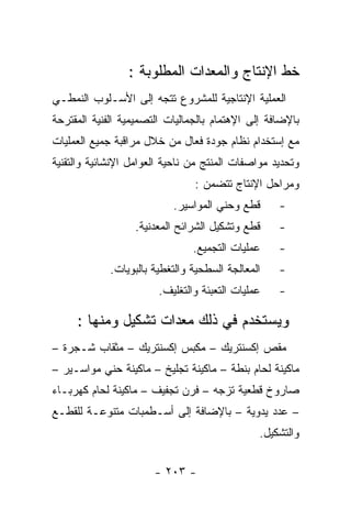 ‫ﺨﻁ ﺍﻹﻨﺘﺎﺝ ﻭﺍﻟﻤﻌﺩﺍﺕ ﺍﻟﻤﻁﻠﻭﺒﺔ :‬
‫ﺍﻟﻌﻤﻠﻴﺔ ﺍﻹﻨﺘﺎﺠﻴﺔ ﻟﻠﻤﺸﺭﻭﻉ ﺘﺘﺠﻪ ﺇﻟﻰ ﺍﻷﺴـﻠﻭﺏ ﺍﻟﻨﻤﻁـﻲ‬
‫ﺒﺎﻹﻀﺎﻓﺔ ﺇﻟﻰ ﺍﻹﻫﺘﻤﺎﻡ ﺒﺎﻟﺠﻤﺎﻟﻴﺎﺕ ﺍﻟﺘﺼﻤﻴﻤﻴﺔ ﺍﻟﻔﻨﻴﺔ ﺍﻟﻤﻘﺘﺭﺤﺔ‬
‫ﻤﻊ ﺇﺴﺘﺨﺩﺍﻡ ﻨﻅﺎﻡ ﺠﻭﺩﺓ ﻓﻌﺎل ﻤﻥ ﺨﻼل ﻤﺭﺍﻗﺒﺔ ﺠﻤﻴﻊ ﺍﻟﻌﻤﻠﻴﺎﺕ‬
‫ﻭﺘﺤﺩﻴﺩ ﻤﻭﺍﺼﻔﺎﺕ ﺍﻟﻤﻨﺘﺞ ﻤﻥ ﻨﺎﺤﻴﺔ ﺍﻟﻌﻭﺍﻤل ﺍﻹﻨﺸﺎﺌﻴﺔ ﻭﺍﻟﺘﻘﻨﻴﺔ‬
                                ‫ﻭﻤﺭﺍﺤل ﺍﻹﻨﺘﺎﺝ ﺘﺘﻀﻤﻥ :‬
                           ‫ﻗﻁﻊ ﻭﺤﻨﻲ ﺍﻟﻤﻭﺍﺴﻴﺭ.‬      ‫-‬
                  ‫ﻗﻁﻊ ﻭﺘﺸﻜﻴل ﺍﻟﺸﺭﺍﺌﺢ ﺍﻟﻤﻌﺩﻨﻴﺔ.‬     ‫-‬
                                ‫ﻋﻤﻠﻴﺎﺕ ﺍﻟﺘﺠﻤﻴﻊ.‬    ‫-‬
             ‫ﺍﻟﻤﻌﺎﻟﺠﺔ ﺍﻟﺴﻁﺤﻴﺔ ﻭﺍﻟﺘﻐﻁﻴﺔ ﺒﺎﻟﺒﻭﻴﺎﺕ.‬   ‫-‬
                        ‫ﻋﻤﻠﻴﺎﺕ ﺍﻟﺘﻌﺒﺌﺔ ﻭﺍﻟﺘﻐﻠﻴﻑ.‬   ‫-‬

     ‫ﻭﻴﺴﺘﺨﺩﻡ ﻓﻲ ﺫﻟﻙ ﻤﻌﺩﺍﺕ ﺘﺸﻜﻴل ﻭﻤﻨﻬﺎ :‬
‫ﻤﻘﺹ ﺇﻜﺴﻨﺘﺭﻴﻙ – ﻤﻜﺒﺱ ﺇﻜﺴﻨﺘﺭﻴﻙ – ﻤﺜﻘﺎﺏ ﺸـﺠﺭﺓ –‬
‫ﻤﺎﻜﻴﻨﺔ ﻟﺤﺎﻡ ﺒﻨﻁﺔ – ﻤﺎﻜﻴﻨﺔ ﺘﺠﻠﻴﺦ – ﻤﺎﻜﻴﻨﺔ ﺤﻨﻲ ﻤﻭﺍﺴـﻴﺭ –‬
‫ﺼﺎﺭﻭﺥ ﻗﻁﻌﻴﺔ ﺘﺯﺠﻪ – ﻓﺭﻥ ﺘﺠﻔﻴﻑ – ﻤﺎﻜﻴﻨﺔ ﻟﺤﺎﻡ ﻜﻬﺭﺒـﺎﺀ‬
‫– ﻋﺩﺩ ﻴﺩﻭﻴﺔ – ﺒﺎﻹﻀﺎﻓﺔ ﺇﻟﻰ ﺃﺴـﻁﻤﺒﺎﺕ ﻤﺘﻨﻭﻋـﺔ ﻟﻠﻘﻁـﻊ‬
                                               ‫ﻭﺍﻟﺘﺸﻜﻴل.‬


                       ‫- ٣٠٢ -‬
 