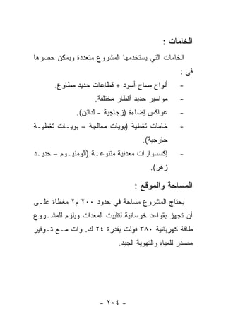 ‫ﺍﻟﺨﺎﻤﺎﺕ :‬
‫ﺍﻟﺨﺎﻤﺎﺕ ﺍﻟﺘﻲ ﻴﺴﺘﺨﺩﻤﻬﺎ ﺍﻟﻤﺸﺭﻭﻉ ﻤﺘﻌﺩﺩﺓ ﻭﻴﻤﻜﻥ ﺤﺼﺭﻫﺎ‬
                                                  ‫ﻓﻲ :‬
      ‫ﺃﻟﻭﺍﺡ ﺼﺎﺝ ﺃﺴﻭﺩ + ﻗﻁﺎﻋﺎﺕ ﺤﺩﻴﺩ ﻤﻁﺎﻭﻉ.‬         ‫-‬
                    ‫ﻤﻭﺍﺴﻴﺭ ﺤﺩﻴﺩ ﺃﻗﻁﺎﺭ ﻤﺨﺘﻠﻔﺔ.‬     ‫-‬
              ‫ﻋﻭﺍﻜﺱ ﺇﻀﺎﺀﺓ )ﺯﺠﺎﺠﻴﺔ - ﻟﺩﺍﺌﻥ(.‬       ‫-‬
‫ﺨﺎﻤﺎﺕ ﺘﻐﻁﻴﺔ )ﺒﻭﻴﺎﺕ ﻤﻌﺎﻟﺠﺔ – ﺒﻭﻴـﺎﺕ ﺘﻐﻁﻴـﺔ‬         ‫-‬
                                    ‫ﺨﺎﺭﺠﻴﺔ(.‬
‫ﺇﻜﺴﺴﻭﺍﺭﺍﺕ ﻤﻌﺩﻨﻴﺔ ﻤﺘﻨﻭﻋـﺔ )ﺃﻟﻭﻤﻨﻴـﻭﻡ – ﺤﺩﻴـﺩ‬       ‫-‬
                                       ‫ﺯﻫﺭ(.‬

                                 ‫ﺍﻟﻤﺴﺎﺤﺔ ﻭﺍﻟﻤﻭﻗﻊ :‬
‫ﻴﺤﺘﺎﺝ ﺍﻟﻤﺸﺭﻭﻉ ﻤﺴﺎﺤﺔ ﻓﻲ ﺤﺩﻭﺩ ٠٠٢ ﻡ٢ ﻤﻐﻁﺎﺓ ﻋﻠـﻰ‬
‫ﺃﻥ ﺘﺠﻬﺯ ﺒﻘﻭﺍﻋﺩ ﺨﺭﺴﺎﻨﻴﺔ ﻟﺘﺜﺒﻴﺕ ﺍﻟﻤﻌﺩﺍﺕ ﻭﻴﻠﺯﻡ ﻟﻠﻤﺸـﺭﻭﻉ‬
‫ﻁﺎﻗﺔ ﻜﻬﺭﺒﺎﺌﻴﺔ ٠٨٣ ﻓﻭﻟﺕ ﺒﻘﺩﺭﺓ ٤٢ ﻙ. ﻭﺍﺕ ﻤـﻊ ﺘـﻭﻓﻴﺭ‬
                            ‫ﻤﺼﺩﺭ ﻟﻠﻤﻴﺎﻩ ﻭﺍﻟﺘﻬﻭﻴﺔ ﺍﻟﺠﻴﺩ.‬




                     ‫- ٤٠٢ -‬
 