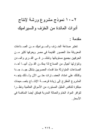 ‫٢-٠١ ﻨﻤﻭﺫﺝ ﻤﺸﺭﻭﻉ ﻭﺭﺸﺔ ﻹﻨﺘﺎﺝ‬
   ‫ﺃﺩﻭﺍﺕ ﺍﻟﻤﺎﺌﺩﺓ ﻤﻥ ﺍﻟﺨﺯﻑ ﻭﺍﻟﺴﻴﺭﺍﻤﻴﻙ‬

                                                ‫ﻤﻘﺩﻤﺔ :‬
‫ﺘﻌﺘﺒﺭ ﺼﻨﺎﻋﺔ ﺍﻟﺨـﺯﻑ ﻭﺍﻟﺴـﻴﺭﺍﻤﻴﻙ ﻤـﻥ ﺍﻟﺼـﻨﺎﻋﺎﺕ‬
‫ﺍﻟﻤﻌﺭﻭﻓﺔ ﻤﻨﺫ ﺍﻟﻌﺼﻭﺭ ﺍﻟﻘﺩﻴﻤﺔ ﻓﻲ ﻤﺼﺭ ﻭﻴﻌﺭﻓﻬﺎ ﻜﺜﻴﺭ ﻤـﻥ‬
‫ﺍﻟﺤﺭﻓﻴﻴﻥ ﺒﺠﻤﻴﻊ ﻤﺴﺘﻭﻴﺎﺘﻬﺎ ﻭﺘﻨﺘﺸـﺭ ﻓـﻲ ﺍﻟﻘـﺭﻯ ﻭﺍﻟﻤـﺩﻥ‬
‫ﻭﺘﺘﻭﺍﺭﺜﻬﺎ ﺃﺠﻴﺎل ﻤﻥ ﺍﻟﺼﻨﺎﻉ ﻟﺫﺍ ﻴﻤﻜـﻥ ﺍﻟﻘـﻭل ﺃﻨﻬـﺎ ﺃﺤـﺩ‬
‫ﺍﻟﺼﻨﺎﻋﺎﺕ ﺍﻟﻤﺘﻭﺍﺭﺜﺔ ﻤﻨﺫ ﻗﺩﻤﺎﺀ ﺍﻟﻤﺼﺭﻴﻴﻥ ﺒﺸﻜل ﺠﻴـﺩ ﺠـﺩﺍ‬
‫ﻭﻜﺫﻟﻙ ﻋﻠﻰ ﺍﻤﺘﺩﺍﺩ ﺍﻟﺤﻀـﺎﺭﺍﺕ ﺤﺘـﻰ ﺍﻵﻥ ﻭﻟـﺫﻟﻙ ﻴﺘﺠـﻪ‬
‫ﺍﻟﻤﺸﺭﻭﻉ ﺍﻟﻤﻘﺘﺭﺡ ﺇﻟﻰ ﺯﻴﺎﺩﺓ ﻓﺭﺼـﺔ ﺍﻹﻨﺘـﺎﺝ ﺒﺘﺼـﻤﻴﻤﺎﺕ‬
‫ﻤﺒﺘﻜﺭﺓ ﻟﺘﻨﺎﻓﺱ ﺍﻟﻤﺜﻴل ﺍﻟﻤﺴﺘﻭﺭﺩ ﻤﻥ ﺍﻷﺴﻭﺍﻕ ﺍﻟﻌﺎﻟﻤﻴﺔ ﻭﻨﻅـﺭﺍ‬
‫ﻟﺘﻭﺍﻓﺭ ﺍﻟﻤﻭﺍﺩ ﺍﻟﺨﺎﻡ ﻭﺍﻟﻌﻤﺎﻟﺔ ﺍﻟﻤﺩﺭﺒﺔ ﻓﻴﻤﻜﻥ ﺃﻴﻀﺎ ﺍﻟﻤﻨﺎﻓﺴﺔ ﻓﻲ‬
                                                  ‫ﺍﻷﺴﻌﺎﺭ.‬




                        ‫- ٩١٢ -‬
 