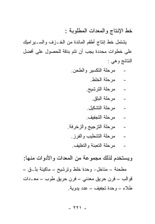 ‫ﺨﻁ ﺍﻹﻨﺘﺎﺝ ﻭﺍﻟﻤﻌﺩﺍﺕ ﺍﻟﻤﻁﻠﻭﺒﺔ :‬
‫ﻴﺸﺘﻤل ﺨﻁ ﺇﻨﺘﺎﺝ ﺃﻁﻘﻡ ﺍﻟﻤﺎﺌﺩﺓ ﻤﻥ ﺍﻟﺨـﺯﻑ ﻭﺍﻟﺴـﻴﺭﺍﻤﻴﻙ‬
‫ﻋﻠﻰ ﺨﻁﻭﺍﺕ ﻤﺤﺩﺩﺓ ﻴﺠﺏ ﺃﻥ ﺘﺘﻡ ﺒﺩﻗﺔ ﻟﻠﺤﺼﻭل ﻋﻠﻰ ﺃﻓﻀل‬
                                          ‫ﺍﻟﻨﺘﺎﺌﺞ ﻭﻫﻲ :‬
                      ‫ﻤﺭﺤﻠﺔ ﺍﻟﺘﻜﺴﻴﺭ ﻭﺍﻟﻁﺤﻥ.‬       ‫-‬
                                ‫ﻤﺭﺤﻠﺔ ﺍﻟﺨﻠﻁ.‬      ‫-‬
                              ‫ﻤﺭﺤﻠﺔ ﺍﻟﺘﺭﺸﻴﺢ.‬      ‫-‬
                                 ‫ﻤﺭﺤﻠﺔ ﺍﻟﺒﺜﻕ.‬     ‫-‬
                              ‫ﻤﺭﺤﻠﺔ ﺍﻟﺘﺸﻜﻴل.‬      ‫-‬
                              ‫ﻤﺭﺤﻠﺔ ﺍﻟﺘﺠﻔﻴﻑ.‬      ‫-‬
                     ‫ﻤﺭﺤﻠﺔ ﺍﻟﺘﺯﺠﻴﺞ ﻭﺍﻟﺯﺨﺭﻓﺔ.‬      ‫-‬
                      ‫ﻤﺭﺤﻠﺔ ﺍﻟﺘﺸﻁﻴﺏ ﻭﺍﻟﻔﺭﺯ.‬       ‫-‬
                       ‫ﻤﺭﺤﻠﺔ ﺍﻟﺘﻌﺒﺌﺔ ﻭﺍﻟﺘﻐﻠﻴﻑ.‬    ‫-‬

‫ﻭﻴﺴﺘﺨﺩﻡ ﻟﺫﻟﻙ ﻤﺠﻤﻭﻋﺔ ﻤﻥ ﺍﻟﻤﻌﺩﺍﺕ ﻭﺍﻷﺩﻭﺍﺕ ﻤﻨﻬﺎ:‬
‫ﻤﻁﺤﻨﺔ – ﻤﻨﺎﺨل- ﻭﺤﺩﺓ ﺨﻠﻁ ﻭﺘﺭﺸﻴﺢ – ﻤﺎﻜﻴﻨﺔ ﺒﺜـﻕ –‬
‫ﻗﻭﺍﻟﺏ – ﻓﺭﻥ ﺤﺭﻴﻕ ﻤﻌﺩﻨﻲ – ﻓﺭﻥ ﺤﺭﻴﻕ ﻁﻭﺏ – ﻤﻌـﺩﺍﺕ‬
                     ‫ﻁﻼﺀ – ﻭﺤﺩﺓ ﺘﺠﻔﻴﻑ – ﻋﺩﺩ ﻴﺩﻭﻴﺔ.‬


                     ‫- ١٢٢ -‬
 