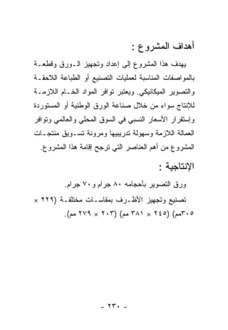 ‫ﺃﻫﺩﺍﻑ ﺍﻟﻤﺸﺭﻭﻉ :‬
‫ﻴﻬﺩﻑ ﻫﺫﺍ ﺍﻟﻤﺸﺭﻭﻉ ﺇﻟﻰ ﺇﻋﺩﺍﺩ ﻭﺘﺠﻬﻴﺯ ﺍﻟـﻭﺭﻕ ﻭﻗﻁﻌـﺔ‬
‫ﺒﺎﻟﻤﻭﺍﺼﻔﺎﺕ ﺍﻟﻤﻨﺎﺴﺒﺔ ﻟﻌﻤﻠﻴﺎﺕ ﺍﻟﺘﺼﻨﻴﻊ ﺃﻭ ﺍﻟﻁﺒﺎﻋﺔ ﺍﻟﻼﺤﻘـﺔ‬
‫ﻭﺍﻟﺘﺼﻭﻴﺭ ﺍﻟﻤﻴﻜﺎﻨﻴﻜﻲ. ﻭﻴﻌﺘﺒﺭ ﺘﻭﺍﻓﺭ ﺍﻟﻤﻭﺍﺩ ﺍﻟﺨـﺎﻡ ﺍﻟﻼﺯﻤـﺔ‬
‫ﻟﻺﻨﺘﺎﺝ ﺴﻭﺍﺀ ﻤﻥ ﺨﻼل ﺼﻨﺎﻋﺔ ﺍﻟﻭﺭﻕ ﺍﻟﻭﻁﻨﻴﺔ ﺃﻭ ﺍﻟﻤﺴﺘﻭﺭﺩﺓ‬
‫ﻭﺇﺴﺘﻘﺭﺍﺭ ﺍﻷﺴﻌﺎﺭ ﺍﻟﻨﺴﺒﻲ ﻓﻲ ﺍﻟﺴﻭﻕ ﺍﻟﻤﺤﻠﻲ ﻭﺍﻟﻌﺎﻟﻤﻲ ﻭﺘﻭﺍﻓﺭ‬
‫ﺍﻟﻌﻤﺎﻟﺔ ﺍﻟﻼﺯﻤﺔ ﻭﺴﻬﻭﻟﺔ ﺘﺩﺭﻴﺒﻴﻬﺎ ﻭﻤﺭﻭﻨﺔ ﺘﺴـﻭﻴﻕ ﻤﻨﺘﺠـﺎﺕ‬
  ‫ﺍﻟﻤﺸﺭﻭﻉ ﻤﻥ ﺃﻫﻡ ﺍﻟﻌﻨﺎﺼﺭ ﺍﻟﺘﻲ ﺘﺭﺠﺢ ﺇﻗﺎﻤﺔ ﻫﺫﺍ ﺍﻟﻤﺸﺭﻭﻉ.‬

                                          ‫ﺍﻹﻨﺘﺎﺠﻴﺔ :‬
          ‫ﻭﺭﻕ ﺍﻟﺘﺼﻭﻴﺭ ﺒﺄﺤﺠﺎﻤﻪ ٠٨ ﺠﺭﺍﻡ ﻭ٠٧ ﺠﺭﺍﻡ.‬
‫ﺘﺼﻨﻴﻊ ﻭﺘﺠﻬﻴﺯ ﺍﻷﻅـﺭﻑ ﺒﻤﻘﺎﺴـﺎﺕ ﻤﺨﺘﻠﻔـﺔ )٩٢٢ ×‬
          ‫٥٠٣ﻤﻡ( )٥٤٢ × ١٨٣ ﻤﻡ( )٣٠٢ × ٩٧٢ ﻤﻡ(.‬




                      ‫- ٠٣٢ -‬
 