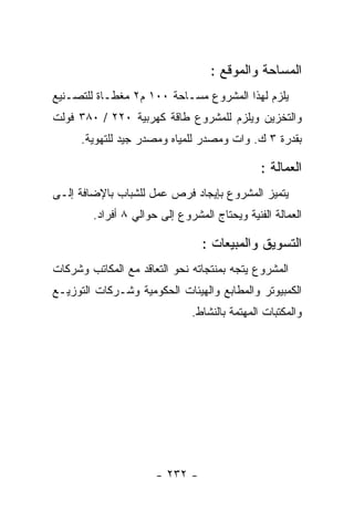 ‫ﺍﻟﻤﺴﺎﺤﺔ ﻭﺍﻟﻤﻭﻗﻊ :‬
‫ﻴﻠﺯﻡ ﻟﻬﺫﺍ ﺍﻟﻤﺸﺭﻭﻉ ﻤﺴـﺎﺤﺔ ٠٠١ ﻡ٢ ﻤﻐﻁـﺎﺓ ﻟﻠﺘﺼـﻨﻴﻊ‬
‫ﻭﺍﻟﺘﺨﺯﻴﻥ ﻭﻴﻠﺯﻡ ﻟﻠﻤﺸﺭﻭﻉ ﻁﺎﻗﺔ ﻜﻬﺭﺒﻴﺔ ٠٢٢ / ٠٨٣ ﻓﻭﻟﺕ‬
      ‫ﺒﻘﺩﺭﺓ ٣ ﻙ. ﻭﺍﺕ ﻭﻤﺼﺩﺭ ﻟﻠﻤﻴﺎﻩ ﻭﻤﺼﺩﺭ ﺠﻴﺩ ﻟﻠﺘﻬﻭﻴﺔ.‬

                                              ‫ﺍﻟﻌﻤﺎﻟﺔ :‬
‫ﻴﺘﻤﻴﺯ ﺍﻟﻤﺸﺭﻭﻉ ﺒﺈﻴﺠﺎﺩ ﻓﺭﺹ ﻋﻤل ﻟﻠﺸﺒﺎﺏ ﺒﺎﻹﻀﺎﻓﺔ ﺇﻟـﻰ‬
        ‫ﺍﻟﻌﻤﺎﻟﺔ ﺍﻟﻔﻨﻴﺔ ﻭﻴﺤﺘﺎﺝ ﺍﻟﻤﺸﺭﻭﻉ ﺇﻟﻰ ﺤﻭﺍﻟﻲ ٨ ﺃﻓﺭﺍﺩ.‬

                                 ‫ﺍﻟﺘﺴﻭﻴﻕ ﻭﺍﻟﻤﺒﻴﻌﺎﺕ :‬
‫ﺍﻟﻤﺸﺭﻭﻉ ﻴﺘﺠﻪ ﺒﻤﻨﺘﺠﺎﺘﻪ ﻨﺤﻭ ﺍﻟﺘﻌﺎﻗﺩ ﻤﻊ ﺍﻟﻤﻜﺎﺘﺏ ﻭﺸﺭﻜﺎﺕ‬
‫ﺍﻟﻜﻤﺒﻴﻭﺘﺭ ﻭﺍﻟﻤﻁﺎﺒﻊ ﻭﺍﻟﻬﻴﺌﺎﺕ ﺍﻟﺤﻜﻭﻤﻴﺔ ﻭﺸـﺭﻜﺎﺕ ﺍﻟﺘﻭﺯﻴـﻊ‬
                              ‫ﻭﺍﻟﻤﻜﺘﺒﺎﺕ ﺍﻟﻤﻬﺘﻤﺔ ﺒﺎﻟﻨﺸﺎﻁ.‬




                      ‫- ٢٣٢ -‬
 