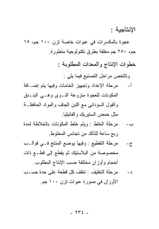 ‫ﺍﻹﻨﺘﺎﺠﻴﺔ :‬
‫ﻋﺠﻭﺓ ﺒﺎﻟﻤﻜﺴﺭﺍﺕ ﻓﻲ ﻋﺒﻭﺍﺕ ﺨﺎﺼﺔ ﺘﺯﻥ ٠٠١ ﺠﻡ، ٥١‬
            ‫ﺠﻡ، ٠٥٢ ﺠﻡ ﻤﻐﻠﻔﺔ ﺒﻁﺭﻕ ﺘﻜﻨﻭﻟﻭﺠﻴﺔ ﻤﺘﻁﻭﺭﺓ.‬

                 ‫ﺨﻁﻭﺍﺕ ﺍﻹﻨﺘﺎﺝ ﻭﺍﻟﻤﻌﺩﺍﺕ ﺍﻟﻤﻁﻠﻭﺒﺔ :‬
                   ‫ﻭﺘﺘﻠﺨﺹ ﻤﺭﺍﺤل ﺍﻟﺘﺼﻨﻴﻊ ﻓﻴﻤﺎ ﻴﻠﻲ :‬
‫ﻤﺭﺤﻠﺔ ﺍﻹﻋﺩﺍﺩ ﻭﺘﺠﻬﻴﺯ ﺍﻟﺨﺎﻤﺎﺕ ﻭﻓﻴﻬﺎ ﻴﺘﻡ ﺇﻀـﺎﻓﺔ‬      ‫ﺃ-‬
‫ﺍﻟﻤﻜﻭﻨﺎﺕ ﻟﻠﻌﺠﻭﺓ ﻤﻨﺯﻭﻋﺔ ﺍﻟﻨـﻭﻯ ﻭﻫـﻲ ﺍﻟﺒﻨـﺩﻕ‬
‫ﻭﺍﻟﻔﻭل ﺍﻟﺴﻭﺩﺍﻨﻲ ﻤﻊ ﺍﻟﻠﺒﻥ ﺍﻟﺠﺎﻑ ﻭﺍﻟﻤﻭﺍﺩ ﺍﻟﺤﺎﻓﻅـﺔ‬
                  ‫ﻤﺜل ﺤﻤﺽ ﺍﻟﺴﺘﻴﺭﻴﻙ ﻭﺍﻟﻔﺎﻨﻴﻠﻴﺎ.‬
‫ﻤﺭﺤﻠﺔ ﺍﻟﺨﻠﻁ : ﻭﻴﺘﻡ ﺨﻠﻁ ﺍﻟﻤﻜﻭﻨﺎﺕ ﺒﺎﻟﺨﻼﻁﺔ ﻟﻤﺩﺓ‬      ‫ﺏ-‬
            ‫ﺭﺒﻊ ﺴﺎﻋﺔ ﻟﻠﺘﺄﻜﺩ ﻤﻥ ﺘﺠﺎﻨﺱ ﺍﻟﻤﺨﻠﻭﻁ.‬
‫ﻤﺭﺤﻠﺔ ﺍﻟﺘﻘﻁﻴﻊ : ﻭﻓﻴﻬﺎ ﻴﻭﻀﻊ ﺍﻟﻤﻨﺘﺞ ﻓـﻲ ﻗﻭﺍﻟـﺏ‬      ‫ﺝ-‬
‫ﻤﺨﺼﻭﺼﺔ ﻤﻥ ﺍﻟﺒﻼﺴﺘﻴﻙ ﺜﻡ ﻴﻘﻁﻊ ﺇﻟﻰ ﻗﻁـﻊ ﺫﺍﺕ‬
    ‫ﺃﺤﺠﺎﻡ ﻭﺃﻭﺯﺍﻥ ﻤﺨﺘﻠﻔﺔ ﺤﺴﺏ ﺍﻹﻨﺘﺎﺝ ﺍﻟﻤﻁﻠﻭﺏ.‬
‫ﻤﺭﺤﻠﺔ ﺍﻟﺘﻐﻠﻴﻑ : ﺘﻐﻠﻑ ﻜل ﻗﻁﻌﺔ ﻋﻠﻰ ﺤﺩﺓ ﺤﺴـﺏ‬         ‫ﺩ-‬
        ‫ﺍﻷﻭﺯﺍﻥ ﻓﻲ ﺼﻭﺭﺓ ﻋﺒﻭﺍﺕ ﺘﺯﻥ ٠٠١ ﺠﻡ.‬




                       ‫- ٤٣٢ -‬
 