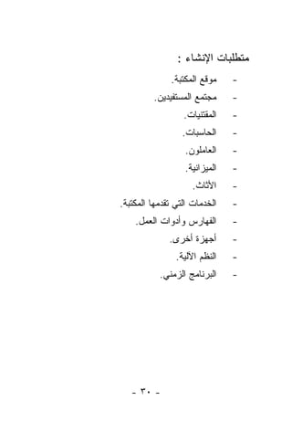 ‫ﻤﺘﻁﻠﺒﺎﺕ ﺍﻹﻨﺸﺎﺀ :‬
              ‫ﻤﻭﻗﻊ ﺍﻟﻤﻜﺘﺒﺔ.‬    ‫-‬
         ‫ﻤﺠﺘﻤﻊ ﺍﻟﻤﺴﺘﻔﻴﺩﻴﻥ.‬     ‫-‬
                  ‫ﺍﻟﻤﻘﺘﻨﻴﺎﺕ.‬   ‫-‬
                  ‫ﺍﻟﺤﺎﺴﺒﺎﺕ.‬    ‫-‬
                  ‫ﺍﻟﻌﺎﻤﻠﻭﻥ.‬    ‫-‬
                  ‫ﺍﻟﻤﻴﺯﺍﻨﻴﺔ.‬   ‫-‬
                     ‫ﺍﻷﺜﺎﺙ.‬    ‫-‬
‫ﺍﻟﺨﺩﻤﺎﺕ ﺍﻟﺘﻲ ﺘﻘﺩﻤﻬﺎ ﺍﻟﻤﻜﺘﺒﺔ.‬   ‫-‬
    ‫ﺍﻟﻔﻬﺎﺭﺱ ﻭﺃﺩﻭﺍﺕ ﺍﻟﻌﻤل.‬      ‫-‬
              ‫ﺃﺠﻬﺯﺓ ﺃﺨﺭﻯ.‬      ‫-‬
                ‫ﺍﻟﻨﻅﻡ ﺍﻵﻟﻴﺔ.‬   ‫-‬
           ‫ﺍﻟﺒﺭﻨﺎﻤﺞ ﺍﻟﺯﻤﻨﻲ.‬    ‫-‬




   ‫- ٠٣ -‬
 