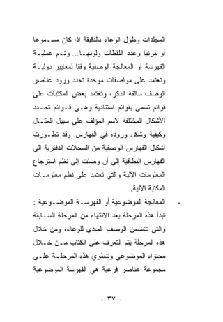 ‫ﺍﻟﻤﺠﻠﺩﺍﺕ ﻭﻁﻭل ﺍﻟﻭﻋﺎﺀ ﺒﺎﻟﺩﻗﻴﻘﺔ ﺇﺫﺍ ﻜﺎﻥ ﻤﺴـﻤﻭﻋﺎ‬
‫ﺃﻭ ﻤﺭﺌﻴﺎ ﻭﻋﺩﺩ ﺍﻟﻠﻘﻁﺎﺕ ﻭﻟﻭﻨﻬـﺎ… ﻭﺘـﻡ ﻋﻤﻠﻴـﺔ‬
‫ﺍﻟﻔﻬﺭﺴﺔ ﺃﻭ ﺍﻟﻤﻌﺎﻟﺠﺔ ﺍﻟﻭﺼﻔﻴﺔ ﻭﻓﻘﺎ ﻟﻤﻌﺎﻴﻴﺭ ﺩﻭﻟﻴـﺔ‬
‫ﻭﺘﻌﺘﻤﺩ ﻋﻠﻰ ﻤﻭﺍﺼﻔﺎﺕ ﻤﻭﺤﺩﺓ ﺘﺤﺩﺩ ﻭﺭﻭﺩ ﻋﻨﺎﺼﺭ‬
‫ﺍﻟﻭﺼﻑ ﺴﺎﻟﻔﺔ ﺍﻟﺫﻜﺭ، ﻭﺘﻌﺘﻤﺩ ﺒﻌﺽ ﺍﻟﻤﻜﺘﺒﺎﺕ ﻋﻠﻰ‬
‫ﻗﻭﺍﺌﻡ ﺘﺴﻤﻰ ﺒﻘﻭﺍﺌﻡ ﺍﺴﺘﻨﺎﺩﻴﺔ ﻭﻫـﻲ ﻗـﻭﺍﺌﻡ ﺘﺤـﺩﺩ‬
‫ﺍﻷﺸﻜﺎل ﺍﻟﻤﺨﺘﻠﻔﺔ ﻻﺴﻡ ﺍﻟﻤﺅﻟﻑ ﻋﻠﻰ ﺴﺒﻴل ﺍﻟﻤﺜـﺎل‬
‫ﻭﻜﻴﻔﻴﺔ ﻭﺸﻜل ﻭﺭﻭﺩﻩ ﻓﻲ ﺍﻟﻔﻬﺎﺭﺱ. ﻭﻗﺩ ﺘﻁـﻭﺭﺕ‬
‫ﺃﺸﻜﺎل ﺍﻟﻔﻬﺎﺭﺱ ﺍﻟﻭﺼﻔﻴﺔ ﻤﻥ ﺍﻟﺴﺠﻼﺕ ﺍﻟﺩﻓﺘﺭﻴﺔ ﺇﻟﻰ‬
‫ﺍﻟﻔﻬﺎﺭﺱ ﺍﻟﺒﻁﺎﻗﻴﺔ ﺇﻟﻰ ﺃﻥ ﻭﺼﻠﺕ ﺇﻟﻰ ﻨﻅﻡ ﺍﺴﺘﺭﺠﺎﻉ‬
‫ﺍﻟﻤﻌﻠﻭﻤﺎﺕ ﺍﻵﻟﻴﺔ ﻭﺍﻟﺘﻲ ﺘﻌﺘﻤﺩ ﻋﻠﻰ ﻨﻅﻡ ﻤﻌﻠﻭﻤـﺎﺕ‬
                                   ‫ﺍﻟﻤﻜﺘﺒﺔ ﺍﻵﻟﻴﺔ.‬
‫ﺍﻟﻤﻌﺎﻟﺠﺔ ﺍﻟﻤﻭﻀﻭﻋﻴﺔ ﺃﻭ ﺍﻟﻔﻬﺭﺴـﺔ ﺍﻟﻤﻭﻀـﻭﻋﻴﺔ :‬         ‫-‬
‫ﺘﺒﺩﺃ ﻫﺫﻩ ﺍﻟﻤﺭﺤﻠﺔ ﺒﻌﺩ ﺍﻻﻨﺘﻬﺎﺀ ﻤﻥ ﺍﻟﻤﺭﺤﻠﺔ ﺍﻟﺴـﺎﺒﻘﺔ‬
‫ﻭﺍﻟﺘﻲ ﺘﺘﻀﻤﻥ ﺍﻟﻭﺼﻑ ﺍﻟﻤﺎﺩﻱ ﻟﻠﻭﻋﺎﺀ، ﻭﻤﻥ ﺨﻼل‬
‫ﻫﺫﻩ ﺍﻟﻤﺭﺤﻠﺔ ﻴﺘﻡ ﺍﻟﺘﻌﺭﻑ ﻋﻠﻰ ﺍﻟﻜﺘﺎﺏ ﻤـﻥ ﺨـﻼل‬
‫ﻤﺤﺘﻭﺍﻩ ﺍﻟﻤﻭﻀﻭﻋﻲ ﻭﺘﻨﻁﻭﻱ ﻫﺫﻩ ﺍﻟﻤﺭﺤﻠـﺔ ﻋﻠـﻰ‬
‫ﻤﺠﻤﻭﻋﺔ ﻋﻨﺎﺼﺭ ﻓﺭﻋﻴﺔ ﻫﻲ ﺍﻟﻔﻬﺭﺴﺔ ﺍﻟﻤﻭﻀﻭﻋﻴﺔ‬


                        ‫- ٧٣ -‬
 