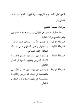 ‫ﺍﻟﻤﺭﺍﺤل ﺍﻟﺴـﺒﻊ ﺍﻟﺭﺌﻴﺴـﻴﺔ ﻟﺒﺭﻨـﺎﻤﺞ ﺇﻋـﺩﺍﺩ‬
                                                ‫ﻜﻤﺩﺭﺏ:‬
                                 ‫ﻤﺭﺍﺤل ﻋﻤﻠﻴﺔ ﺍﻟﺘﻘﻴﻴﻡ :‬
‫ﺘﺒﺩﺃ ﻋﻤﻠﻴﺔ ﻤﻨﺫ ﺍﻟﻤﺭﺍﺤل ﺍﻷﻭﻟﻰ ﻓﻲ ﺒﺭﻨﺎﻤﺞ ﺇﻋﺩﺍﺩ ﺍﻟﻤﺩﺭﺒﻴﻥ‬
                               ‫ﻭﺘﻤﺭ ﺒﺎﻟﺴﺒﻊ ﻤﺭﺍﺤل ﺍﻵﺘﻴﺔ :‬
‫: ﺍﻻﺨﺘﻴﺎﺭ ﺍﻷﻭﻟﻰ ﻤﻥ ﺨﻼل ﺍﻟﺴﻴﺭ ﺍﻟﺫﺍﺘﻴﺔ.‬      ‫ﺍﻟﻤﺭﺤﻠﺔ ﺍﻷﻭﻟﻰ‬
‫: ﺍﻻﺨﺘﻴﺎﺭ ﻭﺘﺤﺩﻴﺩ ﺍﻟﻤﺴﺘﻭﻯ ﻤـﻥ ﺨـﻼل‬          ‫ﺍﻟﻤﺭﺤﻠﺔ ﺍﻟﺜﺎﻨﻴﺔ‬
               ‫ﺍﻟﻤﻘﺎﺒﻠﺔ ﻭﺍﻟﻠﻘﺎﺀ ﺍﻟﺠﻤﺎﻋﻲ.‬
‫: ﻭﺘﺘﻜﻭﻥ ﻤﻥ ﻭﺭﺸـﺘﻴﻥ ﻋﻤـل ﻜﻤﻘﺩﻤـﺔ‬           ‫ﺍﻟﻤﺭﺤﻠﺔ ﺍﻟﺜﺎﻟﺜﺔ‬
‫ﻹﻋﺩﺍﺩ ﺍﻟﻤﺩﺭﺒﻴﻥ ﻭﻤﻔﻬﻭﻡ ﺍﻟﺩﻋﻭﺓ ﺃﻭ ﺍﻟﺤﻜﻡ‬
                               ‫ﺍﻟﺩﺍﺨﻠﻲ.‬
‫: ﻭﺘﺘﻜﻭﻥ ﻤﻥ ﻭﺭﺸـﺘﻴﻥ ﻋﻤـل ﺍﻷﻭﻟـﻰ‬            ‫ﺍﻟﻤﺭﺤﻠﺔ ﺍﻟﺭﺍﺒﻌﺔ‬
‫ﻤﺘﺨﺼﺼﺔ ﻓﻲ ﺇﻋﺩﺍﺩ ﺍﻟﻤـﺩﺭﺒﻴﻥ ﻭﺍﻟﺜﺎﻨﻴـﺔ‬
‫ﻤﺘﺨﺼﺼﺔ ﻓﻲ ﻤﻔﻬﻭﻡ ﺍﻟـﺩﻋﻭﺓ ﺃﻭ ﺍﻟﺤﻜـﻡ‬
                               ‫ﺍﻟﺩﺍﺨﻠﻲ.‬




                        ‫- ٠٧ -‬
 