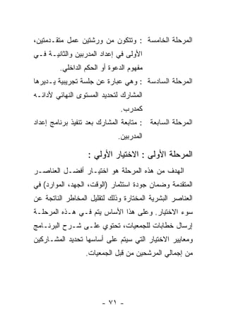 ‫ﺍﻟﻤﺭﺤﻠﺔ ﺍﻟﺨﺎﻤﺴﺔ : ﻭﺘﺘﻜﻭﻥ ﻤﻥ ﻭﺭﺸﺘﻴﻥ ﻋﻤل ﻤﺘﻘـﺩﻤﺘﻴﻥ،‬
‫ﺍﻷﻭﻟﻰ ﻓﻲ ﺇﻋﺩﺍﺩ ﺍﻟﻤﺩﺭﺒﻴﻥ ﻭﺍﻟﺜﺎﻨﻴـﺔ ﻓـﻲ‬
         ‫ﻤﻔﻬﻭﻡ ﺍﻟﺩﻋﻭﺓ ﺃﻭ ﺍﻟﺤﻜﻡ ﺍﻟﺩﺍﺨﻠﻲ.‬
‫ﺍﻟﻤﺭﺤﻠﺔ ﺍﻟﺴﺎﺩﺴﺔ : ﻭﻫﻲ ﻋﺒﺎﺭﺓ ﻋﻥ ﺠﻠﺴﺔ ﺘﺠﺭﻴﺒﻴﺔ ﻴـﺩﻴﺭﻫﺎ‬
‫ﺍﻟﻤﺸﺎﺭﻙ ﻟﺘﺤﺩﻴﺩ ﺍﻟﻤﺴﺘﻭﻯ ﺍﻟﻨﻬﺎﺌﻲ ﻷﺩﺍﺌـﻪ‬
                               ‫ﻜﻤﺩﺭﺏ.‬
‫ﺍﻟﻤﺭﺤﻠﺔ ﺍﻟﺴﺎﺒﻌﺔ : ﻤﺘﺎﺒﻌﺔ ﺍﻟﻤﺸﺎﺭﻙ ﺒﻌﺩ ﺘﻨﻔﻴﺫ ﺒﺭﻨﺎﻤﺞ ﺇﻋﺩﺍﺩ‬
                              ‫ﺍﻟﻤﺩﺭﺒﻴﻥ.‬

                   ‫ﺍﻟﻤﺭﺤﻠﺔ ﺍﻷﻭﻟﻰ : ﺍﻻﺨﺘﻴﺎﺭ ﺍﻷﻭﻟﻲ :‬
‫ﺍﻟﻬﺩﻑ ﻤﻥ ﻫﺫﻩ ﺍﻟﻤﺭﺤﻠﺔ ﻫﻭ ﺍﺨﺘﻴـﺎﺭ ﺃﻓﻀـل ﺍﻟﻌﻨﺎﺼـﺭ‬
‫ﺍﻟﻤﺘﻘﺩﻤﺔ ﻭﻀﻤﺎﻥ ﺠﻭﺩﺓ ﺍﺴﺘﺜﻤﺎﺭ )ﺍﻟﻭﻗﺕ، ﺍﻟﺠﻬﺩ، ﺍﻟﻤﻭﺍﺭﺩ( ﻓﻲ‬
‫ﺍﻟﻌﻨﺎﺼﺭ ﺍﻟﺒﺸﺭﻴﺔ ﺍﻟﻤﺨﺘﺎﺭﺓ ﻭﺫﻟﻙ ﻟﺘﻘﻠﻴل ﺍﻟﻤﺨﺎﻁﺭ ﺍﻟﻨﺎﺘﺠﺔ ﻋﻥ‬
‫ﺴﻭﺀ ﺍﻻﺨﺘﻴﺎﺭ. ﻭﻋﻠﻰ ﻫﺫﺍ ﺍﻷﺴﺎﺱ ﻴﺘﻡ ﻓـﻲ ﻫـﺫﻩ ﺍﻟﻤﺭﺤﻠـﺔ‬
‫ﺇﺭﺴﺎل ﺨﻁﺎﺒﺎﺕ ﻟﻠﺠﻤﻌﻴﺎﺕ، ﺘﺤﺘﻭﻱ ﻋﻠـﻰ ﺸـﺭﺡ ﺍﻟﺒﺭﻨـﺎﻤﺞ‬
‫ﻭﻤﻌﺎﻴﻴﺭ ﺍﻻﺨﺘﻴﺎﺭ ﺍﻟﺘﻲ ﺴﻴﺘﻡ ﻋﻠﻰ ﺃﺴﺎﺴﻬﺎ ﺘﺤﺩﻴﺩ ﺍﻟﻤﺸـﺎﺭﻜﻴﻥ‬
                  ‫ﻤﻥ ﺇﺠﻤﺎﻟﻲ ﺍﻟﻤﺭﺸﺤﻴﻥ ﻤﻥ ﻗﺒل ﺍﻟﺠﻤﻌﻴﺎﺕ.‬




                        ‫- ١٧ -‬
 