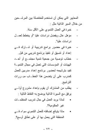 ‫ﺍﻟﻤﻌﺎﻴﻴﺭ ﺍﻟﺘﻲ ﻴﻤﻜﻥ ﺃﻥ ﺘﺴﺘﺨﺩﻡ ﻟﻠﻤﻔﺎﻀﻠﺔ ﺒﻴﻥ ﺍﻟﻤﺭﺸـﺤﻴﻥ‬
                              ‫ﻤﻥ ﺨﻼل ﺍﻟﺴﻴﺭ ﺍﻟﺫﺍﺘﻴﺔ ﻤﺜل :‬
          ‫ﺨﺒﺭﺓ ﻓﻲ ﺍﻟﻌﻤل ﺍﻟﺘﻨﻤﻭﻱ ﻋﻠﻰ ﺍﻷﻗل ﺴﻨﺔ.‬       ‫-‬
‫ﻤﺅﻫل ﻋﺎل ﻭﻴﻔﻀل ﺩﺭﺍﺴﺎﺕ ﻋﻠﻴﺎ "ﺃﻭ ﻴﺨﻁﻁ ﻟﻌﻤـل‬           ‫-‬
                                  ‫ﺩﺭﺍﺴﺎﺕ ﻋﻠﻴﺎ".‬
‫ﺨﺒﺭﺓ ﻓﻲ ﺤﻀﻭﺭ ﺒﺭﺍﻤﺞ ﺘﺩﺭﻴﺒﻴﺔ ﺃﻭ ﺸـﺎﺭﻙ ﻓـﻲ‬             ‫-‬
   ‫ﺇﻋﺩﺍﺩ ﺃﻭ ﺘﻨﺴﻴﻕ ﺃﻭ ﺘﻨﻔﻴﺫ ﺒﺭﻨﺎﻤﺞ ﺘﺩﺭﻴﺒﻲ ﻤﻥ ﻗﺒل.‬
‫ﺨﻁﺎﺏ ﺘﻭﺼﻴﺔ ﻤﻥ ﺠﻤﻌﻴﺔ ﺘﻨﻤﻴﺔ ﻤﺠﺘﻤـﻊ ﺃﻭ ﺃﺤـﺩ‬            ‫-‬
‫ﺍﻟﻬﻴﺌﺎﺕ ﺃﻭ ﺍﻟﻤﺅﺴﺴﺎﺕ ﺍﻟﺘﻲ ﺘﻌﻤل ﻓﻲ ﻤﺠﺎل ﺍﻟﺘﻨﻤﻴـﺔ‬
‫ﺘﻔﻴﺩ ﺒﺘﺭﺸﻴﺤﻪ ﻟﺤﻀﻭﺭ ﺒﺭﻨﺎﻤﺞ ﺇﻋﺩﺍﺩ ﻤﺩﺭﺒﻴﻥ ﻟﻠﻌﻤل‬
‫ﻜﻤﺩﺭﺏ ﻋﻠﻰ ﺃﻥ ﻴﺘﻀﻤﻥ ﻫﺫﺍ ﺍﻟﺨﻁـﺎﺏ ﻤﺒـﺭﺭﺍﺕ‬
                                        ‫ﺍﻟﺘﺭﺸﻴﺢ.‬
‫ﻴﻁﻠﺏ ﻤﻥ ﺍﻟﻤﺸﺎﺭﻙ ﺃﻥ ﻴﻘﻭﻡ ﺒﺈﻋﺩﺍﺩ ﻤﺸﺭﻭﻉ ﺃﻭﻟـﻲ‬          ‫-‬
  ‫ﻴﺭﻓﻕ ﻤﻊ ﺍﻟﺴﻴﺭﺓ ﺍﻟﺫﺍﺘﻴﺔ ﻴﻭﻀﺢ ﺒﻪ ﺍﻟﻨﻘﺎﻁ ﺍﻟﺘﺎﻟﻴﺔ :‬
‫ﻟﻤﺎﺫﺍ ﻴﺭﻴﺩ ﺍﻟﻌﻤل ﻓﻲ ﺠﺎل ﺘﺩﺭﻴﺏ ﺍﻟﻤﻨﻅﻤـﺎﺕ‬
                           ‫ﻏﻴﺭ ﺍﻟﺤﻜﻭﻤﻴﺔ؟.‬
‫ﻤﺎﺫﺍ ﻴﺘﻭﻗﻊ ﺇﻀﺎﻓﺘﻪ ﻟﻠﻌﻤل ﺍﻟﺘﻨﻤﻭﻱ ﺴﻭﺍﺀ ﻓـﻲ‬
‫ﺍﻟﻤﻨﻁﻘﺔ ﺍﻟﺘﻲ ﻴﻌﻤل ﺒﻬﺎ ﺃﻭ ﻋﻠﻰ ﻨﻁﺎﻕ ﺃﻭﺴﻊ؟.‬


                        ‫- ٢٧ -‬
 