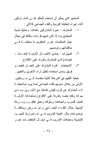 ‫ﺍﻟﻤﻌﺎﻴﻴﺭ ﺍﻟﺘﻲ ﻴﻤﻜﻥ ﺃﻥ ﺘﺴﺘﺨﺩﻡ ﻟﻠﺤﻜﻡ ﻋﻠـﻰ ﺍﻟﻤﺸـﺎﺭﻜﻴﻥ‬
       ‫ﺃﺜﻨﺎﺀ ﺇﺠﺭﺍﺀ ﺍﻟﻤﻘﺎﺒﻠﺔ ﺍﻟﻔﺭﺩﻴﺔ ﻭﺍﻟﻠﻘﺎﺀ ﺍﻟﺠﻤﺎﻋﻲ ﻜﺎﻵﺘﻲ :‬
‫١- ﺍﻟﻤﻌﺎﺭﻑ : ﺨﺒﺭﺓ ﺍﻟﻤﺸﺎﺭﻜﻴﻥ ﺒﺄﻫﺩﺍﻑ ﻭﻋﻤﻠﻴﺔ ﺘﻨﻤﻴﺔ‬
‫ﺍﻟﻤﺠﺘﻤﻊ ﻭﻤﺎ ﺇﺫﺍ ﻜﺎﻥ ﻟﺩﻴﻬﻡ ﻗﺭﺍﺀﺍﺕ ﻭﺜﻘﺎﻓﺔ ﻓﻲ ﻤﺠﺎل‬
‫ﻋﻤل ﺍﻟﻤﻨﻅﻤﺎﺕ ﻏﻴـﺭ ﺍﻟﺤﻜﻭﻤﻴـﺔ ﻤﻨﻌﻜﺴـﺔ ﻓـﻲ‬
                            ‫ﻤﻨﺎﻗﺸﺎﺘﻬﻡ ﻭﻋﺭﻀﻬﻡ.‬
‫٢- ﺍﻟﻤﻬﺎﺭﺍﺕ : ﻤﺒﺎﺩﺉ ﺍﻻﺘﺼـﺎل ﺍﻷﻭﻟﻴـﺔ )ﺘﺤـﺩﺙ -‬
      ‫ﺇﻨﺼﺎﺕ( ﻟﺩﻯ ﺍﻟﻤﺸﺎﺭﻙ ﻭﻗﺩﺭﺘﻪ ﻋﻠﻰ ﺍﻻﻗﺘﻨﺎﻉ.‬
‫٣- ﺍﻻﺘﺠﺎﻫﺎﺕ : ﻗﺩﺭﺓ ﺍﻟﻤﺸﺎﺭﻙ ﻋﻠﻰ ﺍﻟﻌﻤـل ﻜﻌﻀـﻭ‬
‫ﻓﺭﻴﻕ ﻭﻤﺩﻯ ﺍﺴﺘﻌﺩﺍﺩﻩ ﻟﺘﻘﺒل ﺁﺭﺍﺀ ﺍﻵﺨﺭﻴﻥ ﻭﺍﻟﺘﻐﻴﻴﺭ.‬
‫ﻋﻤﻠﻴﺔ ﺍﻟﺘﻘﻴﻴﻡ ﻓﻲ ﺍﻟﻤﺭﺤﻠﺔ ﺍﻟﺜﻨﻴﺔ ﻤﻨﻘﺴﻤﺔ ﺇﻟـﻰ ﻤـﺭﺤﻠﺘﻴﻥ.‬
‫ﺍﻷﻭﻟﻰ ﻤﻥ ﺨﻼل ﺩﻋﻭﺘﻬﻡ ﻟﻠﻘﺎﺀ ﺍﻟﺠﻤﺎﻋﻲ ﻟﻤﺩﺓ ﻴﻭﻡ، ﻟﻤﻼﺤﻅـﺔ‬
‫ﺃﺩﺍﺀ ﺍﻟﻤﺸﺎﺭﻙ ﻋﻥ ﻗﺭﺏ ﻟﻘﻴﺎﺱ ﺘﻔﺎﻋﻠﻪ ﻤﻊ ﺍﻵﺨـﺭﻴﻥ ﻭﻤـﺩﻯ‬
‫ﺠﺭﺃﺘﻪ ﻭﺜﻘﺘﻪ ﺒﻨﻔﺴﻪ ﻭﻗﺩﺭﺘﻪ ﻋﻠﻰ ﺍﻹﻗﻨﺎﻉ ﻭﺍﺴﺘﻌﺩﺍﺩﺍﺘﻪ ﺍﻷﻭﻟﻴـﺔ‬
‫ﻟﻠﻌﻤل ﻜﻤﺩﺭﺏ ﻭﺍﺘﺠﺎﻫﺎﺘﻪ ﻭﺴﻠﻭﻜﻪ ﻭﻋﻤﻕ ﺘﻔﻜﻴـﺭﻩ ﻭﺴـﺭﻋﺔ‬
‫ﺍﻟﺒﺩﻴﻬﺔ. ﺨﻼل ﺍﻟﻠﻘـﺎﺀ ﺍﻟﺠﻤـﺎﻋﻲ ﻴـﺘﻡ ﻋـﺭﺽ ﻭﻤﻨﺎﻗﺸـﺔ‬
‫ﻤﻭﻀﻭﻋﺎﺕ ﻤﺜل: ﺃﻫﻤﻴﺔ ﺍﻟﺘﺩﺭﻴﺏ ﻓـﻲ ﺍﺴـﺘﻤﺭﺍﺭﻴﺔ ﺍﻟﺠﻬـﻭﺩ‬
‫ﺍﻟﺘﻨﻤﻭﻴﺔ ﻭﻤﻌﻭﻗﺎﺕ ﺍﻟﺘﺩﺭﻴﺏ ﻓـﻲ ﻤﺠـﺎل ﺍﻟﻤﻨﻅﻤـﺎﺕ ﻏﻴـﺭ‬


                        ‫- ٤٧ -‬
 