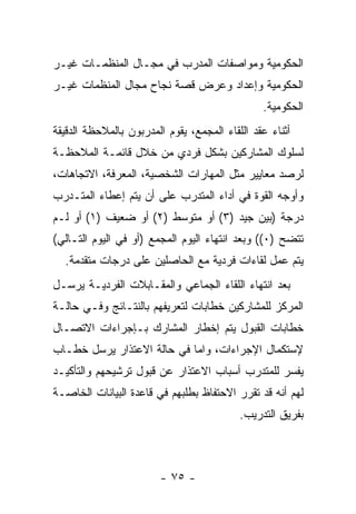 ‫ﺍﻟﺤﻜﻭﻤﻴﺔ ﻭﻤﻭﺍﺼﻔﺎﺕ ﺍﻟﻤﺩﺭﺏ ﻓﻲ ﻤﺠـﺎل ﺍﻟﻤﻨﻅﻤـﺎﺕ ﻏﻴـﺭ‬
‫ﺍﻟﺤﻜﻭﻤﻴﺔ ﻭﺇﻋﺩﺍﺩ ﻭﻋﺭﺽ ﻗﺼﺔ ﻨﺠﺎﺡ ﻤﺠﺎل ﺍﻟﻤﻨﻅﻤﺎﺕ ﻏﻴـﺭ‬
                                                ‫ﺍﻟﺤﻜﻭﻤﻴﺔ.‬
‫ﺃﺜﻨﺎﺀ ﻋﻘﺩ ﺍﻟﻠﻘﺎﺀ ﺍﻟﻤﺠﻤﻊ، ﻴﻘﻭﻡ ﺍﻟﻤﺩﺭﺒﻭﻥ ﺒﺎﻟﻤﻼﺤﻅﺔ ﺍﻟﺩﻗﻴﻘﺔ‬
‫ﻟﺴﻠﻭﻙ ﺍﻟﻤﺸﺎﺭﻜﻴﻥ ﺒﺸﻜل ﻓﺭﺩﻱ ﻤﻥ ﺨﻼل ﻗﺎﺌﻤـﺔ ﺍﻟﻤﻼﺤﻅـﺔ‬
‫ﻟﺭﺼﺩ ﻤﻌﺎﻴﻴﺭ ﻤﺜل ﺍﻟﻤﻬﺎﺭﺍﺕ ﺍﻟﺸﺨﺼﻴﺔ، ﺍﻟﻤﻌﺭﻓﺔ، ﺍﻻﺘﺠﺎﻫﺎﺕ،‬
‫ﻭﺃﻭﺠﻪ ﺍﻟﻘﻭﺓ ﻓﻲ ﺃﺩﺍﺀ ﺍﻟﻤﺘﺩﺭﺏ ﻋﻠﻰ ﺃﻥ ﻴﺘﻡ ﺇﻋﻁﺎﺀ ﺍﻟﻤﺘـﺩﺭﺏ‬
‫ﺩﺭﺠﺔ )ﺒﻴﻥ ﺠﻴﺩ )٣( ﺃﻭ ﻤﺘﻭﺴﻁ )٢( ﺃﻭ ﻀﻌﻴﻑ )١( ﺃﻭ ﻟـﻡ‬
‫ﺘﺘﻀﺢ )٠(( ﻭﺒﻌﺩ ﺍﻨﺘﻬﺎﺀ ﺍﻟﻴﻭﻡ ﺍﻟﻤﺠﻤﻊ )ﺃﻭ ﻓﻲ ﺍﻟﻴﻭﻡ ﺍﻟﺘـﺎﻟﻲ(‬
  ‫ﻴﺘﻡ ﻋﻤل ﻟﻘﺎﺀﺍﺕ ﻓﺭﺩﻴﺔ ﻤﻊ ﺍﻟﺤﺎﺼﻠﻴﻥ ﻋﻠﻰ ﺩﺭﺠﺎﺕ ﻤﺘﻘﺩﻤﺔ.‬
‫ﺒﻌﺩ ﺍﻨﺘﻬﺎﺀ ﺍﻟﻠﻘﺎﺀ ﺍﻟﺠﻤﺎﻋﻲ ﻭﺍﻟﻤﻘـﺎﺒﻼﺕ ﺍﻟﻔﺭﺩﻴـﺔ ﻴﺭﺴـل‬
‫ﺍﻟﻤﺭﻜﺯ ﻟﻠﻤﺸﺎﺭﻜﻴﻥ ﺨﻁﺎﺒﺎﺕ ﻟﺘﻌﺭﻴﻔﻬﻡ ﺒﺎﻟﻨﺘـﺎﺌﺞ ﻭﻓـﻲ ﺤﺎﻟـﺔ‬
‫ﺨﻁﺎﺒﺎﺕ ﺍﻟﻘﺒﻭل ﻴﺘﻡ ﺇﺨﻁﺎﺭ ﺍﻟﻤﺸﺎﺭﻙ ﺒـﺈﺠﺭﺍﺀﺍﺕ ﺍﻻﺘﺼـﺎل‬
‫ﻹﺴﺘﻜﻤﺎل ﺍﻹﺠﺭﺍﺀﺍﺕ، ﻭﺍﻤﺎ ﻓﻲ ﺤﺎﻟﺔ ﺍﻻﻋﺘﺫﺍﺭ ﻴﺭﺴل ﺨﻁـﺎﺏ‬
‫ﻴﻔﺴﺭ ﻟﻠﻤﺘﺩﺭﺏ ﺃﺴﺒﺎﺏ ﺍﻻﻋﺘﺫﺍﺭ ﻋﻥ ﻗﺒﻭل ﺘﺭﺸﻴﺤﻬﻡ ﻭﺍﻟﺘﺄﻜﻴـﺩ‬
‫ﻟﻬﻡ ﺃﻨﻪ ﻗﺩ ﺘﻘﺭﺭ ﺍﻻﺤﺘﻔﺎﻅ ﺒﻁﻠﺒﻬﻡ ﻓﻲ ﻗﺎﻋﺩﺓ ﺍﻟﺒﻴﺎﻨﺎﺕ ﺍﻟﺨﺎﺼـﺔ‬
                                           ‫ﺒﻔﺭﻴﻕ ﺍﻟﺘﺩﺭﻴﺏ.‬



                        ‫- ٥٧ -‬
 