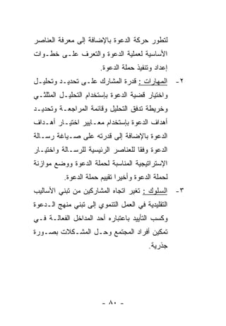 ‫ﻟﺘﻁﻭﺭ ﺤﺭﻜﺔ ﺍﻟﺩﻋﻭﺓ ﺒﺎﻹﻀﺎﻓﺔ ﺇﻟﻰ ﻤﻌﺭﻓﺔ ﺍﻟﻌﻨﺎﺼﺭ‬
‫ﺍﻷﺴﺎﺴﻴﺔ ﻟﻌﻤﻠﻴﺔ ﺍﻟﺩﻋﻭﺓ ﻭﺍﻟﺘﻌﺭﻑ ﻋﻠـﻰ ﺨﻁـﻭﺍﺕ‬
                       ‫ﺇﻋﺩﺍﺩ ﻭﺘﻨﻔﻴﺫ ﺤﻤﻠﺔ ﺍﻟﺩﻋﻭﺓ.‬
‫٢- ﺍﻟﻤﻬﺎﺭﺍﺕ : ﻗﺩﺭﺓ ﺍﻟﻤﺸﺎﺭﻙ ﻋﻠـﻰ ﺘﺤﺩﻴـﺩ ﻭﺘﺤﻠﻴـل‬
‫ﻭﺍﺨﺘﻴﺎﺭ ﻗﻀﻴﺔ ﺍﻟﺩﻋﻭﺓ ﺒﺈﺴﺘﺨﺩﺍﻡ ﺍﻟﺘﺤﻠﻴـل ﺍﻟﻤﺜﻠﺜـﻲ‬
‫ﻭﺨﺭﻴﻁﺔ ﺘﺩﻓﻕ ﺍﻟﺘﺤﻠﻴل ﻭﻗﺎﺌﻤﺔ ﺍﻟﻤﺭﺍﺠﻌـﺔ ﻭﺘﺤﺩﻴـﺩ‬
‫ﺃﻫﺩﺍﻑ ﺍﻟﺩﻋﻭﺓ ﺒﺈﺴﺘﺨﺩﺍﻡ ﻤﻌـﺎﻴﻴﺭ ﺍﺨﺘﻴـﺎﺭ ﺃﻫـﺩﺍﻑ‬
‫ﺍﻟﺩﻋﻭﺓ ﺒﺎﻹﻀﺎﻓﺔ ﺇﻟﻰ ﻗﺩﺭﺘﻪ ﻋﻠﻰ ﺼـﻴﺎﻏﺔ ﺭﺴـﺎﻟﺔ‬
‫ﺍﻟﺩﻋﻭﺓ ﻭﻓﻘﺎ ﻟﻠﻌﻨﺎﺼﺭ ﺍﻟﺭﺌﻴﺴﻴﺔ ﻟﻠﺭﺴـﺎﻟﺔ ﻭﺍﺨﺘﻴـﺎﺭ‬
‫ﺍﻹﺴﺘﺭﺍﺘﻴﺠﻴﺔ ﺍﻟﻤﻨﺎﺴﺒﺔ ﻟﺤﻤﻠﺔ ﺍﻟﺩﻋﻭﺓ ﻭﻭﻀﻊ ﻤﻭﺍﺯﻨﺔ‬
          ‫ﻟﺤﻤﻠﺔ ﺍﻟﺩﻋﻭﺓ ﻭﺃﺨﻴﺭﺍ ﺘﻘﻴﻴﻡ ﺤﻤﻠﺔ ﺍﻟﺩﻋﻭﺓ.‬
‫٣- ﺍﻟﺴﻠﻭﻙ : ﺘﻐﻴﺭ ﺍﺘﺠﺎﻩ ﺍﻟﻤﺸﺎﺭﻜﻴﻥ ﻤﻥ ﺘﺒﻨﻲ ﺍﻷﺴﺎﻟﻴﺏ‬
‫ﺍﻟﺘﻘﻠﻴﺩﻴﺔ ﻓﻲ ﺍﻟﻌﻤل ﺍﻟﺘﻨﻤﻭﻱ ﺇﻟﻰ ﺘﺒﻨﻲ ﻤﻨﻬﺞ ﺍﻟـﺩﻋﻭﺓ‬
‫ﻭﻜﺴﺏ ﺍﻟﺘﺄﻴﻴﺩ ﺒﺎﻋﺘﺒﺎﺭﻩ ﺃﺤﺩ ﺍﻟﻤﺩﺍﺨل ﺍﻟﻔﻌﺎﻟـﺔ ﻓـﻲ‬
‫ﺘﻤﻜﻴﻥ ﺃﻓﺭﺍﺩ ﺍﻟﻤﺠﺘﻤﻊ ﻭﺤـل ﺍﻟﻤﺸـﻜﻼﺕ ﺒﺼـﻭﺭﺓ‬
                                         ‫ﺠﺫﺭﻴﺔ.‬




                        ‫- ٠٨ -‬
 