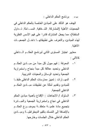 ‫ﺒﺭﻨﺎﻤﺞ ﺍﻟﺤﻜﻡ ﺍﻟﺩﺍﺨﻠﻲ :‬      ‫ﺏ-‬
‫ﺍﻟﻬﺩﻑ ﻫﻭ ﺍﻟﺘﺄﻜﺩ ﻋﻠﻰ ﺍﻟﻤﺒﺎﺩﺉ ﺍﻟﺨﺎﺼﺔ ﺒﺎﻟﺤﻜﻡ ﺍﻟﺩﺍﺨﻠﻲ ﻓﻲ‬
‫ﺍﻟﺠﻤﻌﻴﺎﺕ ﺍﻷﻫﻠﻴﺔ )ﺍﻟﻤﺸﺎﺭﻜﺔ. ﺍﻟﺸـﻔﺎﻓﻴﺔ. ﺍﻟﻤﺴـﺎﺀﻟﺔ. ﺘـﺩﺍﻭل‬
‫ﺍﻟﺴﻠﻁﺔ(، ﻤﻤﺎ ﻴﺠﻌل ﺍﻟﻤﺸﺎﺭﻙ ﻗﺎﺩﺭﺍ ﻋﻠﻰ ﻓﻬﻡ ﺍﻷﺴﺱ ﺍﻟﻨﻅﺭﻴﺔ‬
‫ﻟﻬﺫﻩ ﺍﻟﻤﺒﺎﺩﺉ، ﻭﺍﻟﺘﻌﺭﻑ ﻋﻠﻰ ﺘﻁﺒﻴﻘﺎﺘﻬـﺎ ﺩﺍﺨـل ﺍﻟﺠﻤﻌﻴـﺎﺕ‬
                                                    ‫ﺍﻷﻫﻠﻴﺔ.‬
‫ﻤﻌﺎﻴﻴﺭ ﺍﺠﺘﻴﺎﺯ ﺍﻟﻤﺴﺘﻭﻯ ﺍﻟﺜﺎﻨﻲ ﻟﺒﺭﻨﺎﻤﺞ ﺍﻟﺤﻜـﻡ ﺍﻟـﺩﺍﺨﻠﻲ‬
                                                    ‫ﻜﺎﻵﺘﻲ :‬
‫١- ﺍﻟﻤﻌﺭﻓﺔ : ﻓﻬﻡ ﻤﻴﻭل ﻜل ﻤﺒﺩﺃ ﻤﻥ ﻤﺒـﺎﺩﺉ ﺍﻟﺤﻜـﻡ‬
‫ﺍﻟﺩﺍﺨﻠﻲ ﻭﺘﺤﺩﻴﺩ ﻋﻼﻗﺔ ﻜل ﻤﺒﺩﺃ ﺒﻨﺠﺎﺡ ﻭﺍﺴﺘﻤﺭﺍﺭﻴﺔ‬
      ‫ﺍﻟﺠﻤﻌﻴﺔ ﻭﺘﺤﺩﻴﺩ ﺍﻟﻭﺴﺎﺌل ﻭﺍﻟﻤﻌﻴﻨﺎﺕ ﺍﻟﺘﺩﺭﻴﺒﻴﺔ.‬
‫٢- ﺍﻟﻤﻬـﺎﺭﺍﺕ : ﺘﻤﻴﻴﺯ ﻤﻤﺎﺭﺴﺎﺕ ﺍﻟﺤﻜﻡ ﺍﻟﺩﺍﺨﻠﻲ ﻁﺒﻘـﺎ‬
‫ﻟﻠﻤﺒﺎﺩﺉ ﻭﺘﻘﺩﻴﻡ ﺃﻤﺜﻠﺔ ﻋﻥ ﺘﻁﺒﻴﻘﺎﺕ ﻤﺒـﺎﺩﺉ ﺍﻟﺤﻜـﻡ‬
                                ‫ﺍﻟﺩﺍﺨﻠﻲ ﻟﻠﺠﻤﻌﻴﺔ.‬
‫٣- ﺍﻟﺴﻠﻭﻙ / ﺍﻻﺘﺠﺎﻫﺎﺕ : ﺍﻹﻗﻨﺎﻉ ﺒﺄﻫﻤﻴﺔ ﻤﺒﺎﺩﺉ ﺍﻟﺤﻜﻡ‬
‫ﺍﻟﺩﺍﺨﻠﻲ ﻓﻲ ﻨﺠﺎﺡ ﻭﺍﺴﺘﻤﺭﺍﺭﻴﺔ ﺍﻟﺠﻤﻌﻴﺔ ﻭﺍﻟﻤﺒـﺎﺩﺭﺓ‬
‫ﺒﺘﺠﻤﻴﻊ ﻤﺎﺩﺓ ﻋﻠﻤﻴـﺔ ﻤﺘﻌﻠﻘـﺔ ﺒﻤﻭﻀـﻭﻉ ﺍﻟﺤﻜـﻡ‬
‫ﺒﺎﻹﻀﺎﻓﺔ ﺇﻟﻰ ﺍﻟﺘﻤﺴﻙ ﺒﺎﻟﻘﻴﻡ ﺍﻟﺩﻴﻤﻘﺭﺍﻁﻴـﺔ ﻭﻤﺒـﺎﺩﺉ‬
          ‫ﺍﻟﺤﻜﻡ ﺍﻟﺩﺍﺨﻠﻲ ﺨﻼل ﺍﻟﺠﻠﺴﺎﺕ ﻭﺨﺎﺭﺠﻬﺎ.‬

                        ‫- ٧٨ -‬
 
