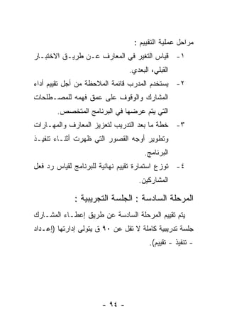 ‫ﻤﺭﺍﺤل ﻋﻤﻠﻴﺔ ﺍﻟﺘﻘﻴﻴﻡ :‬
‫١- ﻗﻴﺎﺱ ﺍﻟﺘﻐﻴﺭ ﻓﻲ ﺍﻟﻤﻌﺎﺭﻑ ﻋـﻥ ﻁﺭﻴـﻕ ﺍﻻﺨﺘﺒـﺎﺭ‬
                                ‫ﺍﻟﻘﺒﻠﻲ، ﺍﻟﺒﻌﺩﻱ.‬
‫٢- ﻴﺴﺘﺨﺩﻡ ﺍﻟﻤﺩﺭﺏ ﻗﺎﺌﻤﺔ ﺍﻟﻤﻼﺤﻅﺔ ﻤﻥ ﺃﺠل ﺘﻘﻴﻴﻡ ﺃﺩﺍﺀ‬
‫ﺍﻟﻤﺸﺎﺭﻙ ﻭﺍﻟﻭﻗﻭﻑ ﻋﻠﻰ ﻋﻤﻕ ﻓﻬﻤﻪ ﻟﻠﻤﺼـﻁﻠﺤﺎﺕ‬
       ‫ﺍﻟﺘﻲ ﻴﺘﻡ ﻋﺭﻀﻬﺎ ﻓﻲ ﺍﻟﺒﺭﻨﺎﻤﺞ ﺍﻟﻤﺘﺨﺼﺹ.‬
‫٣- ﺨﻁﺔ ﻤﺎ ﺒﻌﺩ ﺍﻟﺘﺩﺭﻴﺏ ﻟﺘﻌﺯﻴﺯ ﺍﻟﻤﻌﺎﺭﻑ ﻭﺍﻟﻤﻬـﺎﺭﺍﺕ‬
‫ﻭﺘﻁﻭﻴﺭ ﺃﻭﺠﻪ ﺍﻟﻘﺼﻭﺭ ﺍﻟﺘﻲ ﻅﻬﺭﺕ ﺃﺜﻨـﺎﺀ ﺘﻨﻔﻴـﺫ‬
                                     ‫ﺍﻟﺒﺭﻨﺎﻤﺞ.‬
‫٤- ﺘﻭﺯﻉ ﺍﺴﺘﻤﺎﺭﺓ ﺘﻘﻴﻴﻡ ﻨﻬﺎﺌﻴﺔ ﻟﻠﺒﺭﻨﺎﻤﺞ ﻟﻘﻴﺎﺱ ﺭﺩ ﻓﻌل‬
                                   ‫ﺍﻟﻤﺸﺎﺭﻜﻴﻥ.‬

             ‫ﺍﻟﻤﺭﺤﻠﺔ ﺍﻟﺴﺎﺩﺴﺔ : ﺍﻟﺠﻠﺴﺔ ﺍﻟﺘﺠﺭﻴﺒﻴﺔ :‬
‫ﻴﺘﻡ ﺘﻘﻴﻴﻡ ﺍﻟﻤﺭﺤﻠﺔ ﺍﻟﺴﺎﺩﺴﺔ ﻋﻥ ﻁﺭﻴﻕ ﺇﻋﻁـﺎﺀ ﺍﻟﻤﺸـﺎﺭﻙ‬
‫ﺠﻠﺴﺔ ﺘﺩﺭﻴﺒﻴﺔ ﻜﺎﻤﻠﺔ ﻻ ﺘﻘل ﻋﻥ ٠٩ ﻕ ﻴﺘﻭﻟﻰ ﺇﺩﺍﺭﺘﻬﺎ )ﺇﻋـﺩﺍﺩ‬
                                       ‫- ﺘﻨﻔﻴﺫ - ﺘﻘﻴﻴﻡ(.‬




                       ‫- ٤٩ -‬
 