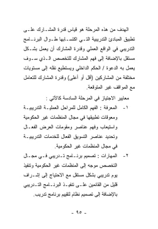 ‫ﺍﻟﻬﺩﻑ ﻤﻥ ﻫﺫﻩ ﺍﻟﻤﺭﺤﻠﺔ ﻫﻭ ﻗﻴﺎﺱ ﻗﺩﺭﺓ ﺍﻟﻤﺸـﺎﺭﻙ ﻋﻠـﻰ‬
‫ﺘﻁﺒﻴﻕ ﺍﻟﻤﺒﺎﺩﺉ ﺍﻟﺘﺩﺭﻴﺒﻴﺔ ﺍﻟﺘـﻲ ﺍﻜﺘﺴـﺎﺒﻬﺎ ﻁـﻭﺍل ﺍﻟﺒﺭﻨـﺎﻤﺞ‬
‫ﺍﻟﺘﺩﺭﻴﺒﻲ ﻓﻲ ﺍﻟﻭﺍﻗﻊ ﺍﻟﻌﻤﻠﻲ ﻭﻗﺩﺭﺓ ﺍﻟﻤﺸﺎﺭﻙ ﺃﻥ ﻴﻌﻤل ﺒﺸـﻜل‬
‫ﻤﺴﺘﻘل ﺒﺎﻹﻀﺎﻓﺔ ﺇﻟﻰ ﻓﻬﻡ ﺍﻟﻤﺸﺎﺭﻙ ﻟﻠﺘﺨﺼﺹ ﺍﻟـﺫﻱ ﺴـﻭﻑ‬
‫ﻴﻌﻤل ﺒﻪ ﺍﻟﺩﻋﻭﺓ / ﺍﻟﺤﻜﻡ ﺍﻟﺩﺍﺨﻠﻲ ﻭﻴﺴﺘﻁﻴﻊ ﻨﻘﻠﻪ ﺇﻟﻰ ﻤﺴﺘﻭﻴﺎﺕ‬
‫ﻤﺨﺘﻠﻔﺔ ﻤﻥ ﺍﻟﻤﺸﺎﺭﻜﻴﻥ )ﺃﻗل ﺃﻭ ﺃﻋﻠﻰ( ﻭﻗﺩﺭﺓ ﺍﻟﻤﺸﺎﺭﻙ ﻟﻠﺘﻌﺎﻤل‬
                                ‫ﻤﻊ ﺍﻟﻤﻭﺍﻗﻑ ﻏﻴﺭ ﺍﻟﻤﺘﻭﻗﻌﺔ.‬
           ‫ﻤﻌﺎﻴﻴﺭ ﺍﻻﺠﺘﻴﺎﺯ ﻓﻲ ﺍﻟﻤﺭﺤﻠﺔ ﺍﻟﺴﺎﺩﺴﺔ ﻜﺎﻵﺘﻲ :‬
‫١- ﺍﻟﻤﻌﺭﻓﺔ : ﺍﻟﻔﻬﻡ ﺍﻟﻜﺎﻤل ﻟﻠﻤﺭﺍﺤل ﺍﻟﻌﻤﻠﻴـﺔ ﺍﻟﺘﺩﺭﻴﺒﻴـﺔ‬
‫ﻭﻤﻌﻭﻗﺎﺕ ﺘﻁﺒﻴﻘﻬﺎ ﻓﻲ ﻤﺠﺎل ﺍﻟﻤﻨﻅﻤﺎﺕ ﻏﻴﺭ ﺍﻟﺤﻜﻭﻤﻴﺔ‬
‫ﻭﺍﺴﺘﻴﻌﺎﺏ ﻭﻓﻬﻡ ﻋﻨﺎﺼﺭ ﻭﻤﻘﻭﻤﺎﺕ ﺍﻟﻌﺭﺽ ﺍﻟﻔﻌـﺎل‬
‫ﻭﺘﺤﺩﻴﺩ ﻋﻨﺎﺼﺭ ﺍﻟﺘﺴﻭﻴﻕ ﺍﻟﻔﻌﺎل ﻟﻠﺨﺩﻤﺎﺕ ﺍﻟﺘﺩﺭﻴﺒﻴـﺔ‬
               ‫ﻓﻲ ﻤﺠﺎل ﺍﻟﻤﻨﻅﻤﺎﺕ ﻏﻴﺭ ﺍﻟﺤﻜﻭﻤﻴﺔ.‬
‫٢- ﺍﻟﻤﻬﺎﺭﺍﺕ : ﺘﺼﻤﻴﻡ ﺒﺭﻨـﺎﻤﺞ ﺘـﺩﺭﻴﺒﻲ ﻓـﻲ ﻤﺠـﺎل‬
‫ﺍﻟﺘﺨﺼﺹ ﻤﻭﺠﻪ ﺇﻟﻰ ﺍﻟﻤﻨﻅﻤﺎﺕ ﻏﻴﺭ ﺍﻟﺤﻜﻭﻤﻴﺔ ﻭﺘﻨﻔﻴﺫ‬
‫ﻴﻭﻡ ﺘﺩﺭﻴﺒﻲ ﺒﺸﻜل ﻤﺴﺘﻘل ﻤﻊ ﺍﻻﺤﺘﻴﺎﺝ ﺇﻟﻰ ﺇﺸـﺭﺍﻑ‬
‫ﻗﻠﻴل ﻤﻥ ﺍﻟﻘﺎﺌﻤﻴﻥ ﻋﻠـﻰ ﺘﻨﻔﻴـﺫ ﺍﻟﺒﺭﻨـﺎﻤﺞ ﺍﻟﺘـﺩﺭﻴﺒﻲ‬
    ‫ﺒﺎﻹﻀﺎﻓﺔ ﺇﻟﻰ ﺘﺼﻤﻴﻡ ﻨﻅﺎﻡ ﻟﺘﻘﻴﻴﻡ ﺒﺭﻨﺎﻤﺞ ﺘﺩﺭﻴﺏ.‬


                        ‫- ٥٩ -‬
 