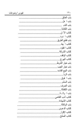 ‫ﻓﻬﺮﺱ ﺍﳌﻮﺿﻮﻋﺎﺕ‬                                                      ‫٠٢١‬
          ‫ﺑﺎﺏ ﺍﻟﻌﺘﺎﻕ...................................................‬
           ‫ﺑﺎﺏ ﺍﳉﻌﻞ...................................................‬
          ‫ﺑﺎﺏ ﺍﻟﺘﺪﺑﲑ...................................................‬
           ‫ﺑﺎﺏ ﺍﻟﻜﺘﺎﺑﺔ..................................................‬
         ‫ﻛﺘﺎﺏ ﺍﻷﳝﺎﻥ..................................................‬
         ‫ﻛﺘﺎﺏ ﺍﳊﺪﻭﺩ.................................................‬
             ‫ﺑﺎﺏ ﻗﻄﻊ ﺍﻟﻄﺮﻳﻖ............................................‬
            ‫ﻛﺘﺎﺏ ﺍﳉﻬﺎﺩ................................................‬
            ‫ﻛﺘﺎﺏ ﺍﳌﻔﻘﻮﺩ................................................‬
             ‫ﻛﺘﺎﺏ ﺍﻟﺸﺮﻛﺔ..............................................‬
              ‫ﻛﺘﺎﺏ ﺍﻟﻮﻗﻒ...............................................‬
              ‫ﻛﺘﺎﺏ ﺍﻟﺒﻴﻮﻉ...............................................‬
             ‫ﺑﺎﺏ ﺧﻴﺎﺭ ﺍﻟﺸﺮﻁ...........................................‬
             ‫ﺑﺎﺏ ﺧﻴﺎﺭ ﺍﻟﻌﻴﺐ............................................‬
            ‫ﺑﺎﺏ ﺍﻟﺒﻴﻊ ﺍﻟﻔﺎﺳﺪ............................................‬
             ‫ﺑﺎﺏ ﺍﻟﺮﺑﺎ...................................................‬
              ‫ﺑﺎﺏ ﺍﳊﻘﻮﻕ................................................‬
            ‫ﺑﺎﺏ ﺍﻟﺴﻠﻢ..................................................‬
            ‫ﺑﺎﺏ ﺍﻟﺼﺮﻑ................................................‬
          ‫ﺑﺎﺏ ﺍﻟﻜﻔﺎﻟﺔ..................................................‬
           ‫ﺑﺎﺏ ﺍﳊﻮﺍﻟـﺔ................................................‬
          ‫ﻛﺘﺎﺏ ﺃﺩﺏ ﺍﻟﻘﺎﺿﻲ...........................................‬
         ‫ﻛﺘﺎﺏ ﺍﻟﺸﻬﺎﺩﺓ................................................‬
       ‫ﺑﺎﺏ ﺍﻟﻮﻛﺎﻟﺔ....................................................‬
        ‫ﻛﺘﺎﺏ ﺍﻟﺪﻋﻮﻯ.................................................‬
       ‫ﻛﺘﺎﺏ ﺍﻹﻗﺮﺍﺭ...................................................‬
       ‫ﻛﺘﺎﺏ ﺍﻟﺼﻠﺢ...................................................‬
 