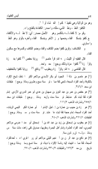 ‫ﺃﻧﻴﺲ ﺍﻟﻔﻘﻬﺎﺀ‬                                                                     ‫٢٥‬
                                 ‫ﻭﻫﻮ ﻣﻦ ﺍﻟﻮﻻﻳﺔ ﻭﻫﻲ ﺗﻨﻔﻴﺬ ﺍﳊﻜﻢ ﺇﱃ ﺍﻟﻐﲑ ﺷﺎﺀ ﺃﻭ ﺃﰉ.‬
                 ‫ﺍﻟﻜﻔﹾﺆ: ﺍﻟﻨﻈﲑ، ﻭﻧﻈﲑ ﺍﻟﺸﻲﺀ ﻣﺜﻠﻪ، ﻭﺍﳌﺼﺪﺭ: ﺍﻟﻜﻔﺎﺀﺓ ﺑﺎﻟﻔﺘﺢ ﻭﺍﳌﺪ.‬
                                                                          ‫ﹸ‬
‫ﻭﻗﻮﳍﻢ: ﻻ ﻛﻔﺎﺀ ﻟـﻪ ﺑﺎﻟﻜﺴﺮ ﻭﻫﻮ ﰲ ﺍﻷﺻﻞ ﻣﺼﺪﺭ: ﺃﻱ: ﻻ ﻧﻈﲑ ﻟـﻪ ﻭﺍﻷﻛﻔﺎﺀ‬
‫ﲨﻊ ﻛ ﹸﺆ ﺑﺘﺴﻜﲔ ﺍﻟﻔﺎﺀ ﻭﺿﻤﻬﺎ ﻭﳘﺰ ﺍﻵﺧﺮ ﻭﺑﺘﺴﻜﲔ ﺍﻟﻔﺎﺀ ﻭﺁﺧﺮﻩ ﺑﺎﻟﻮﺍﻭ ﻭﻫﻮ ﺍﻟﻨﻈﲑ‬      ‫ﹸﻔ‬
                                                                          ‫ﻭﺍﳌﺴﺎﻭﻱ.‬
‫ﻭﰲ ﺍﻟﻜﺸﺎﻑ: ﻭﻗﺮﺉ ﻛﻔﺆﹰﺍ ﺑﻀﻢ ﺍﻟﻜﺎﻑ ﻭﺍﻟﻔﺎﺀ ﻭﺑﻀﻢ ﺍﻟﻜﺎﻑ ﻭﻛﺴﺮﻫﺎ ﻣﻊ ﺳﻜﻮﻥ‬
                                                                               ‫ﺍﻟﻔﺎﺀ.‬
‫ﻗﺎﻝ ﺍﻟﻔﻘﻴﻪ ﺃﻭ ﺍﻟﻠﻴﺚ ﺭﲪﻪ ﺍﷲ: ﻗﺮﺃ ﻋﺎﺻﻢ )١( ﰲ ﺭﻭﺍﻳﺔ ﺣﻔﺺ )٢( ﻛ ﹸﻮﹰﺍ ﺑﻐﲑ ﳘﺰﺓ‬
            ‫ﹸﻔ‬
                                  ‫ﻭﻗﺮﺃ ﲪﺰﺓ )٣( ﻛ ﹸﺆﹰﺍ ‪‬ﻤﺰﺓ ﻭﺫﻟﻚ ﻳﺮﺟﻊ ﺇﱃ ﻣﻌﲎ ﻭﺍﺣﺪ.‬
                                                                  ‫ﹸﻔ‬
‫ﻗﺎﻝ ﺍﻟﻘﺎﺿﻲ ﺭﲪﻪ ﺍﷲ: ﻭﻗﺮﺃ ﲪﺰﺓ ﻭﻳﻌﻘﻮﺏ )٤( ﻭﻧﺎﻓﻊ )٥( ﰲ ﺭﻭﺍﻳﺔ ﻛ ﹸﺆﹰﺍ ﺑﺎﻟﺘﺨﻔﻴﻒ‬
            ‫ﹸﻔ‬
‫)١( ﻫﻮ ﻋﺎﺻﻢ ﺑﻦ ‪‬ﺪﻟﺔ ﺃﰊ ﺍﻟﻨﺠﻮﺩ ﺃﺑﻮ ﺑﻜﺮ ﺍﻷﺳﺪﻱ ﻣﻮﻻﻫﻢ ﺍﻟﻜﻮﰲ ﺍﳊﻨﺎﻁ، ﺷﻴﺦ ﺍﻹﻗﺮﺍﺀ‬
‫ﺑﺎﻟﻜﻮﻓﺔ ﻭﺃﺣﺪ ﺍﻟﻘﺮﺍﺀ ﺍﻟﺴﺒﻌﺔ، ﺗﺎﺑﻌﻲ ﺛﻘﺔ ﺻﺎﱀ، ﺗﻮﰲ ﺳﻨﺔ ﺳﺒﻊ ﻭﻋﺸﺮﻳﻦ ﻭﻣﺎﺋﺔ. ﻳﺮﺟﻊ ﺇﱃ ﻃﺒﻘﺎﺕ‬
                                                                  ‫ﺍﺑﻦ ﺳﻌﺪ ١/٦٤٣.‬
‫)٢( ﻫﻮ ﺣﻔﺺ ﺑﻦ ﻋﻤﺮ ﺑﻦ ﻋﺒﺪ ﺍﻟﻌﺰﻳﺰ ﺑﻦ ﺻﻬﺒﺎﻥ ﺑﻦ ﻋﺪﻱ ﺃﺑﻮ ﻋﻤﺮ ﺍﻟﺪﻭﺭﻱ ﺍﻷﺯﺩﻱ. ﺇﻣﺎﻡ‬
‫ﺍﻟﻘﺮﺍﺀ ﺛﻘﺔ ﺛﺒﺖ ﻛﺒﲑ ﺿﺎﺑﻂ. ﺗﻮﰲ ﺳﻨﺔ ﺳﺖ ﻭﺃﺭﺑﻌﲔ ﻭﻣﺎﺋﺘﲔ. ﻳﺮﺟﻊ ﺇﱃ ﻃﺒﻘﺎﺕ ﺍﺑﻦ ﺳﻌﺪ‬
                                                  ‫١/٥٥٢ ﻭﺷﺬﺭﺍﺕ ﺍﻟﺬﻫﺐ ٢/١١١.‬
‫)٣( ﻫﻮ ﲪﺰﺓ ﺑﻦ ﺣﺒﻴﺐ ﺑﻦ ﻋﻤﺎﺭﺓ ﺑﻦ ﺇﲰﺎﻋﻴﻞ ﺍﻹﻣﺎﻡ ﺍﳋﱪ ﺃﺑﻮ ﻋﻤﺎﺭﺓ ﺍﻟﻜﻮﰲ ﺍﻟﺘﻴﻤﻲ ﺍﻟﺰﻳﺎﺕ،‬
‫ﺃﺣﺪ ﺍﻟﻘﺮﺍﺀ ﺍﻟﺴﺒﻌﺔ، ﺇﻣﺎﻡ ﺣﺠﺔ ﺛﻘﺔ ﺛﺒﺖ ﻋﺎﱂ ﻋﺎﺑﺪ. ﺗﻮﰲ ﺳﻨﺔ ﺳﺖ ﻭﲬﺴﲔ ﻭﻣﺎﺋﺔ. ﻳﺮﺟﻊ ﺇﱃ‬
                                           ‫ﺍﻟﻄﺒﻘﺎﺕ ١/١٦٢ ﻭﺷﺬﺭﺍﺕ ﺍﻟﺬﻫﺐ ١/٠٤٢.‬
‫)٤( ﻫﻮ ﻳﻌﻘﻮﺏ ﺑﻦ ﺇﺳﺤﺎﻕ ﺑﻦ ﺯﻳﺪ ﺑﻦ ﻋﺒﺪ ﺍﷲ ﺑﻦ ﺃﰊ ﺇﺳﺤﺎﻕ ﺃﺑﻮ ﳏﻤﺪ ﺍﳊﻀﺮﻣﻲ ﻣﻮﻻﻫﻢ‬
‫ﺍﻟﺒﺼﺮﻱ، ﺃﺣﺪ ﺍﻟﻘﺮﺍﺀ ﺍﻟﻌﺸﺮﺓ ﻭﺇﻣﺎﻡ ﺃﻫﻞ ﺍﻟﺒﺼﺮﺓ ﻭﻣﻘﺮﻳﻬﺎ، ﺻﺪﻭﻕ ﺗﻘﻲ ﺯﺍﻫﺪ، ﻣﺎﺕ ﺳﻨﺔ ﲬﺲ‬
                                                     ‫ﻭﻣﺎﺋﺘﲔ، ﻭﻟـﻪ ﲦﺎﻥ ﻭﲦﺎﻧﻮﻥ ﺳﻨﺔ.‬
                                                                 ‫ٍ‬
‫)٥( ﻫﻮ ﻧﺎﻓﻊ ﺑﻦ ﻋﺒﺪ ﺍﻟﺮﲪﻦ ﺑﻦ ﺃﰊ ﻧﻌﻴﻢ ﺍﻟﻠﻴﺜﻲ ﻣﻮﻻﻫﻢ ﺃﺑﻮ ﺭﻭﱘ ﺍﳌﻘﺮﻱ ﺍﳌﺪﱐ، ﺃﺣﺪﺍﻟﻘﺮﺍﺀ‬
‫ﺍﻟﺴﺒﻌﺔ، ﺛﻘﺔ ﺻﺎﱀ، ﺍﻧﺘﻬﺖ ﺇﻟﻴﻪ ﺭﺋﺎﺳﺔ ﺍﻹﻗﺮﺍﺀ ﺑﺎﳌﺪﻳﻨﺔ، ﺗﻮﰲ ﺳﻨﺔ ﺗﺴﻊ ﻭﺳﺘﲔ ﻭﻣﺎﺋﺔ ﻳﺮﺟﻊ ﺇﱃ‬
                ‫ﺗﺎﺭﻳﺦ ﳛﲕ ﺑﻦ ﻣﻌﲔ ٣/٢٧١ ﻭﺍﻟﻄﺒﻘﺎﺕ ٢/٠٣٣ ﻭﺷﺬﺭﺍﺕ ﺍﻟﺬﻫﺐ ١/٠٧٢.‬
 