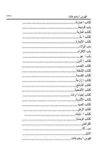 ‫١٢١‬                                              ‫ﻓﻬﺮﺱ ﺍﳌﻮﺿﻮﻋﺎﺕ‬
        ‫ﻛﺘﺎﺏ ﺍﳌﻀﺎﺭﺑﺔ.................................................‬
      ‫ﺑﺎﺏ ﺍﻟﻮﺩﻳﻌﺔ....................................................‬
        ‫ﻛﺘﺎﺏ ﺍﻟﻌﺎﺭﻳﺔ..................................................‬
       ‫ﻛﺘﺎﺏ ﺍﳍﺒﺔ.....................................................‬
      ‫ﻛﺘﺎﺏ ﺍﻹﺟﺎﺭﺓ..................................................‬
       ‫ﺑﺎﺏ ﺍﻟﻮﻻﺀ.....................................................‬
        ‫ﺑﺎﺏ ﺍﻹﻛﺮﺍﻩ...................................................‬
        ‫ﺑﺎﺏ ﺍﳊﺠﺮ....................................................‬
        ‫ﻛﺘﺎﺏ ﺍﳌﺄﺫﻭﻥ..................................................‬
      ‫ﻛﺘﺎﺏ ﺍﻟﻐﺼﺐ..................................................‬
      ‫ﻛﺘﺎﺏ ﺍﻟﺸﻔﻌﺔ...................................................‬
       ‫ﻛﺘﺎﺏ ﺍﻟﻘﺴﻤﺔ..................................................‬
      ‫ﻛﺘﺎﺏ ﺍﳌﺰﺍﺭﻋﺔ..................................................‬
       ‫ﻛﺘﺎﺏ ﺍﻟﺬﺑﺎﺋﺢ..................................................‬
      ‫ﻛﺘﺎﺏ ﺍﻷﺿﺤﻴﺔ.................................................‬
         ‫ﻛﺘﺎﺏ ﺇﺣﻴﺎﺀ ﺍﳌﻮﺍﺕ............................................‬
      ‫ﻛﺘﺎﺏ ﺍﻷﺷﺮﺑﺔ..................................................‬
       ‫ﻛﺘﺎﺏ ﺍﻟﺼﻴﺪ...................................................‬
         ‫ﻛﺘﺎﺏ ﺍﻟﺮﻫﻦ..................................................‬
          ‫ﻛﺘﺎﺏ ﺍﳉﻨﺎﻳﺎﺕ...............................................‬
       ‫ﻛﺘﺎﺏ ﺍﻟﻮﺻﺎﻳﺎ..................................................‬
      ‫ﺍﻟﻔﺮﺍﺋﺾ........................................................‬
        ‫ﻣﺴـﺄﻟﺔ.......................................................‬
       ‫ﺍﻟﺬﻳﻞ..........................................................‬
      ‫ﻓﻬﺮﺱ ﺍﳌﻮﺿﻮﻋﺎﺕ..............................................‬
 