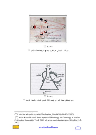 (١) ‫ﺭﺴﻡ ﺭﻗﻡ‬
                     (103)
                             ‫ﻤﻥ ﻜﺘﺎﺏ ﺍﻟﺒﻴﺭﻭﻨﻲ ﻋﻥ ﺍﻟﻔﺭﺱ ﻴﻭﻀﺢ ﺍﻷﻭﺠﻪ ﺍﻟﻤﺨﺘﻠﻔﺔ ﻟﻠﻘﻤﺭ‬




                                              (٢) ‫ﺭﺴﻡ ﺭﻗﻡ‬
          (104)
                  ‫ﺭﺴﻡ ﺘﺨﻁﻴﻁﻲ ﻟﺠﻬﺎﺯ ﺍﻟﺒﻴﺭﻭﻨﻲ ﻟﺘﻌﻴﻴﻥ ﺍﻟﺜﻘل ﺍﻟﻨﻭﻋﻲ ﻟﻠﻤﻌﺎﺩﻥ ﻭﺍﻟﺤﺠﺎﺭ ﺍﻟﻜﺭﻴﻤﺔ‬




(103) http://en.wikipedia.org/wiki/Abu-Rayhan_Biruni (Citied in 15-2-2007).
(104) Abdul Kader M.Abed, Some Aspects of Mineralogy and Gemology in Muslim
Civilization, Husamaldin Tayeh 2003, p.6, www.muslimheritage.com ( Citied in 15-2-
2007).

33                                      www.kotobarabia.com
 