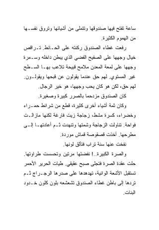 ‫ﺴﺎﻋﺔ ﺘﻔﺘﺢ ﻓﻴﻬﺎ ﺼﻨﺩﻭﻗﻬﺎ ﻭﺘﺘﻤﻠﻰ ﻤﻥ ﺃﺸﻴﺎﺌﻬﺎ ﻭﺘﺭﻭﻕ ﻨﻔﺴـﻬﺎ‬
                                    ‫ﻤﻥ ﺍﻟﻬﻤﻭﻡ ﺍﻟﻜﺜﻴﺭﺓ.‬
‫ﺭﻓﻌﺕ ﻏﻁﺎﺀ ﺍﻟﺼﻨﺩﻭﻕ ﺭﻜﻨﺘﻪ ﻋﻠﻰ ﺍﻟﺤـﺎﺌﻁ. ﺘـﺭﺍﻗﺹ‬
‫ﺨﻴﺎل ﻭﺠﻬﻬﺎ ﻋﻠﻰ ﺍﻟﺼﻔﻴﺢ ﺍﻟﻔﻀﻲ ﺍﻟﺫﻱ ﻴﺒﻁﻥ ﺩﺍﺨﻠﻪ ﻭﺴـﻤﺭﺓ‬
‫ﻭﺠﻬﻬﺎ ﻋﻠﻰ ﻟﻤﻌﺔ ﺍﻟﻤﻌﺩﻥ ﻤﻼﻤﺢ ﻗﺒﻴﺤﺔ ﺘﻼﻋﺏ ﺒﻬـﺎ ﺍﻟﺴـﻁﺢ‬
‫ﻏﻴﺭ ﺍﻟﻤﺴﺘﻭﻱ. ﻟﻬﻡ ﺤﻕ ﻋﻨﺩﻤﺎ ﻴﻘﻭﻟﻭﻥ ﻋﻥ ﻗﺒﺤﻬﺎ ﻭﻴﻘﻭﻟـﻭﻥ.‬
      ‫ﻟﻬﻡ ﺤﻕ، ﻟﻜﻥ ﻫﻭ ﻜﺎﻥ ﻴﺤﺏ ﻭﺠﻬﻬﺎ، ﻫﻭ ﺨﻴﺭ ﺍﻟﺭﺠﺎل.‬
      ‫ﻜﺎﻥ ﺍﻟﺼﻨﺩﻭﻕ ﻤﺯﺩﺤﻤﺎ ﺒﺎﻟﺼﺭﺭ ﻜﺒﻴﺭﺓ ﻭﺼﻐﻴﺭﺓ.‬
‫ﻭﻜﺎﻥ ﺜﻤﺔ ﺃﺸﻴﺎﺀ ﺃﺨﺭﻯ ﻜﺜﻴﺭﺓ، ﻗﻁﻊ ﻤﻥ ﺸﺭﺍﺌﻁ ﺤﻤـﺭﺍﺀ‬
‫ﻭﺨﻀﺭﺍﺀ، ﻜﺴﺭﺓ ﻤﺸﻁ، ﺯﺠﺎﺠﺔ ﺯﻴﺕ ﻓﺎﺭﻏﺔ ﻟﻜﻨﻬﺎ ﻤﺎﺯﺍﻟـﺕ‬
‫ﻓﻭﺍﺤﺔ. ﺘﻨﺎﻭﻟﺕ ﺍﻟﺯﺠﺎﺠﺔ ﻭﺸﻤﺘﻬﺎ ﻭﺘﻨﻬﺩﺕ ﺜـﻡ ﺃﻋﺎﺩﺘﻬـﺎ ﺇﻟـﻰ‬
                 ‫ﻤﻁﺭﺤﻬﺎ. ﺃﺨﺫﺕ ﻗﺼﻘﻭﺼﺔ ﻗﻤﺎﺵ ﻤﻭﺭﺩﺓ.‬
                  ‫ﻨﻔﺨﺕ ﻋﻨﻬﺎ ﺴﻨﺔ ﺘﺭﺍﺏ ﻓﺘﺄﻟﻕ ﻟﻭﻨﻬﺎ.‬
‫ﻭﺍﻟﺼﺭﺓ ﺍﻟﻜﺒﻴﺭﺓ..! ﻨﻔﻀﺘﻬﺎ ﻤﺭﺘﻴﻥ ﻭﺘﺤﺴﺴﺕ ﻁﺭﺍﻭﺘﻬﺎ.‬
‫ﺤﻠﺕ ﻋﻘﺩﺓ ﺍﻟﺼﺭﺓ ﻓﺘﺠﻠﻰ ﺼﺒﺢ ﻋﻘﻴﻘﻲ. ﻁﻴﺎﺕ ﺍﻟﺤﺭﻴﺭ ﺍﻷﺤﻤﺭ‬
‫ﺘﺴﺘﻘﺒل ﺍﻷﺸﻌﺔ ﺍﻟﻭﺍﻨﻴﺔ، ﺘﻬﺩﻫﺩﻫﺎ ﻋﻠﻰ ﺼﺩﺭﻫﺎ ﺍﻟﺭﺠـﺭﺍﺝ ﺜـﻡ‬
‫ﺘﺭﺩﻫﺎ ﺇﻟﻰ ﺒﺎﻁﻥ ﻏﻁﺎﺀ ﺍﻟﺼﻨﺩﻭﻕ ﺘﺸﻌﺸﻌﻪ ﺒﻠﻭﻥ ﻜﻠﻭﻥ ﺨـﺩﻭﺩ‬
                                               ‫ﺍﻟﺒﻨﺎﺕ.‬
 