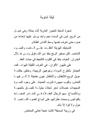 ‫ﻟﻴﻠﺔ ﺸﺘﻭﻴﺔ‬


‫ﺸﺠﺭﺓ ﺍﻟﺴﻨﻁ ﺍﻟﻌﺠﻭﺯ ﺍﻟﻌﺎﺭﻴﺔ ﺃ ﱠﺕ ﺒﻤﺫﻟﺔ ﻭﻫﻲ ﺘﻤﻴـل‬
                 ‫ﱠ‬
                 ‫ﻨ‬
‫ﻤﻥ ﺍﻟﺭﻴﺢ. ﻟﻴﺱ ﻓﻲ ﺍﻟﺴﻤﺎﺀ ﻨﺠﻡ ﻭﺍﺤﺩ ﻴﺭﺴل ﻋﻠﻴﻬﺎ ﺸﻌﺎﻋﺎ ﻤﻥ‬
             ‫ﻀﻭﺀ ﺤﺘﻰ ﺘﻌﺭﻑ ﻨﻔﺴﻬﺎ ﻭﺴﻁ ﺃﻜﺩﺍﺱ ﺍﻟﻅﻼﻡ.‬
‫ﺍﻟﺸﺒﺎﺒﻴﻙ ﺍﻟﻬﺯﻴﻠﺔ ﺃﻏﻠﻘـﺕ ﻋﻠـﻰ ﺍﻟـﺩﻑﺀ ﻭﺍﻟﻀـﻭﺀ‬
‫ﺍﻟﺸﺎﺤﺏ. ﻟﻜﻥ ﺼﻔﻴﺭ ﺍﻟﺭﻴﺢ ﻴﻨﻔﺫ ﻤﻥ ﺍﻟﺸـﻘﻭﻕ ﻭﻤـﻥ ﺨـﻼل‬
   ‫ﺍﻟﺠﺩﺭﺍﻥ. ﺍﻟﺨﻭﻑ ﻴﻨﻔﺫ ﻓﻲ ﺍﻟﻘﻠﻭﺏ ﻜﺎﻟﺨﻴﻁ ﻓﻲ ﺤﺒﺎﺕ ﺍﻟﻌﻘﺩ.‬
‫ﻋﻠﻲ ﻅﻬﻭﺭ ﺍﻷﻓﺭﺍﻥ- ﻓﻲ ﺍﻟﻐﺭﻑ ﺍﻟﺜﻘﻴﻠﺔ ﺍﻟﻬﻭﺍﺀ- ﻟﻔﺕ‬
‫ﺍﻟﻌﺠﺎﺌﺯ ﺒﺎﻟﻁﺭﺡ ﺍﻟﺴﻭﺩﺍﺀ ﻭﺠﻭﻫﻬﻥ ﺍﻟﺯﺒﻴﺒﻴﺔ، ﻭﺤﻜﻴﻥ ﺤﻜﺎﻴـﺔ‬
‫ﻋﻭﻴل ﺍﻟﺭﻴﺢ ﻟﻸﻁﻔﺎل، ﻭﺍﻷﻁﻔﺎل ﻋﻴﻭﻥ ﻤﻔﻨﺠﻠﺔ ﻻ ﺃﺜـﺭ ﻓﻴﻬـﺎ‬
‫ﻟﻠﻨﻌﺎﺱ، ﻭﻗﻠﻭﺏ ﻤﺒﻬﻭﺭﺓ ﺘﺸﺭﺏ ﺍﻟﺤﺩﻴﺙ. ﻋﻠﻰ ﻭﺠﻭﻩ ﺍﻟﻨﺴـﻭﺓ‬
‫ﺍﻟﻤﺠﻬﺩﺍﺕ ﺨﺼﻼﺕ ﺸﻌﺭ ﺸﻌﺜﺎﺀ ﻤﺒﻠﻭﻟـﺔ ﺘﻠﺼـﻕ ﺒﺎﻟﺠﺒﻬـﺔ‬
‫ﻭﺒﺎﻷﺼﺩﺍﻍ. ﺴﻬﻡ ﺍﻟﺭﺠﺎل ﺍﻟﻌﻘـﻼﺀ ﻓـﻲ ﺍﻟﻤﻨـﺎﺩﺭ ﺍﻟﻤﻀـﺎﺀﺓ‬
‫ﺒﺎﻟﻔﻭﺍﻨﻴﺱ ﻭﺴﺒﺤﺕ ﻨﻅﺭﺍﺘﻬﻡ ﻋﻠﻰ ﺃﻤﻭﺍﺝ ﺍﻟﻀﻭﺀ ﺍﻟﺸـﺎﺤﺏ. ﻻ‬
                                  ‫ﺤﻭل ﻭﻻ ﻗﻭﺓ ﺇﻻ ﺒﺎﷲ.‬
       ‫ﻓﻲ ﺯﺭﻴﺒﺔ "ﺼﺩﻴﻘﺔ" ﻜﺎﻨﺕ ﻨﻌﺠﺔ ﺘﻌﺎﻨﻲ ﺍﻟﻤﺨﺎﺽ.‬
 