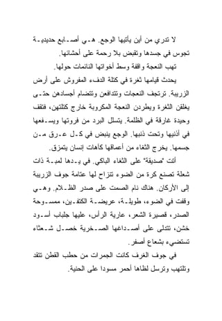 ‫ﻻ ﺘﺩﺭﻱ ﻤﻥ ﺃﻴﻥ ﻴﺄﺘﻴﻬﺎ ﺍﻟﻭﺠﻊ. ﻫـﻲ ﺃﺼـﺎﺒﻊ ﺤﺩﻴﺩﻴـﺔ‬
        ‫ﺘﺠﻭﺱ ﻓﻲ ﺠﺴﺩﻫﺎ ﻭﺘﻘﺒﺽ ﺒﻼ ﺭﺤﻤﺔ ﻋﻠﻰ ﺃﺤﺸﺎﺌﻬﺎ.‬
       ‫ﺘﻬﺏ ﺍﻟﻨﻌﺠﺔ ﻭﺍﻗﻔﺔ ﻭﺴﻁ ﺃﺨﻭﺍﺘﻬﺎ ﺍﻟﻨﺎﺌﻤﺎﺕ ﺤﻭﻟﻬﺎ.‬
‫ﻴﺤﺩﺙ ﻗﻴﺎﻤﻬﺎ ﺜﻐﺭﺓ ﻓﻲ ﻜﺘﻠﺔ ﺍﻟﺩﻑﺀ ﺍﻟﻤﻔﺭﻭﺵ ﻋﻠﻰ ﺃﺭﺽ‬
‫ﺍﻟﺯﺭﻴﺒﺔ. ﺘﺭﺘﺠﻑ ﺍﻟﻨﻌﺠﺎﺕ ﻭﺘﺘﺩﺍﻓﻌﻥ ﻭﺘﺘﻀﺎﻡ ﺃﺠﺴﺎﺩﻫﻥ ﺤﺘـﻰ‬
‫ﻴﻐﻠﻘﻥ ﺍﻟﺜﻐﺭﺓ ﻭﻴﻁﺭﺩﻥ ﺍﻟﻨﻌﺠﺔ ﺍﻟﻤﻜﺭﻭﺒﺔ ﺨﺎﺭﺝ ﻜﺘﻠﺘﻬﻥ، ﻓﺘﻘﻑ‬
‫ﻭﺤﻴﺩﺓ ﻏﺎﺭﻗﺔ ﻓﻲ ﺍﻟﻅﻠﻤﺔ. ﻴﺘﺴﻠل ﺍﻟﺒﺭﺩ ﻤﻥ ﻓﺭﻭﺘﻬﺎ ﻭﻴﺴـﻔﻌﻬﺎ‬
‫ﻓﻲ ﺃﺫﻨﻴﻬﺎ ﻭﺘﺤﺕ ﺫﻨﺒﻬﺎ. ﺍﻟﻭﺠﻊ ﻴﻨﺒﺽ ﻓﻲ ﻜـل ﻋـﺭﻕ ﻤـﻥ‬
     ‫ﺠﺴﻤﻬﺎ. ﻴﺨﺭﺝ ﺍﻟﺜﻐﺎﺀ ﻤﻥ ﺃﻋﻤﺎﻗﻬﺎ ﻜﺂﻫﺎﺕ ﺇﻨﺴﺎﻥ ﻴﺘﻤﺯﻕ.‬
‫ﺃﺘﺕ "ﺼﺩﻴﻘﺔ" ﻋﻠﻰ ﺍﻟﺜﻐﺎﺀ ﺍﻟﺒﺎﻜﻲ. ﻓﻲ ﻴـﺩﻫﺎ ﻟﻤﺒـﺔ ﺫﺍﺕ‬
‫ﺸﻌﻠﺔ ﺘﺼﻨﻊ ﻜﺭﺓ ﻤﻥ ﺍﻟﻀﻭﺀ ﺘﻨﺯﺍﺡ ﻟﻬﺎ ﻋﺘﺎﻤﺔ ﺠﻭﻑ ﺍﻟﺯﺭﻴﺒﺔ‬
‫ﺇﻟﻰ ﺍﻷﺭﻜﺎﻥ. ﻫﻨﺎﻙ ﻨﺎﻡ ﺍﻟﺼﻤﺕ ﻋﻠﻰ ﺼﺩﺭ ﺍﻟﻅـﻼﻡ. ﻭﻫـﻲ‬
‫ﻭﻗﻔﺕ ﻓﻲ ﺍﻟﻀﻭﺀ، ﻁﻭﻴﻠـﺔ، ﻋﺭﻴﻀـﺔ ﺍﻟﻜﺘﻔـﻴﻥ، ﻤﻤﺴـﻭﺤﺔ‬
‫ﺍﻟﺼﺩﺭ، ﻗﺼﻴﺭﺓ ﺍﻟﺸﻌﺭ، ﻋﺎﺭﻴﺔ ﺍﻟﺭﺃﺱ، ﻋﻠﻴﻬﺎ ﺠﻠﺒﺎﺏ ﺃﺴـﻭﺩ‬
‫ﺨﺸﻥ، ﺘﺘﺩﻟﻰ ﻋﻠﻰ ﺃﺼـﺩﺍﻏﻬﺎ ﺍﻟﺼـﺨﺭﻴﺔ ﺨﺼـل ﺸـﻌﺜﺎﺀ‬
                                 ‫ﺘﺴﺘﻀﻲﺀ ﺒﺸﻌﺎﻉ ﺃﺼﻔﺭ.‬
‫ﻓﻲ ﺠﻭﻑ ﺍﻟﻐﺭﻑ ﻜﺎﻨﺕ ﺍﻟﺠﻤﺭﺍﺕ ﻤﻥ ﺤﻁﺏ ﺍﻟﻘﻁﻥ ﺘﺘﻘﺩ‬
            ‫ﻭﺘﻠﺘﻬﺏ ﻭﺘﺭﺴل ﻟﻅﺎﻫﺎ ﺃﺤﻤﺭ ﻤﺴﻭﺩﺍ ﻋﻠﻰ ﺍﻟﺤﻨﻴﺔ.‬
 