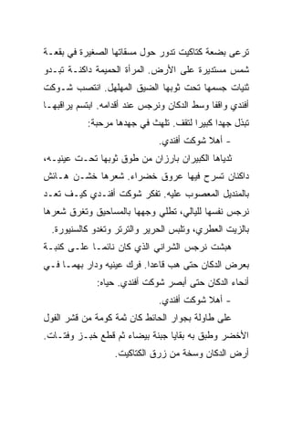 ‫ﺘﺭﻋﻰ ﺒﻀﻌﺔ ﻜﺘﺎﻜﻴﺕ ﺘﺩﻭﺭ ﺤﻭل ﻤﺴﻘﺎﺘﻬﺎ ﺍﻟﺼﻐﻴﺭﺓ ﻓﻲ ﺒﻘﻌـﺔ‬
‫ﺸﻤﺱ ﻤﺴﺘﺩﻴﺭﺓ ﻋﻠﻰ ﺍﻷﺭﺽ. ﺍﻟﻤﺭﺃﺓ ﺍﻟﺤﻤﻴﻤﺔ ﺩﺍﻜﻨـﺔ ﺘﺒـﺩﻭ‬
‫ﺜﻨﻴﺎﺕ ﺠﺴﻤﻬﺎ ﺘﺤﺕ ﺜﻭﺒﻬﺎ ﺍﻟﻀﻴﻕ ﺍﻟﻤﻬﻠﻬل. ﺍﻨﺘﺼﺏ ﺸـﻭﻜﺕ‬
‫ﺃﻓﻨﺩﻱ ﻭﺍﻗﻔﺎ ﻭﺴﻁ ﺍﻟﺩﻜﺎﻥ ﻭﻨﺭﺠﺱ ﻋﻨﺩ ﺃﻗﺩﺍﻤﻪ. ﺍﺒﺘﺴﻡ ﻴﺭﺍﻗﺒﻬـﺎ‬
           ‫ﺘﺒﺫل ﺠﻬﺩﺍ ﻜﺒﻴﺭﺍ ﻟﺘﻘﻑ. ﺘﻠﻬﺙ ﻓﻲ ﺠﻬﺩﻫﺎ ﻤﺭﺤﺒﺔ:‬
                              ‫- ﺃﻫﻼ ﺸﻭﻜﺕ ﺃﻓﻨﺩﻱ.‬
‫ﺜﺩﻴﺎﻫﺎ ﺍﻟﻜﺒﻴﺭﺍﻥ ﺒﺎﺭﺯﺍﻥ ﻤﻥ ﻁﻭﻕ ﺜﻭﺒﻬﺎ ﺘﺤـﺕ ﻋﻴﻨﻴـﻪ،‬
‫ﺩﺍﻜﻨﺎﻥ ﺘﺴﺭﺡ ﻓﻴﻬﺎ ﻋﺭﻭﻕ ﺨﻀﺭﺍﺀ. ﺸﻌﺭﻫﺎ ﺨﺸـﻥ ﻫـﺎﺌﺵ‬
‫ﺒﺎﻟﻤﻨﺩﻴل ﺍﻟﻤﻌﺼﻭﺏ ﻋﻠﻴﻪ. ﺘﻔﻜﺭ ﺸﻭﻜﺕ ﺃﻓﻨـﺩﻱ ﻜﻴـﻑ ﺘﻌـﺩ‬
‫ﻨﺭﺠﺱ ﻨﻔﺴﻬﺎ ﻟﻠﻴﺎﻟﻲ، ﺘﻁﻠﻲ ﻭﺠﻬﻬﺎ ﺒﺎﻟﻤﺴﺎﺤﻴﻕ ﻭﺘﻐﺭﻕ ﺸﻌﺭﻫﺎ‬
  ‫ﺒﺎﻟﺯﻴﺕ ﺍﻟﻌﻁﺭﻱ، ﻭﺘﻠﺒﺱ ﺍﻟﺤﺭﻴﺭ ﻭﺍﻟﺘﺭﺘﺭ ﻭﺘﻐﺩﻭ ﻜﺎﻟﺴﻨﻴﻭﺭﺓ.‬
‫ﻫﺒﺸﺕ ﻨﺭﺠﺱ ﺍﻟﺸﺭﺍﻨﻲ ﺍﻟﺫﻱ ﻜﺎﻥ ﻨﺎﺌﻤـﺎ ﻋﻠـﻰ ﻜﻨﺒـﺔ‬
‫ﺒﻌﺭﺽ ﺍﻟﺩﻜﺎﻥ ﺤﺘﻰ ﻫﺏ ﻗﺎﻋﺩﺍ. ﻓﺭﻙ ﻋﻴﻨﻴﻪ ﻭﺩﺍﺭ ﺒﻬﻤـﺎ ﻓـﻲ‬
              ‫ﺃﻨﺤﺎﺀ ﺍﻟﺩﻜﺎﻥ ﺤﺘﻰ ﺃﺒﺼﺭ ﺸﻭﻜﺕ ﺃﻓﻨﺩﻱ. ﺤﻴﺎﻩ:‬
                              ‫- ﺃﻫﻼ ﺸﻭﻜﺕ ﺃﻓﻨﺩﻱ.‬
‫ﻋﻠﻰ ﻁﺎﻭﻟﺔ ﺒﺠﻭﺍﺭ ﺍﻟﺤﺎﺌﻁ ﻜﺎﻥ ﺜﻤﺔ ﻜﻭﻤﺔ ﻤﻥ ﻗﺸﺭ ﺍﻟﻔﻭل‬
‫ﺍﻷﺨﻀﺭ ﻭﻁﺒﻕ ﺒﻪ ﺒﻘﺎﻴﺎ ﺠﺒﻨﺔ ﺒﻴﻀﺎﺀ ﺜﻡ ﻗﻁﻊ ﺨﺒـﺯ ﻭﻓﺘـﺎﺕ.‬
                   ‫ﺃﺭﺽ ﺍﻟﺩﻜﺎﻥ ﻭﺴﺨﺔ ﻤﻥ ﺯﺭﻕ ﺍﻟﻜﺘﺎﻜﻴﺕ.‬
 