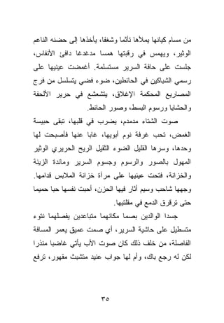 ‫ﻤﻥ ﻤﺴﺎﻡ ﻜﻴﺎﻨﻬﺎ ﻴﻤﻸﻫﺎ ﺘﺄﺜﻤﺎ ﻭﺸﻐﻔﺎ، ﻴﺄﺨﺫﻫﺎ ﺇﻟﻰ ﺤﻀﻨﻪ ﺍﻟﻨﺎﻋﻡ‬
‫ﺍﻟﻭﺜﻴﺭ، ﻭﻴﻬﻤﺱ ﻓﻲ ﺭﻗﺒﺘﻬﺎ ﻫﻤﺴﺎ ﻤﺩﻏﺩ ﹰﺎ ﺩﺍﻓﺊ ﺍﻷﻨﻔﺎﺱ،‬
              ‫ﻏ‬
‫ﺠﻠﺴﺕ ﻋﻠﻰ ﺤﺎﻓﺔ ﺍﻟﺴﺭﻴﺭ ﻤﺴﺘﺴﻠﻤﺔ. ﺃﻏﻤﻀﺕ ﻋﻴﻨﻴﻬﺎ ﻋﻠﻰ‬
‫ﺭﺴﻤﻲ ﺍﻟﺸﺒﺎﻜﻴﻥ ﻓﻲ ﺍﻟﺤﺎﺌﻁﻴﻥ، ﻀﻭﺀ ﻓﻀﻲ ﻴﺘﺴﻠﺴل ﻤﻥ ﻓﺭﺝ‬
‫ﺍﻟﻤﺼﺎﺭﻴﻊ ﺍﻟﻤﺤﻜﻤﺔ ﺍﻹﻏﻼﻕ، ﻴﺘﺸﻌﺸﻊ ﻓﻲ ﺤﺭﻴﺭ ﺍﻷﻟﺤﻔﺔ‬
                   ‫ﻭﺍﻟﺤﺸﺎﻴﺎ ﻭﺭﺴﻭﻡ ﺍﻟﺒﺴﻁ، ﻭﺼﻭﺭ ﺍﻟﺤﺎﺌﻁ.‬
‫ﺼﻭﺕ ﺍﻟﺸﺘﺎﺀ ﻤﺩﻤﺩﻡ، ﻴﻀﺭﺏ ﻓﻲ ﻗﻠﺒﻬﺎ، ﺘﺒﻘﻰ ﺤﺒﻴﺴﺔ‬
‫ﺍﻟﻐﻤﺽ، ﺘﺤﺏ ﻏﺭﻓﺔ ﻨﻭﻡ ﺃﺒﻭﻴﻬﺎ، ﻏﺎﺒﺎ ﻋﻨﻬﺎ ﻓﺄﺼﺒﺤﺕ ﻟﻬﺎ‬
‫ﻭﺤﺩﻫﺎ، ﻭﺴﺭﻫﺎ ﺍﻟﻘﻠﻴل ﺍﻟﻀﻭﺀ ﺍﻟﺜﻘﻴل ﺍﻟﺭﻴﺢ ﺍﻟﺤﺭﻴﺭﻱ ﺍﻟﻭﺜﻴﺭ‬
‫ﺍﻟﻤﻬﻭل ﺒﺎﻟﺼﻭﺭ ﻭﺍﻟﺭﺴﻭﻡ ﻭﺠﺴﻭﻡ ﺍﻟﺴﺭﻴﺭ ﻭﻤﺎﺌﺩﺓ ﺍﻟﺯﻴﻨﺔ‬
‫ﻭﺍﻟﺨﺯﺍﻨﺔ، ﻓﺘﺤﺕ ﻋﻴﻨﻴﻬﺎ ﻋﻠﻰ ﻤﺭﺁﺓ ﺨﺯﺍﻨﺔ ﺍﻟﻤﻼﺒﺱ ﻗﺩﺍﻤﻬﺎ.‬
‫ﻭﺠﻬﻬﺎ ﺸﺎﺤﺏ ﻭﺴﻴﻡ ﺃﺜﺎﺭ ﻓﻴﻬﺎ ﺍﻟﺤﺯﻥ، ﺃﺤﺒﺕ ﻨﻔﺴﻬﺎ ﺤﺒﺎ ﺤﻤﻴﻤﺎ‬
                             ‫ﺤﺘﻰ ﺘﺭﻗﺭﻕ ﺍﻟﺩﻤﻊ ﻓﻲ ﻤﻘﻠﺘﻴﻬﺎ.‬
‫ﺠﺴﺩﺍ ﺍﻟﻭﺍﻟﺩﻴﻥ ﺒﺼﻤﺎ ﻤﻜﺎﻨﻬﻤﺎ ﻤﺘﺒﺎﻋﺩﻴﻥ ﻴﻔﺼﻠﻬﻤﺎ ﻨﺘﻭﺀ‬
‫ﻤﺘﺴﻁﻴل ﻋﻠﻰ ﺤﺎﺸﻴﺔ ﺍﻟﺴﺭﻴﺭ، ﺃﻱ ﺼﻤﺕ ﻋﻤﻴﻕ ﻴﻌﻤﺭ ﺍﻟﻤﺴﺎﻓﺔ‬
‫ﺍﻟﻔﺎﺼﻠﺔ، ﻤﻥ ﺨﻠﻑ ﺫﻟﻙ ﻜﺎﻥ ﺼﻭﺕ ﺍﻷﺏ ﻴﺄﺘﻲ ﻏﺎﻀﺒﺎ ﻤﻨﺫﺭﺍ‬
‫ﻟﻜﻥ ﻟﻪ ﺭﺠﻊ ﺒﺎﻙ، ﻭﺃﻡ ﻟﻬﺎ ﺠﻭﺍﺏ ﻋﻨﻴﺩ ﻤﺘﺸﺒﺙ ﻤﻘﻬﻭﺭ، ﺘﺭﻓﻊ‬




                        ‫٥٣‬
 