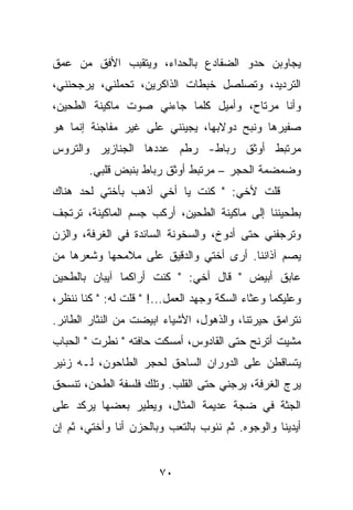 ‫ﻴﺠﺎﻭﺒﻥ ﺤﺩﻭ ﺍﻟﻀﻔﺎﺩﻉ ﺒﺎﻟﺤﺩﺍﺀ، ﻭﻴﺘﻘﺒﺏ ﺍﻷﻓﻕ ﻤﻥ ﻋﻤﻕ‬
‫ﺍﻟﺘﺭﺩﻴﺩ، ﻭﺘﺼﻠﺼل ﺨﺒﻁﺎﺕ ﺍﻟﺫﺍﻜﺭﻴﻥ، ﺘﺤﻤﻠﻨﻲ، ﻴﺭﺠﺤﻨﻨﻲ،‬
‫ﻭﺃﻨﺎ ﻤﺭﺘﺎﺡ، ﻭﺃﻤﻴل ﻜﻠﻤﺎ ﺠﺎﺀﻨﻲ ﺼﻭﺕ ﻤﺎﻜﻴﻨﺔ ﺍﻟﻁﺤﻴﻥ،‬
‫ﺼﻔﻴﺭﻫﺎ ﻭﻨﺒﺢ ﺩﻭﻻﺒﻬﺎ، ﻴﺠﻴﺌﻨﻲ ﻋﻠﻰ ﻏﻴﺭ ﻤﻔﺎﺠﺌﺔ ﺇﻨﻤﺎ ﻫﻭ‬
‫ﻤﺭﺘﺒﻁ ﺃﻭﺜﻕ ﺭﺒﺎﻁ- ﺭﻁﻡ ﻋﺩﺩﻫﺎ ﺍﻟﺠﻨﺎﺯﻴﺭ ﻭﺍﻟﺘﺭﻭﺱ‬
        ‫ﻭﻀﻤﻀﻤﺔ ﺍﻟﺤﺠﺭ – ﻤﺭﺘﺒﻁ ﺃﻭﺜﻕ ﺭﺒﺎﻁ ﺒﻨﺒﺽ ﻗﻠﺒﻲ.‬
‫ﻗﻠﺕ ﻷﺨﻲ: " ﻜﻨﺕ ﻴﺎ ﺃﺨﻲ ﺃﺫﻫﺏ ﺒﺄﺨﺘﻲ ﻟﺤﺩ ﻫﻨﺎﻙ‬
‫ﺒﻁﺤﻴﻨﻨﺎ ﺇﻟﻰ ﻤﺎﻜﻴﻨﺔ ﺍﻟﻁﺤﻴﻥ، ﺃﺭﻜﺏ ﺠﺴﻡ ﺍﻟﻤﺎﻜﻴﻨﺔ، ﺘﺭﺘﺠﻑ‬
‫ﻭﺘﺭﺠﻔﻨﻲ ﺤﺘﻰ ﺃﺩﻭﺥ، ﻭﺍﻟﺴﺨﻭﻨﺔ ﺍﻟﺴﺎﺌﺩﺓ ﻓﻲ ﺍﻟﻐﺭﻓﺔ، ﻭﺍﻟﺯﻥ‬
‫ﻴﺼﻡ ﺁﺫﺍﻨﻨﺎ. ﺃﺭﻯ ﺃﺨﺘﻲ ﻭﺍﻟﺩﻗﻴﻕ ﻋﻠﻰ ﻤﻼﻤﺤﻬﺎ ﻭﺸﻌﺭﻫﺎ ﻤﻥ‬
‫ﻋﺎﺒﻕ ﺃﺒﻴﺽ " ﻗﺎل ﺃﺨﻲ: " ﻜﻨﺕ ﺃﺭﺍﻜﻤﺎ ﺁﻴﺒﺎﻥ ﺒﺎﻟﻁﺤﻴﻥ‬
‫ﻭﻋﻠﻴﻜﻤﺎ ﻭﻋﺜﺎﺀ ﺍﻟﺴﻜﺔ ﻭﺠﻬﺩ ﺍﻟﻌﻤل...! " ﻗﻠﺕ ﻟﻪ: " ﻜﻨﺎ ﻨﻨﻅﺭ،‬
‫ﻨﺘﺭﺍﻤﻕ ﺤﻴﺭﺘﻨﺎ، ﻭﺍﻟﺫﻫﻭل، ﺍﻷﺸﻴﺎﺀ ﺍﺒﻴﻀﺕ ﻤﻥ ﺍﻟﻨﺜﺎﺭ ﺍﻟﻁﺎﺌﺭ.‬
‫ﻤﺸﻴﺕ ﺃﺘﺭﻨﺢ ﺤﺘﻰ ﺍﻟﻘﺎﺩﻭﺱ، ﺃﻤﺴﻜﺕ ﺤﺎﻓﺘﻪ " ﻨﻁﺭﺕ " ﺍﻟﺤﺒﺎﺏ‬
‫ﻴﺘﺴﺎﻗﻁﻥ ﻋﻠﻰ ﺍﻟﺩﻭﺭﺍﻥ ﺍﻟﺴﺎﺤﻕ ﻟﺤﺠﺭ ﺍﻟﻁﺎﺤﻭﻥ، ﻟـﻪ ﺯﺌﻴﺭ‬
‫ﻴﺭﺝ ﺍﻟﻐﺭﻓﺔ، ﻴﺭﺠﻨﻲ ﺤﺘﻰ ﺍﻟﻘﻠﺏ. ﻭﺘﻠﻙ ﻓﻠﺴﻔﺔ ﺍﻟﻁﺤﻥ، ﺘﻨﺴﺤﻕ‬
‫ﺍﻟﺠﺜﺔ ﻓﻲ ﻀﺠﺔ ﻋﺩﻴﻤﺔ ﺍﻟﻤﺜﺎل، ﻭﻴﻁﻴﺭ ﺒﻌﻀﻬﺎ ﻴﺭﻜﺩ ﻋﻠﻰ‬
‫ﺃﻴﺩﻴﻨﺎ ﻭﺍﻟﻭﺠﻭﻩ. ﺜﻡ ﻨﺌﻭﺏ ﺒﺎﻟﺘﻌﺏ ﻭﺒﺎﻟﺤﺯﻥ ﺃﻨﺎ ﻭﺃﺨﺘﻲ، ﺜﻡ ﺇﻥ‬


                        ‫٠٧‬
 