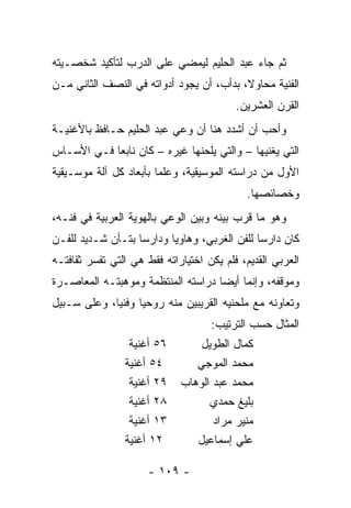 ‫ﺜﻡ ﺠﺎﺀ ﻋﺒﺩ ﺍﻟﺤﻠﻴﻡ ﻟﻴﻤﻀﻲ ﻋﻠﻰ ﺍﻟﺩﺭﺏ ﻟﺘﺄﻜﻴﺩ ﺸﺨﺼـﻴﺘﻪ‬
‫ﺍﻟﻔﻨﻴﺔ ﻤﺤﺎﻭ ﹰ، ﺒﺩﺃﺏ، ﺃﻥ ﻴﺠﻭﺩ ﺃﺩﻭﺍﺘﻪ ﻓﻲ ﺍﻟﻨﺼﻑ ﺍﻟﺜﺎﻨﻲ ﻤـﻥ‬
                                          ‫ﻻ‬
                                          ‫ﺍﻟﻘﺭﻥ ﺍﻟﻌﺸﺭﻴﻥ.‬
‫ﻭﺃﺤﺏ ﺃﻥ ﺃﺸﺩﺩ ﻫﻨﺎ ﺃﻥ ﻭﻋﻲ ﻋﺒﺩ ﺍﻟﺤﻠﻴﻡ ﺤـﺎﻓﻅ ﺒﺎﻷﻏﻨﻴـﺔ‬
‫ﺍﻟﺘﻲ ﻴﻐﻨﻴﻬﺎ – ﻭﺍﻟﺘﻲ ﻴﻠﺤﻨﻬﺎ ﻏﻴﺭﻩ – ﻜﺎﻥ ﻨﺎﺒﻌﺎ ﻓـﻲ ﺍﻷﺴـﺎﺱ‬
            ‫‪‬‬
‫ﺍﻷﻭل ﻤﻥ ﺩﺭﺍﺴﺘﻪ ﺍﻟﻤﻭﺴﻴﻘﻴﺔ، ﻭﻋﻠﻤﺎ ﺒﺄﺒﻌﺎﺩ ﻜل ﺁﻟﺔ ﻤﻭﺴـﻴﻘﻴﺔ‬
                        ‫‪‬‬
                                            ‫ﻭﺨﺼﺎﺌﺼﻬﺎ.‬
‫ﻭﻫﻭ ﻤﺎ ﻗﺭﺏ ﺒﻴﻨﻪ ﻭﺒﻴﻥ ﺍﻟﻭﻋﻲ ﺒﺎﻟﻬﻭﻴﺔ ﺍﻟﻌﺭﺒﻴﺔ ﻓﻲ ﻓﻨـﻪ،‬
‫ﻜﺎﻥ ﺩﺍﺭﺴﺎ ﻟﻠﻔﻥ ﺍﻟﻐﺭﺒﻲ، ﻭﻫﺎﻭﻴﺎ ﻭﺩﺍﺭﺴﺎ ﺒﺘـﺄﻥ ﺸـﺩﻴﺩ ﻟﻠﻔـﻥ‬
                   ‫‪‬‬      ‫‪‬‬                   ‫‪‬‬
‫ﺍﻟﻌﺭﺒﻲ ﺍﻟﻘﺩﻴﻡ، ﻓﻠﻡ ﻴﻜﻥ ﺍﺨﺘﻴﺎﺭﺍﺘﻪ ﻓﻘﻁ ﻫﻲ ﺍﻟﺘﻲ ﺘﻔﺴﺭ ﺜﻘﺎﻓﺘـﻪ‬
‫ﻭﻤﻭﻗﻔﻪ، ﻭﺇﻨﻤﺎ ﺃﻴﻀﺎ ﺩﺭﺍﺴﺘﻪ ﺍﻟﻤﻨﺘﻅﻤﺔ ﻭﻤﻭﻫﺒﺘـﻪ ﺍﻟﻤﻌﺎﺼـﺭﺓ‬
                                    ‫‪‬‬
‫ﻭﺘﻌﺎﻭﻨﻪ ﻤﻊ ﻤﻠﺤﻨﻴﻪ ﺍﻟﻘﺭﻴﺒﻴﻥ ﻤﻨﻪ ﺭﻭﺤﻴﺎ ﻭﻓﻨﻴﺎ، ﻭﻋﻠﻰ ﺴـﺒﻴل‬
             ‫‪‬‬     ‫‪‬‬
                                    ‫ﺍﻟﻤﺜﺎل ﺤﺴﺏ ﺍﻟﺘﺭﺘﻴﺏ:‬
                 ‫٦٥ ﺃﻏﻨﻴﺔ‬        ‫ﻜﻤﺎل ﺍﻟﻁﻭﻴل‬
                ‫٤٥ ﺃﻏﻨﻴﺔ‬        ‫ﻤﺤﻤﺩ ﺍﻟﻤﻭﺠﻲ‬
                 ‫٩٢ ﺃﻏﻨﻴﺔ‬    ‫ﻤﺤﻤﺩ ﻋﺒﺩ ﺍﻟﻭﻫﺎﺏ‬
                 ‫٨٢ ﺃﻏﻨﻴﺔ‬          ‫ﺒﻠﻴﻎ ﺤﻤﺩﻱ‬
                 ‫٣١ ﺃﻏﻨﻴﺔ‬           ‫ﻤﻨﻴﺭ ﻤﺭﺍﺩ‬
                ‫٢١ ﺃﻏﻨﻴﺔ‬        ‫ﻋﻠﻲ ﺇﺴﻤﺎﻋﻴل‬

                      ‫- ٩٠١ -‬
 