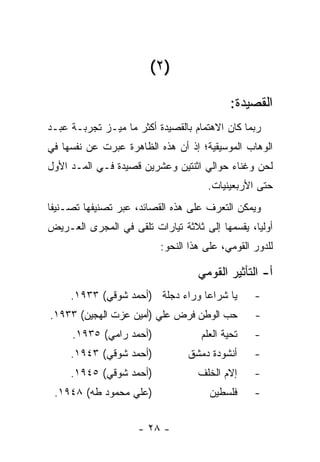 ‫)٢ (‬

                                             ‫ﺍﻟﻘﺼﻴﺩﺓ:‬
‫ﺭﺒﻤﺎ ﻜﺎﻥ ﺍﻻﻫﺘﻤﺎﻡ ﺒﺎﻟﻘﺼﻴﺩﺓ ﺃﻜﺜﺭ ﻤﺎ ﻤ ‪‬ـﺯ ﺘﺠﺭﺒـﺔ ﻋﺒـﺩ‬
              ‫ﻴ‬
‫ﺍﻟﻭﻫﺎﺏ ﺍﻟﻤﻭﺴﻴﻘﻴﺔ؛ ﺇﺫ ﺃﻥ ﻫﺫﻩ ﺍﻟﻅﺎﻫﺭﺓ ﻋﺒﺭﺕ ﻋﻥ ﻨﻔﺴﻬﺎ ﻓﻲ‬
‫ﻟﺤﻥ ﻭﻏﻨﺎﺀ ﺤﻭﺍﻟﻲ ﺍﺜﻨﺘﻴﻥ ﻭﻋﺸﺭﻴﻥ ﻗﺼﻴﺩﺓ ﻓـﻲ ﺍﻟﻤـﺩ ﺍﻷﻭل‬
                                      ‫ﺤﺘﻰ ﺍﻷﺭﺒﻌﻴﻨﻴﺎﺕ.‬
‫ﻭﻴﻤﻜﻥ ﺍﻟﺘﻌﺭﻑ ﻋﻠﻰ ﻫﺫﻩ ﺍﻟﻘﺼﺎﺌﺩ، ﻋﺒﺭ ﺘﺼﻨﻴﻔﻬﺎ ﺘﺼـﻨﻴﻔﺎ‬
 ‫ﹰ‬
‫ﺃﻭﻟﻴﺎ، ﻴﻘﺴﻤﻬﺎ ﺇﻟﻰ ﺜﻼﺜﺔ ﺘﻴﺎﺭﺍﺕ ﺘﻠﻘﻰ ﻓﻲ ﺍﻟﻤﺠﺭﻯ ﺍﻟﻌـﺭﻴﺽ‬
                                                ‫‪‬‬
                           ‫ﻟﻠﺩﻭﺭ ﺍﻟﻘﻭﻤﻲ، ﻋﻠﻰ ﻫﺫﺍ ﺍﻟﻨﺤﻭ:‬

                                    ‫ﺃ- ﺍﻟﺘﺄﺜﻴﺭ ﺍﻟﻘﻭﻤﻲ‬
     ‫ﻴﺎ ﺸﺭﺍﻋﺎ ﻭﺭﺍﺀ ﺩﺠﻠﺔ )ﺃﺤﻤﺩ ﺸﻭﻗﻲ( ٣٣٩١.‬
                                  ‫‪‬‬               ‫-‬
‫ﺤﺏ ﺍﻟﻭﻁﻥ ﻓﺭﺽ ﻋﻠﻲ )ﺃﻤﻴﻥ ﻋﺯﺕ ﺍﻟﻬﺠﻴﻥ( ٣٣٩١.‬
                        ‫‪‬‬                         ‫-‬
     ‫)ﺃﺤﻤﺩ ﺭﺍﻤﻲ( ٥٣٩١.‬               ‫ﺘﺤﻴﺔ ﺍﻟﻌﻠﻡ‬   ‫-‬
     ‫)ﺃﺤﻤﺩ ﺸﻭﻗﻲ( ٣٤٩١.‬           ‫ﺃﻨﺸﻭﺩﺓ ﺩﻤﺸﻕ‬      ‫-‬
     ‫)ﺃﺤﻤﺩ ﺸﻭﻗﻲ( ٥٤٩١.‬              ‫ﺇﻻﻡ ﺍﻟﺨﻠﻑ‬     ‫-‬
 ‫)ﻋﻠﻲ ﻤﺤﻤﻭﺩ ﻁﻪ( ٨٤٩١.‬                  ‫ﻓﻠﺴﻁﻴﻥ‬     ‫-‬


                     ‫- ٨٢ -‬
 