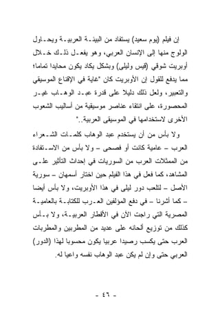 ‫ﺇﻥ ﻓﻴﻠﻡ )ﻴﻭﻡ ﺴﻌﻴﺩ( ﻴﺴﺘﻔﺎﺩ ﻤﻥ ﺍﻟﺒﻴﺌـﺔ ﺍﻟﻌﺭﺒﻴـﺔ ﻭﻴﺤـﺎﻭل‬
‫ﺍﻟﻭﻟﻭﺝ ﻤﻨﻬﺎ ﺇﻟﻰ ﺍﻹﻨﺴﺎﻥ ﺍﻟﻌﺭﺒﻲ، ﻭﻫﻭ ﻴﻔﻌـل ﺫﻟـﻙ ﺨـﻼل‬
‫ﺃﻭﺒﺭﻴﺕ ﺸﻭﻗﻲ )ﻗﻴﺱ ﻭﻟﻴﻠﻰ( ﻭﺒﺸﻜل ﻴﻜﺎﺩ ﻴﻜﻭﻥ ﻤﺤﺎﻴﺩﺍ ﺘﻤﺎﻤﺎ؛‬
  ‫‪‬‬     ‫‪‬‬
‫ﻤﻤﺎ ﻴﺩﻓﻊ ﻟﻠﻘﻭل ﺇﻥ ﺍﻷﻭﺒﺭﻴﺕ ﻜﺎﻥ "ﻏﺎﻴﺔ ﻓﻲ ﺍﻹﻗﻨﺎﻉ ﺍﻟﻤﻭﺴﻴﻘﻲ‬
‫ﻭﺍﻟﺘﻌﺒﻴﺭ، ﻭﻟﻌل ﺫﻟﻙ ﺩﻟﻴﻼ ﻋﻠﻰ ﻗﺩﺭﺓ ﻋﺒـﺩ ﺍﻟﻭﻫـﺎﺏ ﻏﻴـﺭ‬
                           ‫ﹰ‬
‫ﺍﻟﻤﺤﺼﻭﺭﺓ، ﻋﻠﻰ ﺍﻨﺘﻘﺎﺀ ﻋﻨﺎﺼﺭ ﻤﻭﺴﻴﻘﻴﺔ ﻤﻥ ﺃﺴﺎﻟﻴﺏ ﺍﻟﺸﻌﻭﺏ‬
               ‫ﺍﻷﺨﺭﻯ ﻻﺴﺘﺨﺩﺍﻤﻬﺎ ﻓﻲ ﺍﻟﻤﻭﺴﻴﻘﻰ ﺍﻟﻌﺭﺒﻴﺔ.."‬
‫ﻭﻻ ﺒﺄﺱ ﻤﻥ ﺃﻥ ﻴﺴﺘﺨﺩﻡ ﻋﺒﺩ ﺍﻟﻭﻫﺎﺏ ﻜﻠﻤـﺎﺕ ﺍﻟﺸـﻌﺭﺍﺀ‬
‫ﺍﻟﻌﺭﺏ – ﻋﺎﻤﻴﺔ ﻜﺎﻨﺕ ﺃﻭ ﻓﺼﺤﻰ – ﻭﻻ ﺒﺄﺱ ﻤﻥ ﺍﻻﺴـﺘﻔﺎﺩﺓ‬
‫ﻤﻥ ﺍﻟﻤﻤﺜﻼﺕ ﺍﻟﻌﺭﺏ ﻤﻥ ﺍﻟﺴﻭﺭﻴﺎﺕ ﻓﻲ ﺇﺤﺩﺍﺙ ﺍﻟﺘﺄﺜﻴﺭ ﻋﻠـﻰ‬
‫ﺍﻟﻤﺸﺎﻫﺩ، ﻜﻤﺎ ﻓﻌل ﻓﻲ ﻫﺫﺍ ﺍﻟﻔﻴﻠﻡ ﺤﻴﻥ ﺍﺨﺘﺎﺭ ﺃﺴﻤﻬﺎﻥ – ﺴﻭﺭﻴﺔ‬
‫ﺍﻷﺼل – ﻟﺘﻠﻌﺏ ﺩﻭﺭ ﻟﻴﻠﻰ ﻓﻲ ﻫﺫﺍ ﺍﻷﻭﺒﺭﻴﺕ، ﻭﻻ ﺒﺄﺱ ﺃﻴﻀﺎ‬
 ‫‪‬‬
‫– ﻜﻤﺎ ﺃﺸﺭﻨﺎ – ﻓﻲ ﺩﻓﻊ ﺍﻟﻤﺅﻟﻔﻴﻥ ﺍﻟﻌـﺭﺏ ﻟﻠﻜﺘﺎﺒـﺔ ﺒﺎﻟﻌﺎﻤﻴـﺔ‬
‫ﺍﻟﻤﺼﺭﻴﺔ ﺍﻟﺘﻲ ﺭﺍﺠﺕ ﺍﻵﻥ ﻓﻲ ﺍﻷﻗﻁﺎﺭ ﺍﻟﻌﺭﺒﻴـﺔ، ﻭﻻ ﺒـﺄﺱ‬
‫ﻜﺫﻟﻙ ﻤﻥ ﺘﻭﺯﻴﻊ ﺃﻟﺤﺎﻨﻪ ﻋﻠﻰ ﻋﺩﻴﺩ ﻤﻥ ﺍﻟﻤﻁﺭﺒﻴﻥ ﻭﺍﻟﻤﻁﺭﺒﺎﺕ‬
‫ﺍﻟﻌﺭﺏ ﺤﺘﻰ ﻴﻜﺴﺏ ﺭﺼﻴﺩﺍ ﻋﺭﺒﻴﺎ ﻴﻜﻭﻥ ﻤﺤﺴﻭﺒﺎ ﻟﻬﺫﺍ )ﺍﻟﺩﻭﺭ(‬
              ‫‪‬‬           ‫‪‬‬     ‫‪‬‬
       ‫ﺍﻟﻌﺭﺒﻲ ﺤﺘﻰ ﻭﺇﻥ ﻟﻡ ﻴﻜﻥ ﻋﺒﺩ ﺍﻟﻭﻫﺎﺏ ﻨﻔﺴﻪ ﻭﺍﻋﻴﺎ ﻟﻪ.‬
            ‫‪‬‬




                      ‫- ٦٤ -‬
 