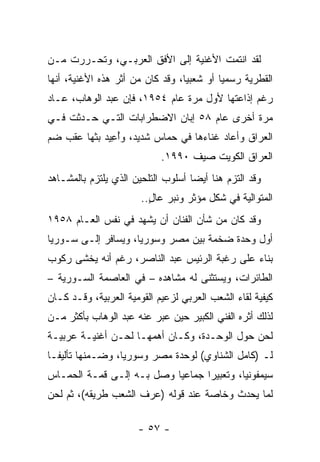 ‫ﻟﻘﺩ ﺍﻨﺘﻤﺕ ﺍﻷﻏﻨﻴﺔ ﺇﻟﻰ ﺍﻷﻓﻕ ﺍﻟﻌﺭﺒـﻲ، ﻭﺘﺤـﺭﺭﺕ ﻤـﻥ‬
      ‫‪‬‬
‫ﺍﻟﻘﻁﺭﻴﺔ ﺭﺴﻤﻴﺎ ﺃﻭ ﺸﻌﺒﻴﺎ، ﻭﻗﺩ ﻜﺎﻥ ﻤﻥ ﺃﺜﺭ ﻫﺫﻩ ﺍﻷﻏﻨﻴﺔ، ﺃﻨﻬﺎ‬
                                  ‫‪‬‬        ‫‪‬‬
‫ﺭﻏﻡ ﺇﺫﺍﻋﺘﻬﺎ ﻷﻭل ﻤﺭﺓ ﻋﺎﻡ ٤٥٩١، ﻓﺈﻥ ﻋﺒﺩ ﺍﻟﻭﻫﺎﺏ، ﻋـﺎﺩ‬
‫ﻤﺭﺓ ﺃﺨﺭﻯ ﻋﺎﻡ ٨٥ ﺇﺒﺎﻥ ﺍﻻﻀﻁﺭﺍﺒﺎﺕ ﺍﻟﺘـﻲ ﺤـﺩﺜﺕ ﻓـﻲ‬
‫ﺍﻟﻌﺭﺍﻕ ﻭﺃﻋﺎﺩ ﻏﻨﺎﺀﻫﺎ ﻓﻲ ﺤﻤﺎﺱ ﺸﺩﻴﺩ، ﻭﺃﻋﻴﺩ ﺒﺜﻬﺎ ﻋﻘﺏ ﻀﻡ‬
              ‫ُِ‬
                            ‫ﺍﻟﻌﺭﺍﻕ ﺍﻟﻜﻭﻴﺕ ﺼﻴﻑ ٠٩٩١.‬
‫ﻭﻗﺩ ﺍﻟﺘﺯﻡ ﻫﻨﺎ ﺃﻴﻀﺎ ﺃﺴﻠﻭﺏ ﺍﻟﺘﻠﺤﻴﻥ ﺍﻟﺫﻱ ﻴﻠﺘﺯﻡ ﺒﺎﻟﻤﺸـﺎﻫﺩ‬
                                    ‫‪‬‬
                       ‫ﺍﻟﻤﺘﻭﺍﻟﻴﺔ ﻓﻲ ﺸﻜل ﻤﺅﺜﺭ ﻭﻨﺒﺭ ﻋﺎل..‬
                         ‫ٍ‬
‫ﻭﻗﺩ ﻜﺎﻥ ﻤﻥ ﺸﺄﻥ ﺍﻟﻔﻨﺎﻥ ﺃﻥ ﻴﺸﻬﺩ ﻓﻲ ﻨﻔﺱ ﺍﻟﻌـﺎﻡ ٨٥٩١‬
‫ﺃﻭل ﻭﺤﺩﺓ ﻀﺨﻤﺔ ﺒﻴﻥ ﻤﺼﺭ ﻭﺴﻭﺭﻴﺎ، ﻭﻴﺴﺎﻓﺭ ﺇﻟـﻰ ﺴـﻭﺭﻴﺎ‬
‫ﺒﻨﺎﺀ ﻋﻠﻰ ﺭﻏﺒﺔ ﺍﻟﺭﺌﻴﺱ ﻋﺒﺩ ﺍﻟﻨﺎﺼﺭ، ﺭﻏﻡ ﺃﻨﻪ ﻴﺨﺸﻰ ﺭﻜﻭﺏ‬
‫ﺍﻟﻁﺎﺌﺭﺍﺕ، ﻭﻴﺴﺘﺜﻨﻰ ﻟﻪ ﻤﺸﺎﻫﺩﻩ – ﻓﻲ ﺍﻟﻌﺎﺼﻤﺔ ﺍﻟﺴـﻭﺭﻴﺔ –‬
‫ﻜﻴﻔﻴﺔ ﻟﻘﺎﺀ ﺍﻟﺸﻌﺏ ﺍﻟﻌﺭﺒﻲ ﻟﺯﻋﻴﻡ ﺍﻟﻘﻭﻤﻴﺔ ﺍﻟﻌﺭﺒﻴﺔ، ﻭﻗـﺩ ﻜـﺎﻥ‬
‫ﻟﺫﻟﻙ ﺃﺜﺭﻩ ﺍﻟﻔﻨﻲ ﺍﻟﻜﺒﻴﺭ ﺤﻴﻥ ﻋﺒﺭ ﻋﻨﻪ ﻋﺒﺩ ﺍﻟﻭﻫﺎﺏ ﺒﺄﻜﺜﺭ ﻤـﻥ‬
‫ﻟﺤﻥ ﺤﻭل ﺍﻟﻭﺤـﺩﺓ، ﻭﻜـﺎﻥ ﺃﻫﻤﻬـﺎ ﻟﺤـﻥ ﺃﻏﻨﻴـﺔ ﻋﺭﺒﻴـﺔ‬
‫ﻟـ )ﻜﺎﻤل ﺍﻟﺸﻨﺎﻭﻱ( ﻟﻭﺤﺩﺓ ﻤﺼﺭ ﻭﺴﻭﺭﻴﺎ، ﻭﻀـﻤﻨﻬﺎ ﺘﺄﻟﻴ ﹰـﺎ‬
  ‫ﻔ‬         ‫‪‬‬
‫ﺴﻴﻤﻔﻭﻨﻴﺎ، ﻭﺘﻌﺒﻴﺭﺍ ﺠﻤﺎﻋﻴﺎ ﻭﺼل ﺒـﻪ ﺇﻟـﻰ ﻗﻤـﺔ ﺍﻟﺤﻤـﺎﺱ‬
                           ‫‪‬‬      ‫‪‬‬        ‫‪‬‬
‫ﻟﻤﺎ ﻴﺤﺩﺙ ﻭﺨﺎﺼﺔ ﻋﻨﺩ ﻗﻭﻟﻪ )ﻋﺭﻑ ﺍﻟﺸﻌﺏ ﻁﺭﻴﻘﻪ(، ﺜﻡ ﻟﺤﻥ‬

                      ‫- ٧٥ -‬
 