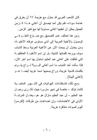 ‫ﻜﺎﻥ ﺍﻟﺸﻌﺏ ﺍﻟﻌﺭﺒﻲ ﻗﺩ ﺤﺎﻭل ﻤﻊ ﻫﺯﻴﻤﺔ ٧٦ ﺃﻥ ﻴﻐﺭﻕ ﻓﻲ‬
‫ﻏﻤﺎﻤﺔ ﺴﻭﺩﺍﺀ، ﻓﻠﻡ ﻴﻜﻥ ﺃﺤﺩ ﻟﻴﺼﺩﻕ ﺃﻥ ﺃﻏﺎﻨﻲ ﻫـﺫﺍ ﺍﻟـﺯﻤﻥ‬
  ‫ﺍﻟﺠﻤﻴل ﻴﻤﻜﻥ ﺃﻥ ﺘﻌﻘﺒﻬﺎ ﺃﻏﺎﻨﻲ ﻤﺴﺎﻭﻴﺔ ﻟﻬﺎ ﻤﻊ ﺘﻐﻴﺭ ﺍﻟﺯﻤﻥ..‬
‫ﻭﻤﻥ ﻫﻨﺎ ﺘﺤﺎﻟﻑ ﻋﺩﻡ ﺍﻟﺘﺼﺩﻴﻕ ﻤﻊ ﻀـﻴﺎﻉ ﺍﻟﺤﻠـﻡ ﻓـﻲ‬
‫ﺍﻟﻭﺼﻭل ﺒﺎﻷﻏﻨﻴﺔ ﺍﻟﻌﺭﺒﻴﺔ ﺇﻟﻰ ﺃﺩﻨﻰ ﻤﺴﺘﻭﻯ ﻋﺭﻓﺘﻪ ﺍﻷﻏﻨﻴـﺔ،‬
‫ﻭﻤﻥ ﻴﺤﺎﻭل ﺃﻥ ﻴﺒﺤﺙ ﺍﻵﻥ ﻋﻥ ﺍﻷﻏﻨﻴﺔ ﺍﻟﻌﺭﺒﻴﺔ ﻭﺴﻁ ﺍﻟﺸﺒﺎﺏ‬
‫ﺴﻭﻑ ﻴﺭﻭﻋﻪ ﻜﻠﻤﺎﺘﻬﺎ ﺍﻟﻨﺎﺒﻴﺔ، ﺒل ﺇﻥ ﺍﺴﻡ ﺍﻷﻏﻨﻴـﺔ ﺍﻟﻌﺎﻁﻔﻴـﺔ‬
‫ﺍﻟﺘﻲ ﺃﻁﻠﻘﺕ ﻋﻠﻰ ﺃﻏﺎﻨﻲ ﻋﺒﺩ ﺍﻟﺤﻠﻴﻡ ﺍﺴﺘﺒﺩل ﺒﻬﺎ ﺍﺴﻡ ﺁﺨﺭ ﺍﻵﻥ،‬
‫ﻓﺈﺫﺍ ﺴﺄﻟﺕ ﺃﺤﺩ ﺍﻟﺸﺒﺎﺏ ﻤﺎ ﺍﺴﻡ ﺃﻏﺎﻨﻲ ﺍﻟﻴـﻭﻡ؟ ﻟـﺭﺍﺡ ﻴﺘـﺭﻨﻡ‬
‫ﺒﻜﻠﻤﺎﺕ ﻗﺎﺴﻴﺔ ﻏﺭﻴﺒﺔ، ﻭﺭﺍﺡ ﻴﺴﻤﻴﻬﺎ ﺍﺴﻤﺎ ﻏﺭﻴﺒﺎ ﺃﻴ ‪‬ـﺎ ﻫـﻭ‬
      ‫‪ ‬ﻀ‬         ‫‪‬‬
                                         ‫)ﺃﻏﺎﻨﻲ ﺍﻟﺒﻴﺌﺔ(..‬
‫ﻭﻤﻊ ﺫﻟﻙ، ﻓﺎﺴﺘﻔﺘﺎﺀﺍﺕ ﺍﻟﻬﻭﺍﺌﻴﺎﺕ ﻓﻲ ﺍﻟﺸـﻬﻭﺭ ﺍﻟﻤﺎﻀـﻴﺔ‬
‫ﻜﺎﻨﺕ ﺘﺅﻜﺩ – ﺨﺎﺼﺔ ﻓﻲ ﺸﻬﺭ ﻤﺎﺭﺱ؛ ﺤﻴﺙ ﺫﻜـﺭﻯ ﺭﺤﻴـل‬
‫ﻋﺒﺩ ﺍﻟﺤﻠﻴﻡ – ﺃﻥ ﻋﺒﺩ ﺍﻟﺤﻠﻴﻡ ﻤﺎﺯﺍل ﻫﻭ ﻫﻭ، ﻴﺤﺘـل ﺍﻟﻤﺭﺘﺒـﺔ‬
‫ﺍﻷﻭﻟﻰ ﻓﻲ ﺍﻻﻫﺘﻤﺎﻤﺎﺕ، ﻭﺇﻥ ﺘﺼﺎﻋﺩﺕ ﻤﻥ ﻁﺭﻗﺎﺕ )ﺍﻟﺘﺭﺴﻭ(‬
                            ‫ﺍﻟﻴﻭﻡ ﺃﺼﻭﺍﺕ ﻤﺘﻨﺎﻓﺭﺓ ﻏﺭﻴﺒﺔ..‬




                       ‫-٦-‬
 