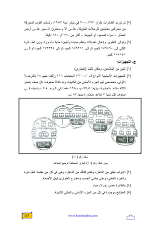 ‫)٥( ﺘﻡ ﺘﻭﺭﻴﺩ ﺍﻟﻁﺎﺌﺭﺍﺕ ﻁﺭﺍﺯ ٧٦٧-٠٠٢ ﻓﻲ ﻴﻨﺎﻴﺭ ﺴﻨﺔ ٧٨٩١، ﻭﺘﺴﺘﻤﺩ ﺍﻟﻘﻭﻯ ﺍﻟﻤﺤﺭﻜﺔ‬
‫ﻤﻥ ﻤﺤﺭﻜﻴﻥ ﻤﻌﺘﻤﺩﻴﻥ ﻟﻠﺭﺤﻼﺕ ﺍﻟﻁﻭﻴﻠﺔ، ﻋﻠـﻰ ﺃﻻ ﻴـﺴﺘﻐﺭﻕ ﺍﻟـﺴﻴﺭ ﻋﻠـﻰ ﺃﺭﺽ‬
              ‫ﺍﻟﻤﻁﺎﺭ - ﺴﻭﺍﺀ ﻟﻠﺼﻌﻭﺩ ﺃﻭ ﻟﻠﻬﺒﻭﻁ - ﺃﻜﺜﺭ ﻤﻥ ٠٢١ ﺃﻭ ٠٨١ ﺩﻗﻴﻘﺔ.‬
‫)٦( ﻭﺘﻭﺍﻟﻰ ﺍﻟﺘﻁﻭﻴﺭ ﻭﺇﺩﺨﺎل ﺘﻌﺩﻴﻼﺕ ﻭﻨﻅﻡ ﺠﺩﻴﺩﺓ ﻭﺃﺠﻬﺯﺓ ﺤﺩﻴﺜـﺔ، ﻭﺯﺍﺩ ﻭﺯﻥ ﺍﻟﻁـﺎﺌﺭﺓ‬
‫ﺍﻟﻜﻠﻲ ﺇﻟﻰ ٠٩٤٦٥١ ﻜﺠﻡ، ﺜﻡ ﺇﻟﻰ ١١٢٩٥١ ﻜﺠﻡ، ﺜﻡ ﺇﻟﻰ ٥٦٣٢٧١ ﻜﺠﻡ، ﺜﻡ ﺇﻟـﻰ‬
                                                                ‫٥٤٥٥٧١ ﻜﺠﻡ.‬
                                                                      ‫ج- اﻟﺘﺠﻬﻴﺰات:‬
                                     ‫)١( ﺍﺜﻨﻴﻥ ﻤﻥ ﺍﻟﻤﻼﺤﻴﻥ، ﻭﻤﻜﺎﻥ ﺜﺎﻟﺙ )ﺍﺨﺘﻴﺎﺭﻱ(.‬
‫)٢( ﺍﻟﺘﺠﻬﻴﺯﺍﺕ ﺍﻷﺴﺎﺴﻴﺔ ﻷﻨﻭﺍﻉ ﺍﻟـ "-٠٠٢"؛ ﻻﺴﺘﻴﻌﺎﺏ ٦١٢ ﺭﺍﻜ ‪‬ﺎ، ﻤﻨﻬﻡ ٨١ ﺒﺎﻟﺩﺭﺠـﺔ‬
                   ‫ﺒ‬
‫ﺍﻷﻭﻟﻰ، ﻤﺨﺼﺹ ﻟﻬﻡ ﺍﻟﺠﺯﺀ ﺍﻷﻤﺎﻤﻲ ﻤﻥ ﺍﻟﻜﺎﺒﻴﻨﺔ، ﻭﺒﻪ ﺜﻼﺜﺔ ﺼﻔﻭﻑ؛ ﻜل ﺼﻑ ﻴﺸﻤل‬
‫ﺜﻼﺜﺔ ﻤﻘﺎﻋﺩ ﻤﺘﺠﺎﻭﺭﺓ، ﺒﻴﻨﻬﻤﺎ ٥,٦٩ﺴﻡ، ﻭ٨٩١ ﻤﻘﻌ ‪‬ﺍ ﻓﻲ ﺍﻟﺩﺭﺠـﺔ ﺍﻟـﺴﻴﺎﺤﻴﺔ، ﻓـﻲ‬
                           ‫ﺩ‬
                                ‫ﺼﻔﻭﻑ ﻜل ﻤﻨﻬﺎ ٧ ﻤﻘﺎﻋﺩ ﻤﺘﺠﺎﻭﺭﺓ ﺒﻴﻨﻬﺎ ٧٨ ﺴﻡ.‬




                                    ‫ﺸﻜل ﺭﻗﻡ )٠٦(‬
                    ‫ﻴﺒﻴﻥ ﺸﻜل ﺭﻗﻡ )٠٦( ﺍﻟﻁﺭﻕ ﺍﻟﻤﺨﺘﻠﻔﺔ ﻟﻭﻀﻊ ﺍﻟﻤﻘﺎﻋﺩ.‬

‫)٣( ﺍﻷﺒﻭﺍﺏ ﺘﻐﻠﻕ ﻤﻥ ﺍﻟﺩﺍﺨل، ﻭﺘﻔﺘﺢ ﻜﺫﻟﻙ ﻤﻥ ﺍﻟﺩﺍﺨل، ﻭﻫﻲ ﻓﻲ ﻜل ﻤﻥ ﻤﻘﺩﻤﺔ ﺍﻟﻁـﺎﺌﺭﺓ‬
            ‫ﻭﺍﻟﺠﺯﺀ ﺍﻟﺨﻠﻔﻲ، ﻭﻋﻠﻰ ﺠﺎﻨﺒﻲ ﺍﻟﺠﺴﻡ، ﻭﻤﺨﺎﺭﺝ ﺍﻟﻁﻭﺍﺭﺉ ﻓﻭﻕ ﺍﻷﺠﻨﺤﺔ.‬
                                                     ‫)٤( ﺒﺎﻟﻁﺎﺌﺭﺓ ﺨﻤﺱ ﺩﻭﺭﺍﺕ ﻤﻴﺎﻩ.‬
                    ‫)٥( ﺍﻟﻤﻁﺎﺒﺦ ﻤﻭﺠﻭﺩﺓ ﻓﻲ ﻜل ﻤﻥ ﺍﻟﺠﺯﺀ ﺍﻷﻤﺎﻤﻲ ﻭﺍﻟﺨﻠﻔﻲ ﻟﻠﻜﺎﺒﻴﻨﺔ.‬




‫301‬                              ‫‪www.kotobarabia.com‬‬
 