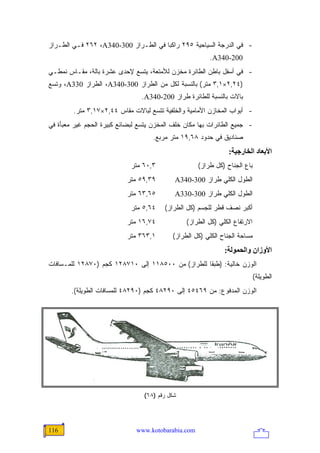 ‫- ﻓﻲ ﺍﻟﺩﺭﺠﺔ ﺍﻟﺴﻴﺎﺤﻴﺔ ٥٩٢ ﺭﺍﻜ ‪‬ﺎ ﻓﻲ ﺍﻟﻁـﺭﺍﺯ 003-043‪ ٢٦٢ ،A‬ﻓـﻲ ﺍﻟﻁـﺭﺍﺯ‬
                                      ‫ﺒ‬
                                                         ‫002-043‪.A‬‬
‫- ﻓﻲ ﺃﺴﻔل ﺒﺎﻁﻥ ﺍﻟﻁﺎﺌﺭﺓ ﻤﺨﺯﻥ ﻟﻸﻤﺘﻌﺔ، ﻴﺘﺴﻊ ﻹﺤﺩﻯ ﻋﺸﺭﺓ ﺒﺎﻟﺔ، ﻤﻘـﺎﺱ ﻨﻤﻁـﻲ‬
‫)٤٢,٢×١,٣ ﻤﺘﺭ( ﺒﺎﻟﻨﺴﺒﺔ ﻟﻜل ﻤﻥ ﺍﻟﻁﺭﺍﺯ 003-043‪ ،A‬ﺍﻟﻁﺭﺍﺯ 033‪ ،A‬ﻭﺘﺴﻊ‬
                                ‫ﺒﺎﻻﺕ ﺒﺎﻟﻨﺴﺒﺔ ﻟﻠﻁﺎﺌﺭﺓ ﻁﺭﺍﺯ 002-043‪.A‬‬
        ‫- ﺃﺒﻭﺍﺏ ﺍﻟﻤﺨﺎﺯﻥ ﺍﻷﻤﺎﻤﻴﺔ ﻭﺍﻟﺨﻠﻔﻴﺔ ﺘﺘﺴﻊ ﻟﺒﺎﻻﺕ ﻤﻘﺎﺱ ٤٤,٢×٧١,٣ ﻤﺘﺭ.‬
‫- ﺠﻤﻴﻊ ﺍﻟﻁﺎﺌﺭﺍﺕ ﺒﻬﺎ ﻤﻜﺎﻥ ﺨﻠﻑ ﺍﻟﻤﺨﺯﻥ ﻴﺘﺴﻊ ﻟﺒﻀﺎﺌﻊ ﻜﺒﻴﺭﺓ ﺍﻟﺤﺠﻡ ﻏﻴﺭ ﻤﻌﺒﺄﺓ ﻓﻲ‬
                                    ‫ﺼﻨﺎﺩﻴﻕ ﻓﻲ ﺤﺩﻭﺩ ٨٦,٩١ ﻤﺘﺭ ﻤﺭﺒﻊ.‬
                                                                ‫اﻷﺑﻌﺎد اﻟﺨﺎرﺝﻴﺔ:‬
                             ‫٣,٠٦ ﻤﺘﺭ‬                ‫ﺒﺎﻉ ﺍﻟﺠﻨﺎﺡ )ﻜل ﻁﺭﺍﺯ(‬
                           ‫٩٣,٩٥ ﻤﺘﺭ‬        ‫ﺍﻟﻁﻭل ﺍﻟﻜﻠﻲ ﻁﺭﺍﺯ 003-043‪A‬‬
                           ‫٥٦,٣٦ ﻤﺘﺭ‬        ‫ﺍﻟﻁﻭل ﺍﻟﻜﻠﻲ ﻁﺭﺍﺯ 003-033‪A‬‬
                             ‫٤٦,٥ ﻤﺘﺭ‬    ‫ﺃﻜﺒﺭ ﻨﺼﻑ ﻗﻁﺭ ﻟﻠﺠﺴﻡ )ﻜل ﺍﻟﻁﺭﺍﺯ(‬
                           ‫٤٧,٦١ ﻤﺘﺭ‬            ‫ﺍﻻﺭﺘﻔﺎﻉ ﺍﻟﻜﻠﻲ )ﻜل ﺍﻟﻁﺭﺍﺯ(‬
                           ‫١,٣٦٣ ﻤﺘﺭ‬       ‫ﻤﺴﺎﺤﺔ ﺍﻟﺠﻨﺎﺡ ﺍﻟﻜﻠﻲ )ﻜل ﺍﻟﻁﺭﺍﺯ(‬
                                                              ‫اﻷوزان واﻟﺤﻤﻮﻟﺔ:‬
‫ﺍﻟﻭﺯﻥ ﺨﺎﻟﻴﺔ: )ﻁﺒ ﹰﺎ ﻟﻠﻁﺭﺍﺯ( ﻤﻥ ٠٠٥٨١١ ﺇﻟﻰ ٠١٧٨٢١ ﻜﺠﻡ )٠٧٨٢١ ﻟﻠﻤـﺴﺎﻓﺎﺕ‬
                                                   ‫ﻘ‬
                                                                            ‫ﺍﻟﻁﻭﻴﻠﺔ(‬
        ‫ﺍﻟﻭﺯﻥ ﺍﻟﻤﺩﻓﻭﻉ: ﻤﻥ ٩٦٤٥٤ ﺇﻟﻰ ٠٩٢٨٤ ﻜﺠﻡ )٠٩٢٨٤ ﻟﻠﻤﺴﺎﻓﺎﺕ ﺍﻟﻁﻭﻴﻠﺔ(.‬




                                 ‫ﺸﻜل ﺭﻗﻡ )٨٦(‬




‫611‬                            ‫‪www.kotobarabia.com‬‬
 