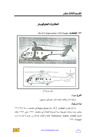 ‫]‪<†Â<oÖ^nÖ]<ÜŠÏÖ‬‬


                        ‫]‪<eçÓé×]<l]†ñ^ŞÖ‬‬


                         ‫٥٥- اﻟﻬﻠﻴﻜﻮﺑﺘﺮ ‪:As.33.2 Super puma v 532 Cougar‬‬




                                ‫ﺸﻜل ﺭﻗﻡ )٦٧(‬

                                                                  ‫اﻟﻨﻮع ‪:Type‬‬
                           ‫ﻤﺭﻜﺒﺔ ﺫﺍﺕ ﻭﻅﺎﺌﻑ ﻤﺘﻌﺩﺩﺓ ﺘﺩﺍﺭ ﺒﻤﺤﺭﻜﻴﻥ ﺘﺭﺒﻴﻨﻴﻴﻥ.‬
                                                                  ‫ﻥﺒﺬة ﺗﺎریﺨﻴﺔ:‬
‫ﺒﺩﺃ ﺃﻭل ﻁﻴﺭﺍﻥ ﻟﻠﻬﻠﻴﻜﻭﺒﺘﺭ 2.33 .‪ Super puma As‬ﻓﻲ ﻤﻨﺘﺼﻑ ﺴـﻨﺔ ٨٧٩١/ ٣١‬
‫ﺴﺒﺘﻤﺒﺭ ﺒﺴﺕ ﻭﺤﺩﺍﺕ ﺘﺠﺭﻴﺒﻴﺔ، ﻭﺒﺩﺃ ﺘﻭﺭﻴﺩﻫﺎ ﻟﻠﻌﻤﻼﺀ ﻓﻲ ﻤﻨﺘﺼﻑ ١٨٩١، ﻭﻓﻲ ٦٨٩١ ﺩﺨﻠﺕ‬
‫ﺍﻟﺴﻭﻕ ﺍﻟﻬﻠﻴﻜﻭﺒﺘﺭ ‪ ،IAI Turbomeca makila‬ﻭﺃﻨﺘﺠﺕ ﻋﺩﺓ ﻁـﺭﺯ ﺤﺭﺒﻴـﺔ ﺘﺤـﺕ ﺍﺴـﻡ‬
                                                               ‫‪.١٩٩٠ Cougar‬‬



‫931‬                          ‫‪www.kotobarabia.com‬‬
 