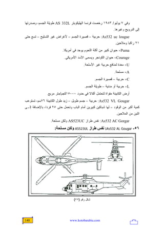 ‫ﻭﻓﻲ ٧ ﻴﻭﻟﻴﻭ/ ٣٨٩١ ﺭﺨﺼﺕ ﻓﺭﻨﺴﺎ ﺍﻟﻬﻠﻴﻜﻭﺒﺘﺭ ‪ AS 332L‬ﻁﻭﻴﻠﺔ ﺍﻟﺠﺴﻡ، ﻭﺼﺩﺭﺘﻬﺎ‬
                                                                ‫ﺇﻟﻰ ﺍﻟﻨﺭﻭﻴﺞ ﻭﻏﻴﺭﻫﺎ.‬
‫‪ :As532 uc lougae‬ﺤﺭﺒﻴﺔ – ﻗﺼﻴﺭﺓ ﺍﻟﺠﺴﻡ – ﻷﻏﺭﺍﺽ ﻏﻴﺭ ﺍﻟﺘﺴﻠﻴﺢ – ﺘﺴﻊ ﺤﺘﻰ‬
                                                                 ‫١٢ ﺭﺍﻜ ‪‬ﺎ ﻭﻤﻼﺤﻴﻥ.‬
                                                                          ‫ﺒ‬
                           ‫‪ =Puma‬ﺤﻴﻭﺍﻥ ﻜﺒﻴﺭ ﻤﻥ ﺃﻜﻠﺔ ﺍﻟﻠﺤﻭﻡ ﻴﻭﺠﺩ ﻓﻲ ﺃﻤﺭﻴﻜﺎ.‬
                            ‫‪ =Courage‬ﺤﻴﻭﺍﻥ ﺍﻟﻜﻭﻨﺠﺭ ﻭﻴﺴﻤﻰ ﺍﻷﺴﺩ ﺍﻷﻤﺭﻴﻜﻲ.‬
                                          ‫‪ =U‬ﻤﻌﺩﺓ ﻟﻤﻨﺎﻓﻊ ﺤﺭﺒﻴﺔ ﻏﻴﺭ ﺍﻷﺴﻠﺤﺔ.‬
                                                                ‫‪ =A‬ﻤﺴﻠﺤﺔ.‬
                                                  ‫‪ =C‬ﺤﺭﺒﻴﺔ – ﻗﺼﻴﺭﺓ ﺍﻟﺠﺴﻡ.‬
                                           ‫‪ =L‬ﺤﺭﺒﻴﺔ ﺃﻭ ﻤﺩﻨﻴﺔ – ﻁﻭﻴﻠﺔ ﺍﻟﺠﺴﻡ.‬
                ‫ﺃﺭﺽ ﺍﻟﻜﺎﺒﻴﻨﺔ ﻤﻘﻭﺍﺓ ﻟﺘﺤﺘﻤل ﺃﺜﻘﺎﻻ ﻓﻲ ﺤﺩﻭﺩ ٠٠٠٥١ﻜﺠﻡ/ﻤﺘﺭ ﻤﺭﺒﻊ.‬
                                           ‫ﹰ‬
‫‪ :As532 VL Gougar‬ﺤﺭﺒﻴﺔ – ﺠﺴﻡ ﻁﻭﻴل – ﺯﻴﺩ ﻁﻭل ﺍﻟﻜﺎﺒﻴﻨﺔ ٦٧ﺴﻡ، ﺘﺴﺘﻭﻋﺏ‬
‫ﻜﻤﻴﺔ ﺃﻜﺒﺭ ﻤﻥ ﺍﻟﻭﻗﻭﺩ – ﻟﻬﺎ ﺸﺒﺎﻜﻴﻥ ﻜﺒﻴﺭﻴﻥ ﺃﻤﺎﻡ ﺍﻟﺒﺎﺏ ﻭﺘﺤﻤل ﺤﺘﻰ ٥٢ ﻓﺭ ‪‬ﺍ، ﺒﺎﻹﻀﺎﻓﺔ ﺇﻟـﻰ‬
               ‫ﺩ‬
                                                                  ‫ﺍﺜﻨﻴﻥ ﻤﻥ ﺍﻟﻤﻼﺤﻴﻥ.‬
                  ‫‪ :As532 AC Gorgar‬ﻨﻔﺱ ﻁﺭﺍﺯ ‪ AS523UC‬ﻭﻟﻜﻥ ﻤﺴﻠﺤﺔ.‬
                     ‫٦٥- ‪ :As532 AL Gougar‬ﻥﻔﺲ ﻃﺮاز ‪ AS523UL‬وﻟﻜﻦ ﻡﺴﻠﺤﺔ:‬




                                   ‫ﺸﻜل ﺭﻗﻡ )٧٧(‬




‫041‬                             ‫‪www.kotobarabia.com‬‬
 