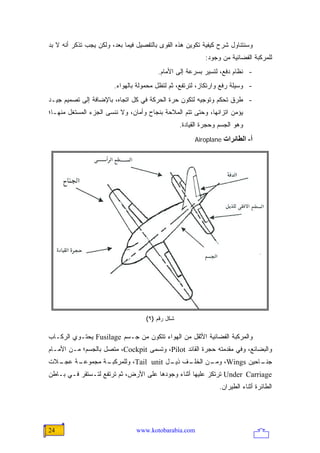 ‫ﻭﺴﻨﺘﻨﺎﻭل ﺸﺭﺡ ﻜﻴﻔﻴﺔ ﺘﻜﻭﻴﻥ ﻫﺫﻩ ﺍﻟﻘﻭﻯ ﺒﺎﻟﺘﻔﺼﻴل ﻓﻴﻤﺎ ﺒﻌﺩ، ﻭﻟﻜﻥ ﻴﺠﺏ ﺘﺫﻜﺭ ﺃﻨﻪ ﻻ ﺒﺩ‬
                                                           ‫ﻟﻠﻤﺭﻜﺒﺔ ﺍﻟﻔﻀﺎﺌﻴﺔ ﻤﻥ ﻭﺠﻭﺩ:‬
                                        ‫- ﻨﻅﺎﻡ ﺩﻓﻊ، ﻟﺘﺴﻴﺭ ﺒﺴﺭﻋﺔ ﺇﻟﻰ ﺍﻷﻤﺎﻡ.‬
                        ‫- ﻭﺴﻴﻠﺔ ﺭﻓﻊ ﻭﺍﺭﺘﻜﺎﺯ، ﻟﺘﺭﺘﻔﻊ، ﺜﻡ ﻟﺘﻅل ﻤﺤﻤﻭﻟﺔ ﺒﺎﻟﻬﻭﺍﺀ.‬
‫- ﻁﺭﻕ ﺘﺤﻜﻡ ﻭﺘﻭﺠﻴﻪ ﻟﺘﻜﻭﻥ ﺤﺭﺓ ﺍﻟﺤﺭﻜﺔ ﻓﻲ ﻜل ﺍﺘﺠﺎﻩ، ﺒﺎﻹﻀﺎﻓﺔ ﺇﻟﻰ ﺘﺼﻤﻴﻡ ﺠﻴـﺩ‬
‫ﻴﺅﻤﻥ ﺍﺘﺯﺍﻨﻬﺎ، ﻭﺤﺘﻰ ﺘﺘﻡ ﺍﻟﻤﻼﺤﺔ ﺒﻨﺠﺎﺡ ﻭﺃﻤﺎﻥ، ﻭﻻ ﻨﻨﺴﻰ ﺍﻟﺠﺯﺀ ﺍﻟﻤﺴﺘﻐل ﻤﻨﻬـﺎ؛‬
                                                  ‫ﻭﻫﻭ ﺍﻟﺠﺴﻡ ﻭﺤﺠﺭﺓ ﺍﻟﻘﻴﺎﺩﺓ.‬
                                                       ‫‪Airoplane‬‬   ‫أ- اﻟﻄﺎﺋﺮات‬




                                    ‫ﺸﻜل ﺭﻗﻡ )٩(‬

‫ﻭﺍﻟﻤﺭﻜﺒﺔ ﺍﻟﻔﻀﺎﺌﻴﺔ ﺍﻷﺜﻘل ﻤﻥ ﺍﻟﻬﻭﺍﺀ ﺘﺘﻜﻭﻥ ﻤﻥ ﺠـﺴﻡ ‪ Fusilage‬ﻴﺤﺘـﻭﻱ ﺍﻟﺭﻜـﺎﺏ‬
‫ﻭﺍﻟﺒﻀﺎﺌﻊ، ﻭﻓﻲ ﻤﻘﺩﻤﺘﻪ ﺤﺠﺭﺓ ﺍﻟﻘﺎﺌﺩ ‪ ،Pilot‬ﻭﺘﺴﻤﻰ ‪ ،Cockpit‬ﻤﺘﺼل ﺒﺎﻟﺠﺴﻡ؛ ﻤـﻥ ﺍﻷﻤـﺎﻡ‬
‫ـﻼﺕ‬
  ‫ـﺔ ﻋﺠـ‬
       ‫ـﺔ ﻤﺠﻤﻭﻋـ‬
               ‫ـﻑ ـل ‪ ،Tail unit‬ﻭﻟﻠﻤﺭﻜﺒـ‬
                                    ‫ـﺎﺤﻴﻥ ‪ ،Wings‬ـﻥ ﺍﻟﺨﻠـ ﺫﻴـ‬
                                               ‫ﻭﻤـ‬          ‫ﺠﻨـ‬
‫‪ Under Carriage‬ﺘﺭﺘﻜﺯ ﻋﻠﻴﻬﺎ ﺃﺜﻨﺎﺀ ﻭﺠﻭﺩﻫﺎ ﻋﻠﻰ ﺍﻷﺭﺽ، ﺜﻡ ﺘﺭﺘﻔﻊ ﻟﺘـﺴﺘﻘﺭ ﻓـﻲ ﺒـﺎﻁﻥ‬
                                                                 ‫ﺍﻟﻁﺎﺌﺭﺓ ﺃﺜﻨﺎﺀ ﺍﻟﻁﻴﺭﺍﻥ.‬




‫42‬                              ‫‪www.kotobarabia.com‬‬
 