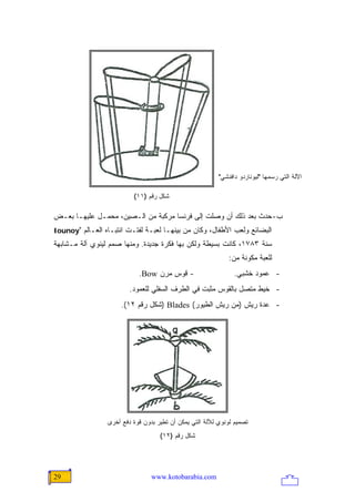 ‫ﺍﻵﻟﺔ ﺍﻟﺘﻲ ﺭﺴﻤﻬﺎ "ﻟﻴﻭﻨﺎﺭﺩﻭ ﺩﺍﻓﻨﺸﻲ"‬

                          ‫ﺸﻜل ﺭﻗﻡ )١١(‬

‫ﺏ- ﺤﺩﺙ ﺒﻌﺩ ﺫﻟﻙ ﺃﻥ ﻭﺼﻠﺕ ﺇﻟﻰ ﻓﺭﻨﺴﺎ ﻤﺭﻜﺒﺔ ﻤﻥ ﺍﻟـﺼﻴﻥ، ﻤﺤﻤـل ﻋﻠﻴﻬـﺎ ﺒﻌـﺽ‬
‫ﺍﻟﺒﻀﺎﺌﻊ ﻭﻟﻌﺏ ﺍﻷﻁﻔﺎل، ﻭﻜﺎﻥ ﻤﻥ ﺒﻴﻨﻬـﺎ ﻟﻌﺒـﺔ ﻟﻔﺘـﺕ ﺍﻨﺘﺒـﺎﻩ ﺍﻟﻌـﺎﻟﻡ "‪Iounoy‬‬
‫ﺴﻨﺔ ٣٨٧١، ﻜﺎﻨﺕ ﺒﺴﻴﻁﺔ ﻭﻟﻜﻥ ﺒﻬﺎ ﻓﻜﺭﺓ ﺠﺩﻴﺩﺓ. ﻭﻤﻨﻬﺎ ﺼﻤﻡ ﻟﻴﻨﻭﻱ ﺁﻟﺔ ﻤـﺸﺎﺒﻬﺔ‬
                                                             ‫ﻟﻠﻌﺒﺔ ﻤﻜﻭﻨﺔ ﻤﻥ:‬
                            ‫- ﻗﻭﺱ ﻤﺭﻥ ‪.Bow‬‬                      ‫- ﻋﻤﻭﺩ ﺨﺸﺒﻲ.‬
                         ‫- ﺨﻴﻁ ﻤﺘﺼل ﺒﺎﻟﻘﻭﺱ ﻤﺜﺒﺕ ﻓﻲ ﺍﻟﻁﺭﻑ ﺍﻟﺴﻔﻠﻲ ﻟﻠﻌﻤﻭﺩ.‬
                      ‫- ﻋﺩﺓ ﺭﻴﺵ )ﻤﻥ ﺭﻴﺵ ﺍﻟﻁﻴﻭﺭ( ‪) Blades‬ﺸﻜل ﺭﻗﻡ ٢١(.‬




                 ‫ﺘﺼﻤﻴﻡ ﻟﻭﻨﻭﻱ ﻟﻶﻟﺔ ﺍﻟﺘﻲ ﻴﻤﻜﻥ ﺃﻥ ﺘﻁﻴﺭ ﺒﺩﻭﻥ ﻗﻭﺓ ﺩﻓﻊ ﺃﺨﺭﻯ‬
                                    ‫ﺸﻜل ﺭﻗﻡ )٢١(‬




‫92‬                               ‫‪www.kotobarabia.com‬‬
 