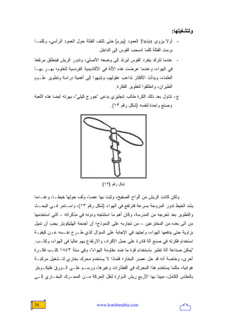‫وﻟﺘﺸﻐﻴﻠﻬﺎ:‬
‫- ﺃﻭﻻ ﻴﺯﻭﻯ ‪ Twist‬ﺍﻟﻌﻤﻭﺩ )ﻴﺒﺭﻡ( ﺤﺘﻰ ﺘﻠﺘﻑ ﺍﻟﻔﺘﻠﺔ ﺤﻭل ﺍﻟﻌﻤﻭﺩ ﺍﻟﺭﺃﺴﻲ، ﻭﻜﻠﻤـﺎ‬
                                                                   ‫ﹰ‬
                                 ‫ﺒﺭﻤﺕ ﺍﻟﻔﺘﻠﺔ ﻜﻠﻤﺎ ﺍﻨﺴﺤﺏ ﺍﻟﻘﻭﺱ ﺇﻟﻰ ﺍﻟﺩﺍﺨل.‬
‫- ﻋﻨﺩﻤﺎ ﺘﺘﺭﻙ ﻴﻨﻔﺭﺩ ﺍﻟﻘﻭﺱ ﻟﻴﺭﺘﺩ ﺇﻟﻰ ﻭﻀﻌﻪ ﺍﻷﺼﻠﻲ، ﻭﺘﺩﻭﺭ ﺍﻟﺭﻴﺵ ﻓﻴﻨﻁﻠﻕ ﻤﺭﺘﻔ ‪‬ﺎ‬
 ‫ﻌ‬
‫ﻓﻲ ﺍﻟﻬﻭﺍﺀ، ﻭﻋﻨﺩﻤﺎ ﻋﺭﻀﺕ ﻫﺫﻩ ﺍﻵﻟﺔ ﻓﻲ ﺍﻷﻜﺎﺩﻴﻤﻴﺔ ﺍﻟﻔﺭﻨﺴﻴﺔ ﻟﻠﻌﻠﻭﻡ؛ ﺒﻬـﺭ ﺒﻬـﺎ‬
‫ﺍﻟﻌﻠﻤﺎﺀ، ﻭﺒﺩﺃﺕ ﺍﻷﻓﻜﺎﺭ ﺘﺩﺍﻋﺏ ﻋﻘﻭﻟﻬﻡ، ﻭﺘﻨﺒﻬﻭﺍ ﺇﻟﻰ ﺃﻫﻤﻴﺔ ﺩﺭﺍﺴﺔ ﻭﺘﻁﻭﻴﺭ ﻋﻠـﻭﻡ‬
                                          ‫ﺍﻟﻁﻴﺭﺍﻥ، ﻭﺍﻨﻁﻠﻘﻭﺍ ﻟﺘﻁﻭﻴﺭ ﺍﻟﻔﻜﺭﺓ.‬
‫ﺝ- ﺘﻨﺎﻭل ﺒﻌﺩ ﺫﻟﻙ ﺍﻟﻜﺭﺓ ﻁﺎﻟﺏ ﺇﻨﺠﻠﻴﺯﻱ ﻴﺩﻋﻰ "ﺠﻭﺭﺝ ﻜﻴﻠﻲ"، ﺒﻬﺭﺘﻪ ﺃﻴ ‪‬ﺎ ﻫﺫﻩ ﺍﻟﻠﻌﺒﺔ‬
            ‫ﻀ‬
                                        ‫ﻭﺼﻨﻊ ﻭﺍﺤﺩﺓ ﻟﻨﻔﺴﻪ )ﺸﻜل ﺭﻗﻡ ٣١(.‬




                                    ‫ﺸﻜل ﺭﻗﻡ )٣١(‬

‫ﻭﻟﻜﻥ ﻜﺎﻨﺕ ﺍﻟﺭﻴﺵ ﻤﻥ ﺃﻟﻭﺍﺡ ﺍﻟﺼﻔﻴﺢ، ﻭﺜﺒﺕ ﺒﻬﺎ ﻋﺼﺎ، ﻭﻟﻑ ﺤﻭﻟﻬﺎ ﺨﻴ ﹰـﺎ، ﻭﻋﻨـﺩﻤﺎ‬
           ‫ﻁ‬
‫ﻴﺸﺩ ﺍﻟﺨﻴﻁ ﺘﺩﻭﺭ ﺍﻟﻤﺭﻭﺤﺔ ﺒﺴﺭﻋﺔ ﻓﺘﺭﺘﻔﻊ ﻓﻲ ﺍﻟﻬﻭﺍﺀ )ﺸﻜل ﺭﻗﻡ ٣١(، ﻭﺍﺴـﺘﻤﺭ ﻓـﻲ ﺍﻟﺒﺤـﺙ‬
‫ﻭﺍﻟﺘﻁﻭﻴﺭ ﺒﻌﺩ ﺘﺨﺭﺠﻪ ﻤﻥ ﺍﻟﻤﺩﺭﺴﺔ، ﻭﻜﺎﻥ ﺃﻫﻡ ﻤﺎ ﺍﺴﺘﻨﺘﺠﻪ ﻭﺩﻭﻨﻪ ﻓﻲ ﻤﺫﻜﺭﺍﺘﻪ – ﺍﻟﺘﻲ ﺍﺴﺘﺨﺩﻤﻬﺎ‬
‫ﻤﻥ ﺃﺘﻰ ﺒﻌﺩﻩ ﻤﻥ ﺍﻟﻤﺨﺘﺭﻋﻴﻥ – ﻤﻥ ﺘﺠﺎﺭﺒﻪ ﻋﻠﻰ ﺍﻟﻨﻤﻭﺫﺝ؛ ﺃﻥ ﺃﺠﻨﺤﺔ ﺍﻟﻬﻠﻴﻜﻭﺒﺘﺭ ﻴﺠﺏ ﺃﻥ ﺘﻤﻴل‬
‫ﺒﺯﺍﻭﻴﺔ ﺤﺘﻰ ﻴﺩﻓﻌﻬﺎ ﺍﻟﻬﻭﺍﺀ، ﻭﺍﺠﺘﻬﺩ ﻓﻲ ﺍﻹﺠﺎﺒﺔ ﻋﻠﻰ ﺍﻟﺴﺅﺍل ﺍﻟﺫﻱ ﻁـﺭﺡ ﻨﻔـﺴﻪ ﻋـﻥ ﻜﻴﻔﻴـﺔ‬
‫ﺍﺴﺘﺨﺩﺍﻡ ﻓﻜﺭﺘﻪ ﻓﻲ ﺼﻨﻊ ﺁﻟﺔ ﻗﺎﺩﺭﺓ ﻋﻠﻰ ﺤﻤل ﺍﻷﻓﺭﺍﺩ، ﻭﺍﻻﺭﺘﻔﺎﻉ ﺒﻬﻡ ﻋﺎﻟ ‪‬ﺎ ﻓﻲ ﺍﻟﻬﻭﺍﺀ، ﻭﻜﺘـﺏ:‬
                   ‫ﻴ‬
‫"ﻴﻤﻜﻥ ﺼﻨﺎﻋﺔ ﺁﻟﺔ ﺘﻁﻴﺭ ﺒﺎﺴﺘﺨﺩﺍﻡ ﻗﻭﺓ ﻤﺎ ﻀﺩ ﻤﻘﺎﻭﻤﺔ ﺍﻟﻬﻭﺍﺀ"، ﻭﻓﻲ ﺴﻨﺔ ٣٤٨١ ﻜﺘـﺏ ﻓﻜـﺭﺓ‬
‫ﺃﺨﺭﻯ، ﻭﺨﺎﺼﺔ ﺃﻨﻪ ﻗﺩ ﺤل ﻋﺼﺭ ﺍﻟﺒﺨﺎﺭ؛ ﻓﻠﻤﺎﺫﺍ ﻻ ﻴﺴﺘﺨﺩﻡ ﻤﺤﺭﻙ ﺒﺨﺎﺭﻱ ﻟﺘـﺸﻐﻴل ﻤﺭﻜﺒـﺔ‬
‫ﻫﻭﺍﺌﻴﺔ، ﻤﺜﻠﻤﺎ ﻴﺴﺘﺨﺩﻡ ﻫﺫﺍ ﺍﻟﻤﺤﺭﻙ ﻓﻲ ﺍﻟﻘﻁﺎﺭﺍﺕ ﻭﻏﻴﺭﻫﺎ، ﻭﺭﺴـﻡ ﻋﻠـﻰ ﺍﻟـﻭﺭﻕ ﻫﻠﻴﻜـﻭﺒﺘﺭ‬
‫ﺒﺎﻟﻤﻘﺎﺱ ﺍﻟﻜﺎﻤل، ﻤﺒﻴ ﹰﺎ ﺒﻬﺎ ﺍﻷﺭﺒﻊ ﺭﻴﺵ ﺍﻟﺩﻭﺍﺭﺓ ﻟﻨﻘل ﺍﻟﺤﺭﻜﺔ ﻤـﻥ ﺍﻟﻤﺤـﺭﻙ ﺍﻟﺒﺨـﺎﺭﻱ ﺇﻟـﻰ‬
                                                             ‫ﻨ‬




‫03‬                               ‫‪www.kotobarabia.com‬‬
 