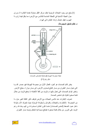 ‫)٤( ﻴﻨﺘﺞ ﻋﻥ ﻭﺠﻭﺩ ﺍﻟﻌﺠﻼﺕ ﺍﻟﺭﺌﻴﺴﻴﺔ ﺨﻠﻑ ﻤﺭﻜﺯ ﺍﻟﺜﻘل ﻤﺤﺎﻭﻟﺔ ﻤﻘﺩﻤﺔ ﺍﻟﻁﺎﺌﺭﺓ ﺍﻟـﺩﻭﺭﺍﻥ‬
‫ﺤﻭل ﺍﻟﻌﺠﻠﺔ ﺍﻷﻤﺎﻤﻴﺔ ﻓﻲ ﺍﻟﻠﺤﻅﺔ ﺍﻟﺤﺎﺴﻤﺔ ﻟﻠﺘﻼﻤﺱ ﻤﻊ ﺍﻷﺭﺽ؛ ﻤﻤﺎ ﻴﻘﻠل ﻗﻴﻤﺔ ﺯﺍﻭﻴـﺔ‬
                                  ‫ﺍﻟﻬﺒﻭﺏ، ﻓﻴﻘل ﺍﺤﺘﻤﺎل ﺍﺭﺘﺩﺍﺩ ﺍﻟﻁﺎﺌﺭﺓ ﺇﻟﻰ ﺍﻟﻬﻭﺍﺀ.‬
                                                             ‫د- ﻥﻈﺎم ﺗﺸﻐﻴﻞ اﻟﻤﺠﻤﻮﻋﺔ:‬




                      ‫ﻋﺠﻠﺔ ﻤﺠﻤﻭﻋﺔ ﺍﻟﻬﺒﻭﻁ )ﻫﻭﺍﺌﻴﺔ( ﻻﻤﺘﺼﺎﺹ ﺍﻟﺼﺩﻤﺎﺕ‬
                                     ‫ﺸﻜل ﺭﻗﻡ )٧٢(‬

‫ﻴﻌﺘﺒﺭ ﻜﺎﺘﻡ ﺍﻟﺼﺩﻤﺎﺕ ﻫﻭ ﺍﻟﺠﺯﺀ ﺍﻟﻔﻌﺎل ﺍﻷﻭل ﻤﻥ ﻤﺠﻤﻭﻋﺔ ﺍﻟﻬﺒﻭﻁ؛ ﻓﻬﻭ ﻤﺼﺩﺭ ﺍﻟﻘـﻭﺓ‬
‫ﺍﻟﺘﻲ ﺘﺤﻭل ﻤﺴﺎﺭ ﺍﻟﻁﻴﺭﺍﻥ ﻤﻥ ﻤﺴﺎﺭ ﻗﺎﻁﻊ ﻟﻤﺴﺘﻭﻯ ﺍﻷﺭﺽ، ﺇﻟﻰ ﻤﺴﺎﺭ ﻤﻭﺍﺯ ﻟـﺴﻁﺢ ﺍﻷﺭﺽ.‬
            ‫ٍ‬    ‫ٍ‬
‫ﻭﺘﻌﺘﺒﺭ ﻜﻭﺍﺘﻡ ﺍﻟﺼﺩﻤﺎﺕ ﺍﻟﺘﻲ ﺘﻌﻤل ﺒﺎﻟﻬﻭﺍﺀ ﻭﺍﻟﺯﻴﺕ ﻤﻥ ﺃﻜﻔﺄ ﺍﻷﻨﻅﻤﺔ؛ ﺇﺫ ﻴﻨﺩﻓﻊ ﺍﻟﺯﻴﺕ ﻤﻥ ﺨﻼل‬
                                                    ‫ﻓﺘﺤﺔ ﺼﻐﻴﺭﺓ ﻓﺘﺘﻭﻟﺩ ﻗﻭﺓ ﺘﻤﺘﺹ ﺍﻟﺼﺩﻤﺔ.‬
‫ﺘﻨﺤﺭﻑ ﺍﻹﻁﺎﺭﺍﺕ ﻋﻨﺩ ﺘﻼﻤﺱ ﺍﻟﻌﺠﻼﺕ ﻤﻊ ﺍﻷﺭﺽ ﻟﺘﻭﻗﻑ ﺘﺄﺜﻴﺭ ﺍﻟﻜﺘﻠﺔ ﺍﻟﻐﻴﺭ ﻤﺘﺯﻨـﺔ‬
‫ﻤﻥ ﺍﻟﻤﺠﻤﻭﻋﺔ )ﺍﻹﻁﺎﺭﺍﺕ ﻭﺍﻟﻌﺠﻼﺕ ﻭﺍﻟﻔﺭﺍﻤل ﻭﺃﺴﻁﻭﺍﻨﺔ ﺍﻟﺯﻴﺕ(؛ ﺤﻴﺙ ﺘﺘﺤﺭﻙ ﺍﻷﺴـﻁﻭﺍﻨﺔ‬
‫ﺩﺍﺨل ﻋﻤﻭﺩ ﺍﻟﻀﻐﻁ )ﺍﻟﻤﺎﺹ ﻟﻠﺼﺩﻤﺎﺕ( ﻋﻨﺩﻤﺎ ﺘﻜﻭﻥ ﺍﻟﻁﺎﺌﺭﺓ ﻤﺴﺘﻤﺭﺓ ﻓـﻲ ﺍﻟﻬﺒـﻭﻁ، ﻓﺘـﺭﻏﻡ‬
     ‫ﺍﻟﺯﻴﺕ ﻋﻠﻰ ﺍﻟﻤﺭﻭﺭ ﻤﻥ ﺨﻼل ﻓﺘﺤﺔ ﺼﻐﻴﺭﺓ، ﻓﻴﻨﺩﻓﻊ ﻤﺴﺒ ‪‬ﺎ ﻗﻭﺓ ﺘﺘﺤﻜﻡ ﻭﺘﻭﺠﻪ ﻤﺴﺎﺭ ﺍﻟﻁﻴﺭﺍﻥ.‬
                                    ‫ﺒ‬




‫65‬                                ‫‪www.kotobarabia.com‬‬
 