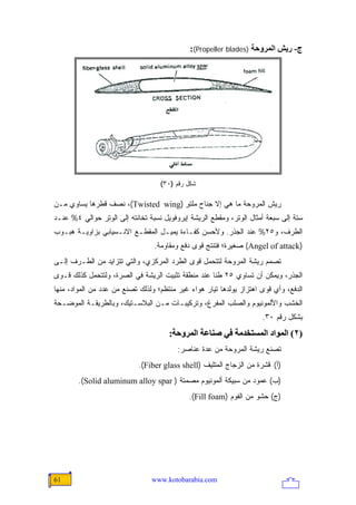 ‫ج- ریﺶ اﻟﻤﺮوﺣﺔ )‪:(Propeller blades‬‬




                                   ‫ﺸﻜل ﺭﻗﻡ )٠٣(‬

‫ﺭﻴﺵ ﺍﻟﻤﺭﻭﺤﺔ ﻤﺎ ﻫﻲ ﺇﻻ ﺠﻨﺎﺡ ﻤﻠﺘﻭ )‪ ،(Twisted wing‬ﻨﺼﻑ ﻗﻁﺭﻫﺎ ﻴﺴﺎﻭﻱ ﻤـﻥ‬
                                    ‫ٍ‬
‫ﺴﺘﺔ ﺇﻟﻰ ﺴﺒﻌﺔ ﺃﻤﺜﺎل ﺍﻟﻭﺘﺭ، ﻭﻤﻘﻁﻊ ﺍﻟﺭﻴﺸﺔ ﺇﻴﺭﻭﻓﻭﻴل ﻨﺴﺒﺔ ﺘﺨﺎﻨﺘﻪ ﺇﻟﻰ ﺍﻟﻭﺘﺭ ﺤﻭﺍﻟﻲ ٤% ﻋﻨـﺩ‬
‫ﺍﻟﻁﺭﻑ، ﻭ٥٢% ﻋﻨﺩ ﺍﻟﺠﺫﺭ. ﻭﻷﺤﺴﻥ ﻜﻔـﺎﺀﺓ ﻴﻤﻴـل ﺍﻟﻤﻘﻁـﻊ ﺍﻻﻨـﺴﻴﺎﺒﻲ ﺒﺯﺍﻭﻴـﺔ ﻫﺒـﻭﺏ‬
                                 ‫)‪ (Angel of attack‬ﺼﻐﻴﺭﺓ؛ ﻓﺘﻨﺘﺞ ﻗﻭﻯ ﺩﻓﻊ ﻭﻤﻘﺎﻭﻤﺔ.‬
‫ﺘﺼﻤﻡ ﺭﻴﺸﺔ ﺍﻟﻤﺭﻭﺤﺔ ﻟﺘﺘﺤﻤل ﻗﻭﻯ ﺍﻟﻁﺭﺩ ﺍﻟﻤﺭﻜﺯﻱ، ﻭﺍﻟﺘﻲ ﺘﺘﺯﺍﻴﺩ ﻤﻥ ﺍﻟﻁـﺭﻑ ﺇﻟـﻰ‬
‫ﺍﻟﺠﺫﺭ، ﻭﻴﻤﻜﻥ ﺃﻥ ﺘﺴﺎﻭﻱ ٥٢ ﻁ ﹰﺎ ﻋﻨﺩ ﻤﻨﻁﻘﺔ ﺘﺜﺒﻴﺕ ﺍﻟﺭﻴﺸﺔ ﻓﻲ ﺍﻟﺼﺭﺓ، ﻭﻟﺘﺘﺤﻤل ﻜﺫﻟﻙ ﻗـﻭﻯ‬
                                                    ‫ﻨ‬
‫ﺍﻟﺩﻓﻊ، ﻭﺃﻱ ﻗﻭﻯ ﺍﻫﺘﺯﺍﺯ ﻴﻭﻟﺩﻫﺎ ﺘﻴﺎﺭ ﻫﻭﺍﺀ ﻏﻴﺭ ﻤﻨﺘﻅﻡ؛ ﻭﻟﺫﻟﻙ ﺘﺼﻨﻊ ﻤﻥ ﻋﺩﺩ ﻤﻥ ﺍﻟﻤﻭﺍﺩ، ﻤﻨﻬﺎ‬
‫ﺍﻟﺨﺸﺏ ﻭﺍﻷﻟﻤﻭﻨﻴﻭﻡ ﻭﺍﻟﺼﻠﺏ ﺍﻟﻤﻔﺭﻍ، ﻭﺘﺭﻜﻴﺒـﺎﺕ ﻤـﻥ ﺍﻟﺒﻼﺴـﺘﻴﻙ، ﻭﺒﺎﻟﻁﺭﻴﻘـﺔ ﺍﻟﻤﻭﻀـﺤﺔ‬
                                                                     ‫ﺒﺸﻜل ﺭﻗﻡ ٠٣.‬
                                      ‫)٢( اﻟﻤﻮاد اﻟﻤﺴﺘﺨﺪﻡﺔ ﻓﻲ ﺹﻨﺎﻋﺔ اﻟﻤﺮوﺣﺔ:‬
                                         ‫ﺘﺼﻨﻊ ﺭﻴﺸﺔ ﺍﻟﻤﺭﻭﺤﺔ ﻤﻥ ﻋﺩﺓ ﻋﻨﺎﺼﺭ:‬
                            ‫)ﺃ( ﻗﺸﺭﺓ ﻤﻥ ﺍﻟﺯﺠﺎﺝ ﺍﻟﻤﺘﻠﻴﻑ )‪.(Fiber glass shell‬‬
        ‫)ﺏ( ﻋﻤﻭﺩ ﻤﻥ ﺴﺒﻴﻜﺔ ﺃﻟﻤﻭﻨﻴﻭﻡ ﻤﺼﻤﺘﺔ ) ‪.(Solid aluminum alloy spar‬‬
                                             ‫)ﺝ( ﺤﺸﻭ ﻤﻥ ﺍﻟﻔﻭﻡ )‪.(Fill foam‬‬




‫16‬                              ‫‪www.kotobarabia.com‬‬
 