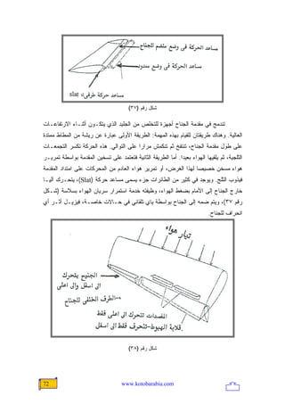 ‫ﺸﻜل ﺭﻗﻡ )٧٣(‬

‫ﺘﻨﺩﻤﺞ ﻓﻲ ﻤﻘﺩﻤﺔ ﺍﻟﺠﻨﺎﺡ ﺃﺠﻬﺯﺓ ﻟﻠﺘﺨﻠﺹ ﻤﻥ ﺍﻟﺠﻠﻴﺩ ﺍﻟﺫﻱ ﻴﺘﻜـﻭﻥ ﺃﺜﻨـﺎﺀ ﺍﻻﺭﺘﻔﺎﻋـﺎﺕ‬
‫ﺍﻟﻌﺎﻟﻴﺔ. ﻭﻫﻨﺎﻙ ﻁﺭﻴﻘﺘﺎﻥ ﻟﻠﻘﻴﺎﻡ ﺒﻬﺫﻩ ﺍﻟﻤﻬﻤﺔ: ﺍﻟﻁﺭﻴﻘﺔ ﺍﻷﻭﻟﻰ ﻋﺒﺎﺭﺓ ﻋﻥ ﺭﻴﺸﺔ ﻤﻥ ﺍﻟﻤﻁﺎﻁ ﻤﻤﺘﺩﺓ‬
‫ﻋﻠﻰ ﻁﻭل ﻤﻘﺩﻤﺔ ﺍﻟﺠﻨﺎﺡ، ﺘﻨﺘﻔﺦ ﺜﻡ ﺘﻨﻜﻤﺵ ﻤﺭﺍ ‪‬ﺍ ﻋﻠﻰ ﺍﻟﺘﻭﺍﻟﻲ. ﻫﺫﻩ ﺍﻟﺤﺭﻜﺔ ﺘﻜﺴﺭ ﺍﻟﺘﺠﻤﻌـﺎﺕ‬
                                        ‫ﺭ‬
‫ﺍﻟﺜﻠﺠﻴﺔ، ﺜﻡ ﻴﻠﻘﻴﻬﺎ ﺍﻟﻬﻭﺍﺀ ﺒﻌﻴ ‪‬ﺍ. ﺃﻤﺎ ﺍﻟﻁﺭﻴﻘﺔ ﺍﻟﺜﺎﻨﻴﺔ ﻓﺘﻌﺘﻤﺩ ﻋﻠﻰ ﺘﺴﺨﻴﻥ ﺍﻟﻤﻘﺩﻤﺔ ﺒﻭﺍﺴﻁﺔ ﺘﻤﺭﻴـﺭ‬
                                                             ‫ﺩ‬
‫ﻫﻭﺍﺀ ﻤﺴﺨﻥ ﺨﺼﻴ ‪‬ﺎ ﻟﻬﺫﺍ ﺍﻟﻐﺭﺽ، ﺃﻭ ﺘﻤﺭﻴﺭ ﻫﻭﺍﺀ ﺍﻟﻌﺎﺩﻡ ﻤﻥ ﺍﻟﻤﺤﺭﻜﺎﺕ ﻋﻠﻰ ﺍﻤﺘﺩﺍﺩ ﺍﻟﻤﻘﺩﻤﺔ‬
                                                                 ‫ﺼ‬
‫ﻓﻴﺫﻭﺏ ﺍﻟﺜﻠﺞ. ﻭﻴﻭﺠﺩ ﻓﻲ ﻜﺜﻴﺭ ﻤﻥ ﺍﻟﻁﺎﺌﺭﺍﺕ ﺠﺯﺀ ﻴﺴﻤﻰ ﻤﺴﺎﻋﺩ ﺤﺭﻜﺔ )‪ ،(Slat‬ﻴﺘﺤـﺭﻙ ﺁﻟ ‪‬ـﺎ‬
  ‫ﻴ‬
‫ﺨﺎﺭﺝ ﺍﻟﺠﻨﺎﺡ ﺇﻟﻰ ﺍﻷﻤﺎﻡ ﺒﻀﻐﻁ ﺍﻟﻬﻭﺍﺀ، ﻭﻅﻴﻔﺘﻪ ﺨﺩﻤﺔ ﺍﺴﺘﻤﺭﺍﺭ ﺴﺭﻴﺎﻥ ﺍﻟﻬﻭﺍﺀ ﺒﺴﻼﺴﺔ )ﺸـﻜل‬
‫ﺭﻗﻡ ٧٣(، ﻭﻴﺘﻡ ﻀﻤﻪ ﺇﻟﻰ ﺍﻟﺠﻨﺎﺡ ﺒﻭﺍﺴﻁﺔ ﻴﺎﻱ ﺘﻠﻘﺎﺌﻲ ﻓﻲ ﺤـﺎﻻﺕ ﺨﺎﺼـﺔ، ﻓﻴﺯﻴـل ﺃﺜـﺭ ﺃﻱ‬
                                                                            ‫ﺍﻨﺤﺭﺍﻑ ﻟﻠﺠﻨﺎﺡ.‬




                                       ‫ﺸﻜل ﺭﻗﻡ )٨٣(‬




‫27‬                                  ‫‪www.kotobarabia.com‬‬
 