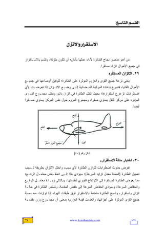 ‫]‪<Ä‰^jÖ]<ÜŠÏÖ‬‬

                                         ‫<‬
                              ‫]÷‰‪<á]ˆi÷]æ<…]†Ïj‬‬


‫ﻤﻥ ﺃﻫﻡ ﻋﻨﺎﺼﺭ ﻨﺠﺎﺡ ﺍﻟﻁﺎﺌﺭﺓ ﻷﺩﺍﺀ ﻋﻤﻠﻬﺎ ﺒﺄﻤﺎﻥ؛ ﺃﻥ ﺘﻜﻭﻥ ﻤﺘﺯﻨﺔ، ﻭﺘﺘﺴﻡ ﺒﺎﻻﺴـﺘﻘﺭﺍﺭ‬
                                                       ‫ﻓﻲ ﺠﻤﻴﻊ ﺍﻷﺤﻭﺍل ﺍﺘﺯﺍ ﹰﺎ ﻤﺴﺘﻘ ‪‬ﺍ.‬
                                                         ‫ﺭ‬       ‫ﻨ‬
                                                             ‫٩٢- اﻻﺗﺰان اﻟﻤﺴﺘﻘﺮ:‬
‫ﻴﻌﻨﻲ ﻨﺯﻋﺔ ﺠﻤﻴﻊ ﺍﻟﻘﻭﻯ ﻭﺍﻟﻌﺯﻭﻡ ﺍﻟﻤﺅﺜﺭﺓ ﻋﻠﻰ ﺍﻟﻁﺎﺌﺭﺓ؛ ﻟﺘﻭﻓﻴﻕ ﺃﻭﻀﺎﻋﻬﺎ ﻓﻲ ﺠﻤﻴـﻊ‬
‫ﺍﻷﺤﻭﺍل ﺘﻠﻘﺎﺌ ‪‬ﺎ، ﻓﺘﺴﺭﻉ ﺒﺈﻋﺎﺩﺓ ﺍﻟﻤﺭﻜﺒﺔ ﺍﻟﻔـﻀﺎﺌﻴﺔ ﺇﻟـﻰ ﻭﻀـﻊ ﺍﻻﺘـﺯﺍﻥ ﺇﺫﺍ ﺘﻌﺭﻀـﺕ ﻷﻱ‬
                                                                 ‫ﻴ‬
‫ﺍﻀﻁﺭﺍﺒﺎﺕ ﺘﺯﻋﺯﻉ ﺍﺴﺘﻘﺭﺍﺭﻫﺎ؛ ﺒﺤﻴﺙ ﺘﻅل ﺍﻟﻁﺎﺌﺭﺓ ﻓﻲ ﺍﺘﺯﺍﻥ ﺩﺍﺌﻡ، ﻭﻴﻅل ﻤﺠﻤـﻭﻉ ﺍﻟﻘـﻭﻯ‬
‫ﺍﻟﻤﺅﺜﺭﺓ ﻋﻠﻰ ﻤﺭﻜﺯ ﺍﻟﺜﻘل ﻴﺴﺎﻭﻱ ﺼﻔ ‪‬ﺍ، ﻭﻤﺠﻤﻭﻉ ﺍﻟﻌﺯﻭﻡ ﺤﻭل ﻨﻔﺱ ﺍﻟﻤﺭﻜﺯ ﻴﺴﺎﻭﻱ ﺼـﻔ ‪‬ﺍ‬
 ‫ﺭ‬                                          ‫ﺭ‬
                                                                                ‫ﺃﻴ ‪‬ﺎ.‬
                                                                                  ‫ﻀ‬




                                    ‫ﺸﻜل ﺭﻗﻡ )٠٤(‬

                                                       ‫٠٣- اﺥﺘﺒﺎر ﺣﺎﻟﺔ اﻻﺱﺘﻘﺮار:‬
‫ﻨﻔﺭﺽ ﺤﺩﻭﺙ ﺍﻀﻁﺭﺍﺒﺎﺕ ﻟﺘﻭﺍﺯﻥ ﺍﻟﻁﺎﺌﺭﺓ ﻷﻱ ﺴﺒﺏ، ﻭﺍﺨﺘل ﺍﻻﺘﺯﺍﻥ ﺒﻁﺭﻴﻘﺔ ﺘـﺴﺒﺏ‬
‫ﺘﻌﺠﻴل ﺍﻟﻁﺎﺌﺭﺓ )ﺍﻟﻌﺠﻠﺔ ﻤﻌﺩل ﺘﺯﺍﻴﺩ ﺍﻟﺴﺭﻋﺔ(؛ ﺴﻴﺅﺩﻱ ﻫﺫﺍ ﺇﻟـﻰ ﺍﻨﺨﻔـﺎﺽ ﻤﻌﺎﻤـل ﺍﻟﺭﻓـﻊ؛‬
‫ﻤﻤﺎ ﻴﻌﺭﺽ ﺍﻟﻁﺎﺌﺭﺓ ﺍﻟﻤﺴﺘﻘﺭﺓ ﺇﻟﻰ ﺍﻻﺭﺘﻔﺎﻉ ﺍﻟﻔﻭﺭﻱ ﻟﻤﻘﺩﻤﺘﻬﺎ، ﻭﺒﺎﻟﺘﺎﻟﻲ ﺯﻴـﺎﺩﺓ ﻤﻌﺎﻤـل ﺍﻟﺭﻓـﻊ‬
‫ﻭﺍﻨﺨﻔﺎﺽ ﺍﻟﺴﺭﻋﺔ، ﻭﺴﻴﺅﺩﻱ ﺍﻨﺨﻔﺎﺽ ﺍﻟﺴﺭﻋﺔ ﺇﻟﻰ ﺨﻔﺽ ﺍﻟﻤﻘﺩﻤﺔ، ﻭﺘﺴﺘﻤﺭ ﺍﻟﻁﺎﺌﺭﺓ ﻓﻲ ﺤﺎﻟـﺔ‬
‫ﺍﺘﺯﺍﻥ ﻭﺍﺴﺘﻘﺭﺍﺭ، ﻭﺘﺴﺒﺢ ﺍﻟﻁﺎﺌﺭﺓ ﻤﺘﻤﺘﻌﺔ ﺒﺎﻻﺴﺘﻘﺭﺍﺭ ﻓﻭﻕ ﻁﺒﻘﺎﺕ ﺍﻟﻬﻭﺍﺀ ﺇﺫﺍ ﺘﻭﺍﺯﻨﺕ ﻤﺤـﺼﻠﺔ‬
‫ﺠﻤﻴﻊ ﺍﻟﻘﻭﻯ ﺍﻟﻤﺅﺜﺭﺓ ﻋﻠﻰ ﺃﺠﺯﺍﺌﻬﺎ، ﻭﺍﻨﻌﺩﻤﺕ ﻗﻴﻤﺔ ﺍﻟﻌﺯﻭﻡ؛ ﺒﻤﻌﻨﻰ ﺃﻥ ﻤﺠﻤـﻭﻉ ﻭﺯﻥ ﻤﻘﺩﻤـﺔ‬




‫87‬                               ‫‪www.kotobarabia.com‬‬
 