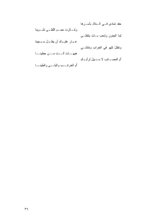 ‫ﺤِﻘﺩ ﹶﻤﺎﺩﻯ ﻓـﻲ ﺍﻟـﺒﻼﺩ ﺒَﺴـ ِﻫﺎ‬
                                               ‫ِ ﺄ ﺭ‬             ‫‪‬ﺘ ‪‬‬
     ‫ﻭ ﹶﻨ ـﺎ ﹶﺭﺕ ِﻤ ـﻡ ﺍﻟَﻅ ـﻰ ﺘﺸ ـﻭﻴ ﹶﺎ‬
      ‫‪ ‬ﹶ ﹾـ ﻨ‬     ‫ﺘـﺜ ﹾﺤ ‪ ‬ﻠ‬
                   ‫ﱠ‬
                                             ‫ِﻤﺎ ﺍﻟ ‪‬ﻨﻭﻥ ﻭ ﹶﻌﺏ ‪‬ـﺎﺕ ﻴ ﹶﻠﻅـﻰ‬
                                             ‫‪‬‬   ‫ﻟ ﹶ ﺠ ‪ ‬ﺸ ‪ ‬ﺒ ﹶ ﺘ‬
     ‫ﻋ ـﺎﺭ ﻋ ـﻙ ﺃﻥ ﻴ ـل ﺴ ـﺠﻴ ﹶﺎ‬
      ‫‪‬ـ ‪ ‬ﻠﻴـ ‪ ‬ﻅـ َ ‪‬ـ ﻨ‬
                                             ‫ﻭﺘﹶﻅل ﹶﻠﻬﻭ ﻓﻲ ﺍﻟ ﹶﺭﺍﺏ ﻭ ﹶﻨﺘ ﹶـﻲ‬
                                               ‫ﺨ ِ ﺘ ﺸ‬               ‫ْ ﺘ‬
     ‫‪‬ﻴ ‪‬ــﺎﺕ ﺃﻨﹶــﺕ ﻤــﻥ ِﻁﻴ ﹶــﺎ‬
        ‫ﺤ ﻨ‬        ‫ﹶ‬    ‫ﹶَ‬    ‫ﻫﻬ‬
                                             ‫ُﻡ ﺍﻟﻤﺼ ـﺎﺌﺏ ﻻ ﺴ ـﺒﻴل ﻟﺭﺃﺒ ـﻙ‬
                                             ‫ﺃ ‪  ‬ـ ِ ‪ ‬ﹶ ‪‬ـ َ َ ِـ ِ‬
     ‫ُﻡ ﺍﻟﺨ ‪‬ﺍ ِــﺏ ﻭﺍﻟ ‪‬ﹶــ ‪ ‬ﻭﺍﻟ ِﻴ ﹶــﺎ‬
        ‫‪ ‬ﺒﻠ ﻰ ﻁ ﻨ‬             ‫ﺃ ‪ ‬ﹶﺭ ﺌ‬




‫٦٣‬
 