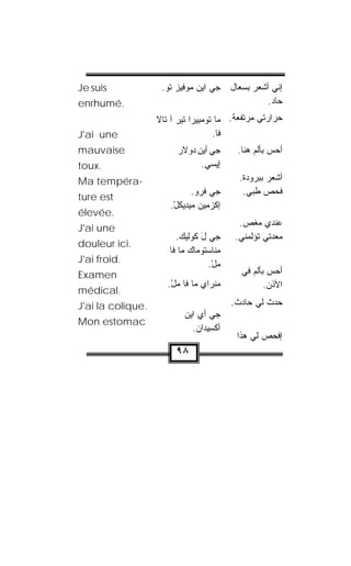 ‫‪Je suis‬‬             ‫ﺠﻲ ﺍﻴﻥ ﻤﻭ‪‬ﻓﻴﺯ ﹸﻭ.‬
                      ‫ﺘ‬      ‫‪ ‬‬           ‫ﺇ ﹼﻲ ﺃﺸﻌﺭ ﺒﺴﻌﺎل‬
                                                        ‫ﻨ‬
‫.‪enrhumé‬‬                                             ‫ﺤﺎﺩ.‬
                   ‫ﺤﺭﺍﺭﺘﻲ ﻤﺭﺘﻔﻌﺔ. ﻤﺎ ﹸﻭﻤ ِﻴﺭﺍ ﺘﻴﺭ ﺁ ﺘﺎﻻ‬
                         ‫‪‬‬      ‫ﺘ ‪‬ﺒ‬
‫‪J'ai une‬‬                             ‫ﻓﺎ.‬
‫‪mauvaise‬‬                 ‫ﺠﻲ ﺃﻴﻥ ‪‬ﻭﻻﺭ‬
                         ‫‪‬ﺩ ﹾ ‪‬‬              ‫ﺃﺤﺱ ﺒﺄﻟﻡ ﻫﻨﺎ.‬
                                                       ‫‪‬‬
‫.‪toux‬‬                           ‫ﺇﻴ ‪‬ﻲ.‬
                                  ‫ﺴ‬
‫-‪Ma tempéra‬‬                                  ‫ﺃﺸﻌﺭ ﺒﺒﺭﻭﺩﺓ.‬
                              ‫ﺠﻲ ﻓﹾﺭﻭ.‬
                               ‫‪‬‬              ‫ﻓﺤﺹ ﻁ ‪‬ﻲ.‬
                                                 ‫ﺒ‬
‫‪ture est‬‬
                      ‫ﺇﻜ ‪‬ﻤﻴﻥ ﻤﻴﺩﻴﻜل.‬
                       ‫ﹾﺯ ‪  ِ ‬ﹶ ْ‬
‫.‪élevée‬‬
                                             ‫ﻋﻨﺩﻱ ﻤﻐﺹ.‬
‫‪J'ai une‬‬
                        ‫ﺠﻲ ل ﹸﻭﻟﻴﻙ.‬
                         ‫َﻜ ‪‬‬               ‫ﻤﻌﺩﺘﻲ ﺘﺅﻟﻤﻨﻲ.‬
‫.‪douleur ici‬‬
                      ‫‪‬ﻨﺎﺴ ﹸﻭﻤﺎﻙ ﻤﺎ ﻓﺎ‬
                            ‫ﻤ ‪‬ﺘ ‪‬‬
‫.‪J'ai froid‬‬
                                  ‫ﻤل.‬
                                   ‫ْ‬
‫‪Examen‬‬                                        ‫ﺃﺤﺱ ﺒﺄﻟﻡ ﻓﻲ‬
                                                      ‫‪‬‬
                      ‫ﻤ ﹸﺭﺍﻱ ﻤﺎ ﻓﺎ ﻤل.‬
                       ‫ْ‬           ‫‪‬ﻨ‬                ‫ﺍﻷﺫﻥ.‬
‫.‪médical‬‬
‫.‪J'ai la colique‬‬                           ‫ﺤﺩﺙ ﻟﻲ ﺤﺎﺩﺙ.‬
                           ‫ﺠﻲ ﺃﻱ ﺍﻴﻥ‬
                           ‫‪‬‬
‫‪Mon estomac‬‬
                              ‫ﺃﻜ ِﻴ ‪‬ﺍﻥ.‬
                               ‫ﹾﺴ ﺩ ‪‬‬
                                            ‫ﺇﻓﺤﺹ ﻟﻲ ﻫﺫﺍ‬
                        ‫٨٩‬
 