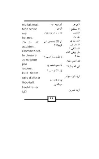 ‫.‪me fait mal‬‬            ‫ﺇﻜﹾﺯ ِﻴﻨﻴﻪ ﺴﻴﺕﹾ‬
                          ‫‪‬ﻤ ‪  ‬‬                  ‫ﺍﻟﺠﺭﺡ.‬
‫‪Mon oreille‬‬                   ‫ﺒِﻴ ‪‬ﻴﺭ.‬
                                  ‫‪‬ﻠ ﺴ‬             ‫ﻻ ﺃﺴﺘﻁﻴﻊ‬
‫‪me‬‬                ‫ﺠﺎ ﻨﺎ ﺒﺎ ﺏ ﺭﻴﺴ ِﻴﺭﺍ.‬
                      ‫‪‬ﺒ‬                             ‫ﺍﻟﺘﻨ ﹼﺱ.‬
                                                        ‫ﻔ‬
‫.‪fait mal‬‬                                            ‫ﻫل ﻤﻥ‬
‫‪J'ai eu un‬‬        ‫ﺃﻱ ِﻴل ﻨﻴﺴﻴ ‪‬ﻴﺭ ﺩﹼﻲ‬
                   ‫ﺴ ‪‬ﻟ‬        ‫ﺘ ْ‬                ‫ﺍﻟﻀﺭﻭﺭﻱ‬
                             ‫ﺃﹸﻭﺒﻴﺘل ؟‬
                               ‫َﻟ ﹶ ْ‬            ‫ﺍﻟﺫﻫﺎﺏ ﺇﻟﻰ‬
‫.‪accident‬‬
                                                ‫ﺍﻟﻤﺴﺘﺸﻔﻰ ؟‬
‫-‪Examinez cet‬‬
                                            ‫ﻫل ﻴﻨﺒﻐﻲ ﺍﻟﺒﻘﺎﺀ‬
‫.‪te blessure‬‬                                           ‫ﻫﻨﺎ ؟‬
                  ‫ﻓﻭ‪‬ﺘﻴل ﺭﻴﺴ ﹶﺎ ﺇﻴ ‪‬ﻲ ؟‬
                     ‫ِ ‪ ‬ﺘ ﺴ‬         ‫ﹸ‬
‫‪Je ne peux‬‬                                  ‫ﻟﻘﺩ ﺃﻏﻤﻲ ﻋﻠﻴﻪ.‬
‫‪pas‬‬                 ‫ﺃﻴل ﺴﻲ ﺘﻴﻔ ﹸﻭ ِﻱ.‬
                      ‫ﻨ ﻭ‬                   ‫ﺃﻴﻥ ﺍﻟﺼﻴﺩﻟﻴﺔ ؟‬
‫.‪respirer‬‬
                     ‫ُﻭﻭﺍ ﻻ ﻓﺭ ‪‬ﺴﻲ ؟‬
                         ‫‪‬ﻤ‬        ‫ﺃ‬
‫-‪Est-il néces‬‬
‫‪saire d'aller à‬‬                            ‫ﺃﺭﻴﺩ ﺸﺭﺍﺀ ﺩﻭﺍﺀ.‬
                         ‫ﺠﺎ ﻓﺎ ﺃ ﹼﺎﺘﺎ ﺩﺍ‬
                               ‫َﺸ‬
‫?‪l'hôpital‬‬
                             ‫ﻤﻴ‪‬ﺩﻴﻜ ‪‬ﺎﻥ.‬
                              ‫ﹶﻤ ‪‬‬
‫‪Faut-il rester‬‬
                                              ‫ﺃﺭﻴﺩ ﺃﺴﺒﺭﻴﻥ.‬
‫?‪ici‬‬

                        ‫٩٩‬
 
