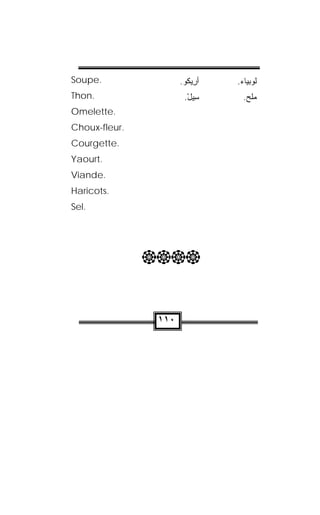 Soupe.                .‫ﺃ ِﻴﻜﻭ‬
                       ‫ﺭ ﹸ‬     .‫ﻟﻭﺒﻴﺎﺀ‬
Thon.                  .‫ِﻴل‬
                        ْ ‫ﺴ‬       .‫ﻤﻠﺢ‬
Omelette.
Choux-fleur.
Courgette.
Yaourt.
Viande.
Haricots.
Sel.




               


                ١١٠
 