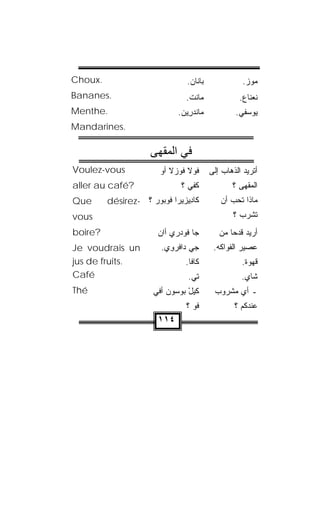 ‫.‪Choux‬‬                          ‫ﺒﺎﻨﺎﻥ.‬
                                 ‫‪‬‬                  ‫ﻤﻭﺯ.‬
‫.‪Bananes‬‬                       ‫‪‬ﺎﻨﺕ.‬
                                ‫ﻤﹾ ﹾ‬               ‫ﻨﻌﻨﺎﻉ.‬
‫.‪Menthe‬‬                      ‫‪‬ﺎﻨﺩ ِﻴﻥ.‬
                              ‫ﻤ ﹾ ‪‬ﺭ ‪‬‬           ‫ﻴﻭﺴﻔﻲ.‬
‫.‪Mandarines‬‬

                     ‫ﻓﻲ اﻟﻤﻘﻬﻰ‬
‫‪Voulez-vous‬‬             ‫ﻓﻭﻻ ﹸﻭﺯﻻ ﺃﻭ‬
                           ‫ﻓ ‪‬ﹼ‬          ‫ﺃﺘﺭﻴﺩ ﺍﻟﺫﻫﺎﺏ ﺇﻟﻰ‬
‫?‪aller au café‬‬                ‫ﹶﻔﻲ ؟‬
                                ‫ﻜ ‪‬‬             ‫ﺍﻟﻤﻘﻬﻰ ؟‬
‫‪Que‬‬      ‫ﻜﺎ ِﻴﺯﻴﺭﺍ ﹸﻭﺒﻭﺭ ؟ -‪désirez‬‬
                    ‫ﻓ ‪ ‬‬     ‫ﺩ‬            ‫ﻤﺎﺫﺍ ﺘﺤﺏ ﺃﻥ‬
‫‪vous‬‬                                            ‫ﺘﺸﺭﺏ ؟‬
‫?‪boire‬‬                 ‫ﺠﺎ ﻓﻭﺩ‪‬ﺭﻱ ﺃﺍﻥ‬
                       ‫‪ ‬‬                  ‫ﺃﺭﻴﺩ ﻗﺩﺤﺎ ﻤﻥ‬
                                               ‫ﹰ‬
‫‪Je voudrais un‬‬          ‫ﺠﻲ ﺩﺍﻓﹾﺭﻭﻱ.‬
                         ‫ِ ‪‬‬              ‫ﻋﺼﻴﺭ ﺍﻟﻔﻭﺍﻜﻪ.‬
‫.‪jus de fruits‬‬                 ‫ﻜﺎﻓﺎ.‬               ‫ﻗﻬﻭﺓ.‬
‫‪Café‬‬                            ‫ﺘﻲ.‬                ‫ﺸﺎﻱ.‬
‫‪Thé‬‬                   ‫ﻜﻴل ﺒﻭﺴﻭﻥ ﺃﻓﻲ‬
                      ‫‪    ْ ‬‬       ‫ـ ﺃﻱ ﻤﺸﺭﻭﺏ‬
                                ‫ﹸﻭ ؟‬
                                   ‫ﻓ‬             ‫ﻋﻨﺩﻜﻡ ؟‬
                       ‫٤١١‬
 