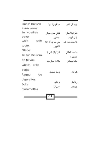 ‫‪Quelle boisson‬‬           ‫‪‬‬
                       ‫ﺠﺎ ﻓﻭﺩ‪‬ﺭﺍ ﺒﺎﻴﺎ.‬     ‫ﺃﺭﻴﺩ ﺃﻥ ﺃﺩﻓﻊ.‬
‫?‪avez- vous‬‬
‫‪Je voudrais‬‬          ‫ﻜﺎﻓﻲ ‪‬ﺎﻥ ﺴﻴﻜﺭ.‬
                      ‫ﺴ ‪ ‬ﹾ‪‬‬              ‫ﻗﻬﻭﺓ ﺒﻼ ﺴ ﹼﺭ.‬
                                            ‫ﻜ‬
‫‪payer‬‬                         ‫ﺠ‪‬ﻼﺱ.‬
                               ‫‪‬‬             ‫ﺁﻴﺱ ﻜﺭﻴﻡ.‬
‫‪Café‬‬          ‫‪sans‬‬   ‫ﺠﻲ ﺴﻭﻱ ُﺍﺭﺍ ﺩﺍ‬
                           ‫‪  ِ‬ﺃ‬        ‫ﺃﻨﺎ ﺴﻌﻴﺩ ﺒﻤﺭﺁﻙ.‬
‫.‪sucre‬‬                        ‫ﺘﺎ ﻓﻭﺭ.‬
                               ‫ﹾ‪ ‬‬
‫‪Glace‬‬
                      ‫ﻜﺎل ﺒﺎل ﺒﻠﺱ !‬
                        ‫ْ ْ ‪‬ﹶ ‪‬‬           ‫ﻤﺎ ﻫﺫﺍ ﺍﻟﻤﻜﺎﻥ‬
‫‪Je suis heureux‬‬
                                                ‫ﺍﻟﺠﻤﻴل !‬
‫.‪de te voir‬‬           ‫‪‬ﻜﺎ ﺩﺍ ِﻴ ﹶﺭﻴﺕ.‬
                       ‫ﺴﻜ ‪ ‬ﹾ‬       ‫ﺒ‬       ‫ﻋﻠﺒﺔ ﺴﺠﺎﺌﺭ.‬
‫‪Quelle belle‬‬
‫!‪place‬‬
                         ‫ﺒﻭﺕ ﺩﹼﻤﻴﺕ.‬
                          ‫‪  ‬ﹾ ‪‬ﻟ ‪ ‬ﹾ‬           ‫ﻜﺒﺭﻴﺘﺔ.‬
‫‪Paquet‬‬         ‫‪de‬‬
‫.‪cigarettes‬‬
                              ‫ﺒ ِﻴﻜﻲ.‬
                               ‫‪‬ﺭ ‪‬‬              ‫ﻭﻻﻋﺔ.‬
‫‪Boîte‬‬
                             ‫‪‬ﻭﺭﻨل.‬
                              ‫ﺠ ‪‬ﹶ ْ‬             ‫ﺠﺭﻴﺩﺓ.‬
‫.‪d'allumettes‬‬

                       ‫٥١١‬
 